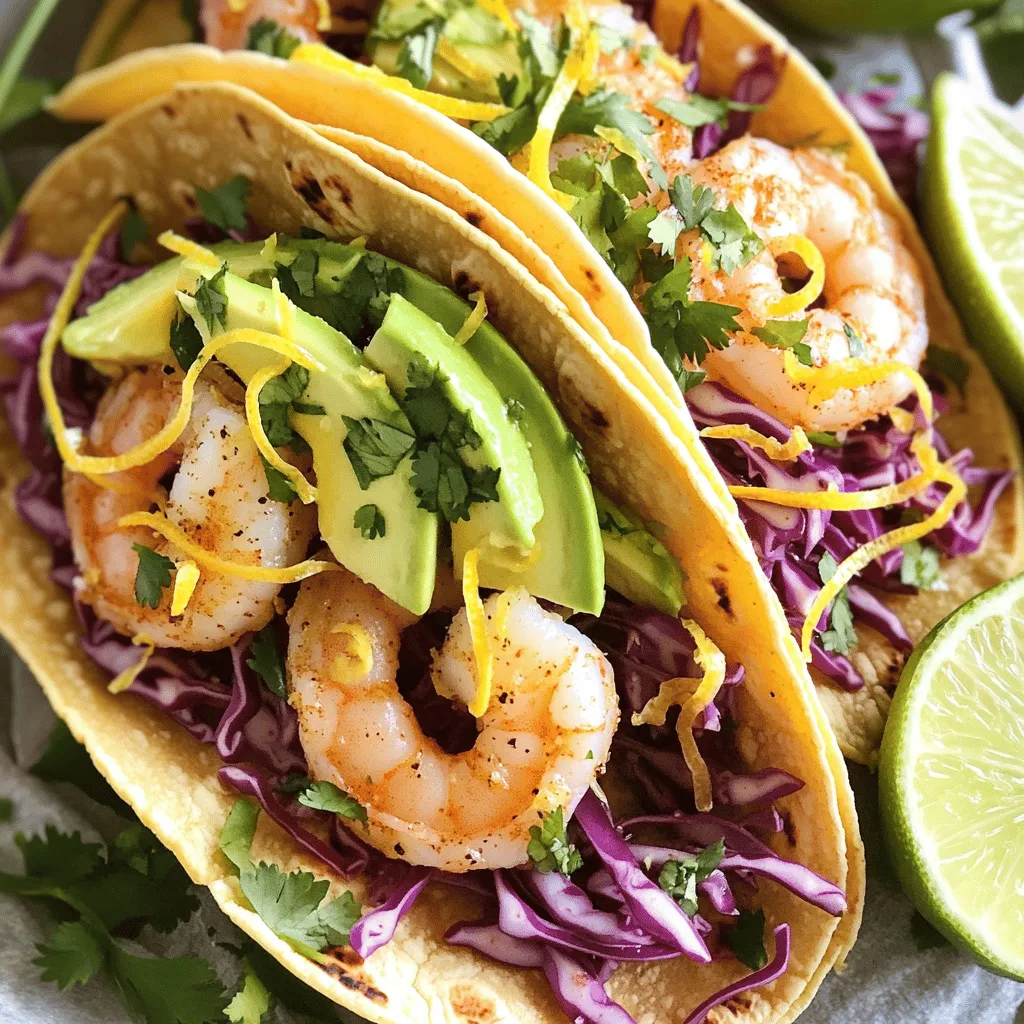 To make Zesty Lemon Garlic Shrimp Tacos, gather these ingredients: - 1 lb (450g) large shrimp, peeled and deveined - 3 tablespoons olive oil - 4 cloves garlic, minced - Zest and juice of 2 lemons - 1 teaspoon smoked paprika - 1 teaspoon chili powder - Salt and pepper to taste - 8 small corn or flour tortillas - 1 cup shredded red cabbage - 1 avocado, sliced - Fresh cilantro, chopped, for garnish - Lime wedges for serving These fresh ingredients create a bright and lively taste. When cooking shrimp, fresh shrimp often taste better. Fresh shrimp have a sweet flavor and firm texture. However, frozen shrimp can be just as good. They are often frozen right after being caught, keeping them fresh. If you use frozen shrimp, thaw them in the fridge overnight. Quick thawing in cold water works too. Just avoid using hot water, as it can cook them. Toppings add extra flavor and crunch to your tacos. Here are some tasty options: - Diced tomatoes for freshness - Sliced jalapeños for heat - Crumbled queso fresco for creaminess - A drizzle of lime crema for tang Feel free to mix and match these toppings. The right toppings can make your tacos unique and fun. For the full recipe, check out the detailed steps to create your meal. To start, gather your shrimp and the marinade. In a bowl, mix olive oil, minced garlic, lemon zest, lemon juice, smoked paprika, chili powder, salt, and pepper. Whisk until it is smooth. Add the shrimp to the marinade and toss well to coat. Let it sit for 15-20 minutes. This time allows the shrimp to soak up all the zesty flavors. Next, heat a large skillet over medium-high heat. Once the skillet is hot, add the marinated shrimp. Cook them for about 2-3 minutes on each side. You will know they are done when they turn pink and opaque. Remove the shrimp from the heat and set them aside. This quick cooking keeps them juicy and flavorful. While your shrimp cooks, it's time to warm the tortillas. In a separate pan, place the tortillas and heat them for about 30 seconds on each side. You want them to be soft and pliable. Warming the tortillas makes them easier to fold and helps them hold all the tasty fillings. For the full recipe, check out the detailed steps provided earlier. To make the best marinade, use fresh ingredients. I like to mix olive oil, minced garlic, lemon zest, and lemon juice. This combo brings life to the shrimp. Add smoked paprika and chili powder for a nice kick. Make sure to season with salt and pepper. Whisk it all together until smooth. Then, toss the shrimp in the marinade. Let it sit for 15-20 minutes. This allows the flavors to soak in. Cooking shrimp takes just a few minutes. Heat a large skillet over medium-high heat. Once hot, add the marinated shrimp. Cook for 2-3 minutes on each side. Watch for the shrimp to turn pink and opaque. This shows they are done. Don't overcook them! Overcooked shrimp can become tough. If you’re unsure, take one out to taste. When serving, warm the tortillas first. This helps them fold easily. Use small corn or flour tortillas for this recipe. Place a few shrimp on each tortilla. Add a handful of shredded red cabbage for crunch. Avocado slices add creaminess and flavor. Don’t forget the fresh cilantro on top! Serve with lime wedges on the side for extra zing. For a full guide, check the Full Recipe. {{image_2}} You can switch shrimp for chicken or fish. Both cook quickly and absorb flavors well. Try using firm white fish like cod or tilapia. These options will give a nice texture. Chicken thighs are juicy and add a rich taste. Just remember to adjust cooking time based on the protein you choose. For gluten-free tacos, use corn tortillas. They provide a great flavor and texture. You can also use lettuce wraps for a low-carb option. Large leaves of romaine work well. They add a nice crunch while keeping things light and fresh. These swaps keep your meal vibrant and fun. To boost flavor, add diced tomatoes or mango salsa. These ingredients add sweetness and freshness. You can also mix in jalapeños for a spicy kick. For a creamy touch, try a drizzle of sour cream or a yogurt sauce. These enhancements make your tacos even more exciting and delicious. For the full recipe, check out the details above! To keep your tacos fresh, wrap them tightly in plastic wrap. You can also use an airtight container. This helps stop air from getting in and keeps the flavors intact. If you have leftover shrimp, store it separately from the tortillas and toppings. This keeps everything crisp. When you want to enjoy your leftovers, take the shrimp out. Heat it in a skillet over medium heat for about 2-3 minutes. Stir it gently to ensure even heating. For tortillas, warm them in a pan for about 30 seconds on each side. This way, they will be soft and tasty again. Leftover tacos can stay in the fridge for up to three days. If you store the shrimp separately, it can last for about three days too. Make sure to check for any signs of spoilage before eating. Follow these tips to enjoy your zesty lemon garlic shrimp tacos even after the first meal. For the complete recipe, check out the Full Recipe. You want sides that complement the fresh flavors of the tacos. Here are a few ideas: - Mexican rice: Its mild flavor pairs well with zesty shrimp. - Black beans: They add protein and a creamy texture. - Corn salad: The sweetness of corn brightens each bite. - Chips and salsa: Crunchy chips with fresh salsa add a fun touch. - Guacamole: Creamy and rich, it balances the tacos’ zest. Yes, you can prepare parts of this recipe ahead of time. Marinate the shrimp and keep it in the fridge for up to two hours. This lets the flavors soak in. You can also prep your toppings. Chop your cabbage, avocado, and cilantro ahead of time. Store them in separate containers. Warm the tortillas just before serving for the best taste. If you need a garlic substitute, try these options: - Shallots: They have a mild, sweet flavor like garlic. - Garlic powder: Use a smaller amount, as it is more concentrated. - Onion powder: This gives a savory taste without the garlic. - Ginger: It adds a warm note that complements the shrimp well. Feel free to explore these ideas to find what works best for you. You can check the full recipe for details on how to make these delicious tacos. In this article, we explored how to make zesty lemon garlic shrimp tacos. We covered all the key ingredients, from fresh shrimp to optional toppings. I shared step-by-step instructions, tips for juicy shrimp, and fun variations to try. You learned the best storage methods and answers to common questions. These tacos are simple to craft and packed with flavor. Enjoy making them and sharing with friends. You’ll impress everyone with this tasty dish. Happy cooking!