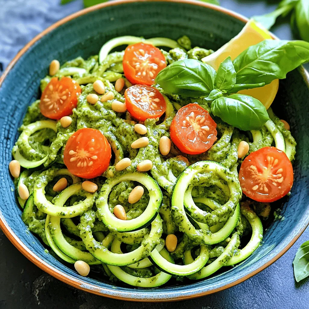 To start, you need fresh zucchinis. I like to choose medium-sized ones. They are firm and have a nice color. You will need four zucchinis. Spiralizing them makes long, noodle-like strands. If you don’t have a spiralizer, a peeler works too. Just slice them into thin strips. Now, let's talk about the pesto sauce. This is where the magic happens. Here’s what you need for the pesto: - 1 cup fresh basil leaves - 1/4 cup toasted pine nuts - 1/4 cup grated Parmesan cheese - 2 cloves garlic, minced - 3 tablespoons olive oil - Juice of 1 lemon - Salt and pepper to taste These ingredients create a fresh and vibrant flavor. The basil and garlic are key players here. The lemon juice adds a nice zing to the sauce. To make your dish even better, consider these optional garnishes: - Cherry tomatoes, halved - Extra pine nuts, for garnish These garnishes add color and texture. The cherry tomatoes give a slight sweetness that balances the pesto. I love adding a sprinkle of extra pine nuts for crunch. For the full recipe, be sure to check out the [Full Recipe]. This dish is not only tasty but also very fresh and healthy. Enjoy making it! To start, take four medium zucchinis. I like to spiralize them for fun noodle shapes. You can also use a vegetable peeler if you don’t have a spiralizer. Just slice the zucchini into thin strips. Aim for long strands. This makes them easy to toss with the pesto later. Once you have your zucchini noodles ready, set them aside. Next, let’s make the pesto. Grab your food processor. Add one cup of fresh basil leaves and a quarter cup of toasted pine nuts. Then, toss in a quarter cup of grated Parmesan cheese and two minced garlic cloves. Squeeze the juice of one lemon into the mix. Pulse everything together until it’s well combined. Now, while the processor runs, slowly add three tablespoons of olive oil. Keep blending until the pesto is smooth and creamy. Don’t forget to taste it! Add a pinch of salt and pepper if needed. Now it’s time to combine everything. Heat a large skillet over medium heat. Add a splash of olive oil to the pan. Once hot, add the spiralized zucchini noodles. Sauté them for about two to three minutes. You want them to be tender but still firm. After that, remove the skillet from the heat. Stir in your homemade pesto. Make sure all the noodles are well coated. For a vibrant touch, serve the noodles in bowls. Top with halved cherry tomatoes and extra toasted pine nuts for crunch. Enjoy this fresh dish! For the complete recipe, check out the Full Recipe. To get the best texture, start by using fresh zucchinis. Look for firm zucchinis without soft spots. Spiralize them to make long, thin noodles. If you have a vegetable peeler, you can create thin strips instead. After spiralizing, you can lightly salt them. This draws out excess water, which helps prevent sogginess. Let them sit for about 10 minutes, then pat them dry with a paper towel. This simple step makes a big difference. To take your pesto to the next level, use fresh ingredients. Fresh basil makes the pesto bright and fragrant. Toast your pine nuts before adding them. This brings out their nutty flavor. When blending, add a squeeze of lemon juice for a zing. If you want more flavor, add an extra clove of garlic. Taste the pesto as you mix. Adjust salt and pepper to suit your taste. This ensures every bite bursts with flavor. When serving zucchini noodles with pesto, presentation matters. Use colorful bowls to make the dish pop. Top with halved cherry tomatoes for a fresh touch. A sprinkle of extra toasted pine nuts adds crunch. You can also add a sprig of fresh basil on top. For a fun twist, serve with a wedge of lemon. This adds a bright note that pairs well with the dish. Enjoy your meal with a side salad or some crusty bread to soak up the extra pesto. For the full recipe, check out Zesty Zucchini Noodles with Pesto. {{image_2}} You can add protein to your zucchini noodles for a heartier meal. Grilled chicken works well. Simply slice it and toss it on top. Shrimp is another great choice. Just sauté the shrimp in olive oil until pink. For a unique twist, try chickpeas. They add texture and flavor. If you want a vegetarian dish, keep the Parmesan cheese. For a vegan option, swap the cheese for nutritional yeast. This still gives you a cheesy taste, but without dairy. You can also add more veggies like bell peppers or spinach. They boost the nutrients and add color. Pine nuts are great, but not the only option. Walnuts can add a rich flavor to your pesto. Cashews work too and make it creamy. If you have nut allergies, use sunflower seeds instead. They provide a nice crunch and are safe for most diets. To store leftover zucchini noodles, place them in an airtight container. Keep them in the fridge. They are best eaten within two days. This helps maintain taste and texture. Avoid piling them too high; this can make them mushy. If you have leftover pesto, store it separately. When reheating zucchini noodles, use a skillet. Heat it on medium-low. Add a tiny splash of olive oil. This keeps the noodles from sticking. Stir gently for about two minutes. This warms them without cooking them too much. You want them to stay tender and fresh. To keep pesto fresh, store it in a jar. Pour a thin layer of olive oil on top. This seals in flavor and keeps it from browning. Seal the jar tightly and place it in the fridge. Pesto can last up to a week this way. If you want to keep it longer, freeze it in ice cube trays. Once frozen, transfer the cubes to a bag. This makes it easy to use later! For the full recipe, check out the Zesty Zucchini Noodles with Pesto. Yes, you can use store-bought pesto. It saves time and still tastes great. Just look for a brand with fresh ingredients. Check for basil, olive oil, and nuts in the list. This way, you still get yummy flavors without the work. You can make zucchini noodles using a vegetable peeler. Just peel long strips from the zucchini. Keep going until you reach the core. You can also use a box grater. Grate the zucchini lengthwise for thin noodle-like strands. It’s simple and fun! Zucchini noodles and pesto pair well with many foods. Try grilled chicken or shrimp for protein. You can also add roasted veggies for more flavor. A side salad with fresh greens works nicely too. Don't forget a sprinkle of extra cheese or nuts on top! Zucchini noodles with pesto are easy and fun to make. We started with fresh zucchini, then created a yummy homemade pesto. I shared tips on getting the best texture and flavor. You can even change it up with proteins or nuts. Always remember to store leftovers correctly for the best taste. Enjoy this dish as a quick meal. It's healthy, simple, and packed with flavor. Dive into this recipe and make it your own!