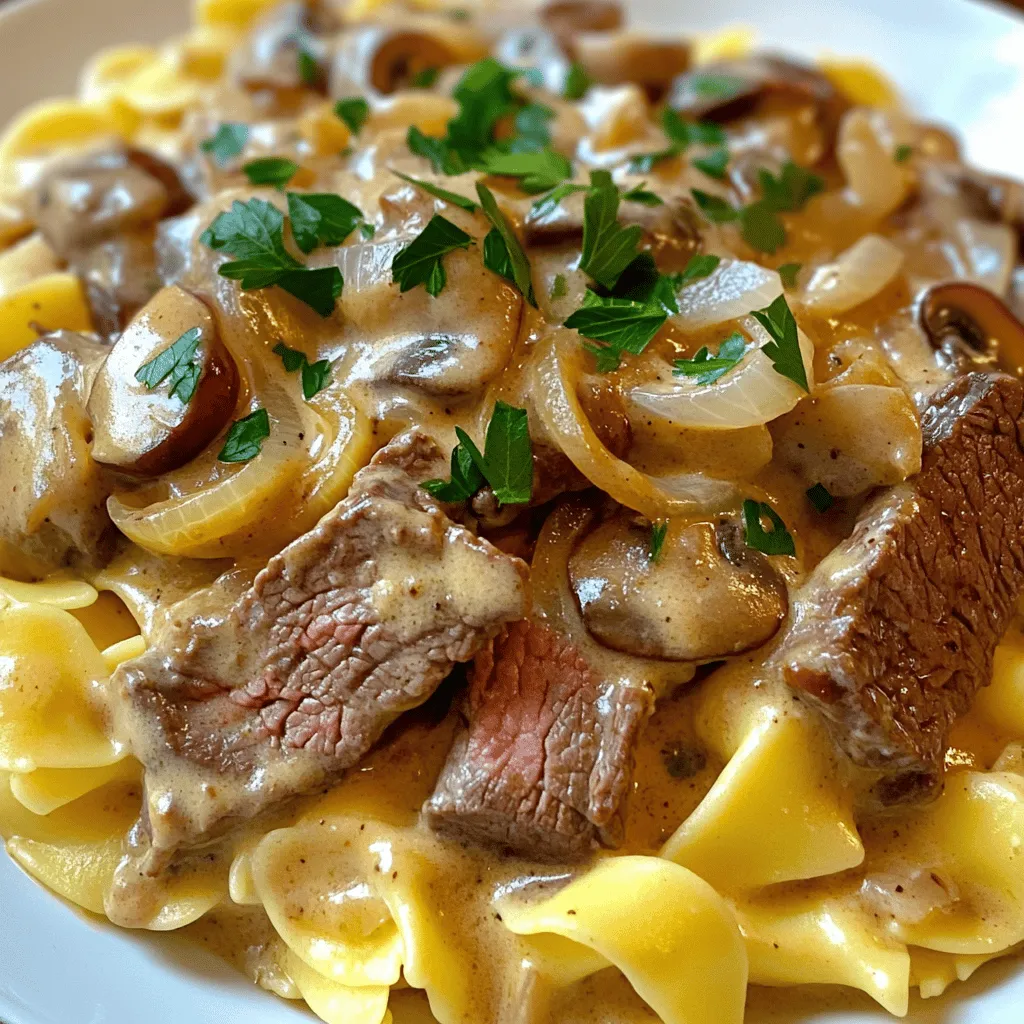 To make a tasty beef stroganoff, gather these ingredients: - 1 lb beef sirloin, cut into thin strips - 1 medium onion, sliced - 2 cloves garlic, minced - 1 cup mushrooms, sliced (cremini or button) - 1 cup beef broth - 1 cup sour cream - 2 tablespoons all-purpose flour - 2 tablespoons olive oil - 1 tablespoon Worcestershire sauce - Salt and pepper to taste - Fresh parsley, chopped (for garnish) - Egg noodles or rice (for serving) These ingredients provide the classic flavors and rich textures you want in this dish. Choosing the right ingredients makes a big difference. Here are my tips: - Beef: Use fresh, high-quality beef sirloin for the best taste. - Mushrooms: Opt for cremini for a deeper flavor, but button mushrooms work too. - Sour Cream: Full-fat sour cream gives a creamier texture and richer taste. - Stock: Use low-sodium beef broth to control the salt level in your dish. - Parsley: Fresh parsley adds color and a bright finish when you garnish your meal. Investing in quality ingredients elevates the overall flavor of your beef stroganoff. If you have dietary needs, here are some swaps: - Beef: Try chicken or tofu for a lighter version. - Sour Cream: Use Greek yogurt for a tangy twist and less fat. - Flour: Substitute with cornstarch or a gluten-free flour for a gluten-free option. - Broth: Vegetable broth works well for a vegetarian dish. These alternatives allow everyone to enjoy this comforting meal, no matter their diet. For the full recipe, be sure to check out the complete details. Before you start cooking, gather all your ingredients. This makes the process smooth and fun. Here’s what you need: - 1 lb beef sirloin, cut into thin strips - 1 medium onion, sliced - 2 cloves garlic, minced - 1 cup mushrooms, sliced (cremini or button) - 1 cup beef broth - 1 cup sour cream - 2 tablespoons all-purpose flour - 2 tablespoons olive oil - 1 tablespoon Worcestershire sauce - Salt and pepper to taste - Fresh parsley, chopped (for garnish) - Egg noodles or rice (for serving) Make sure your beef is tender. Slice it thinly for the best texture. Chop the onion and garlic finely to bring out their flavors. Slice the mushrooms so they cook evenly. Now, let’s cook! Heat the olive oil in a large skillet over medium-high heat. Add the sliced onions. Cook until they look clear, about 3-4 minutes. Stir in the minced garlic for a fragrant touch. Next, add the beef strips. Sprinkle them with salt and pepper. Sear the beef until it’s brown all over, about 4-5 minutes. This step makes the meat savory and delicious. Then, stir in the sliced mushrooms. Cook them until they soften, about 3-4 minutes. Now, sprinkle the flour over the meat and mushrooms. Stir everything together. This helps to thicken your sauce later. Gradually pour in the beef broth while stirring. This keeps the sauce smooth, so no lumps form. Bring this mixture to a simmer and let it cook for around 5 minutes until it thickens slightly. Once your sauce is thick, lower the heat. Stir in the Worcestershire sauce and sour cream. Mix until the sour cream is well blended. Avoid boiling the mixture, as this can change the texture. Taste the sauce and adjust salt and pepper if needed. Now, it’s time to serve! Place the stroganoff over cooked egg noodles or rice. This adds a comforting touch to your dish. Finally, sprinkle freshly chopped parsley on top. It adds a pop of color and freshness. Enjoy your savory beef stroganoff, a meal that feels like a warm hug! For the complete recipe, check out the Full Recipe section. To get tender beef, I recommend using sirloin. Cut it into thin strips. This allows the beef to cook fast and stay juicy. Sear it in a hot pan. Do not overcrowd the skillet. This helps the beef brown nicely. Cook it until it is just browned. Overcooking will make it tough. Add depth to your stroganoff with spices. A pinch of paprika gives warmth. You can also try thyme or rosemary for a fresh taste. Worcestershire sauce adds umami, making the dish richer. Serve it over egg noodles or rice. The starch will soak up the sauce well. Many cooks rush when cooking beef. This can lead to overcooking. Always use high heat to sear the beef. Another mistake is boiling the sour cream. This can cause it to curdle. Add sour cream at low heat for a smooth mix. Lastly, don’t forget to season well. Salt and pepper enhance all the flavors in the dish. Check the Full Recipe for more details. {{image_2}} Classic Beef Stroganoff has many ways to enjoy it. You can use different meats. Try chicken or pork for a twist. You can also switch the noodles. Use rice, mashed potatoes, or even zucchini noodles. Each change gives a new taste and feel. Add herbs like thyme or rosemary for extra flavor. You can make it spicy with paprika or cayenne. Each variation can please different palates and moods. You can make a tasty vegetarian or vegan version, too. Use mushrooms as the main protein. They give a rich flavor and meaty texture. Swap beef broth for vegetable broth. Replace sour cream with cashew cream or a dairy-free yogurt. You can also add tofu for extra protein. This makes a hearty meal that everyone can enjoy. You can cook Beef Stroganoff on the stovetop or in a slow cooker. The stovetop method is quick. It takes about 30 minutes, and you can enjoy it fast. For the slow cooker, add all ingredients and cook on low for 6-8 hours. This method allows the flavors to meld beautifully. Both methods yield a delicious dish, so choose what fits your time best. For the full recipe, check out the details above. After you enjoy your Beef Stroganoff, cool it to room temperature. Place it in an airtight container. Make sure to store it in the fridge. It will stay fresh for up to three days. For best taste, eat it within this time. When you’re ready to reheat, use a skillet or microwave. If using a skillet, heat over low heat. Add a splash of beef broth or water to keep it moist. Stir gently until hot. If using a microwave, cover the dish to keep moisture in. Heat it for one minute, then stir. Repeat until it’s hot enough. You can freeze Beef Stroganoff for later. Use a freezer-safe container for storage. It can last up to three months in the freezer. When you’re ready to eat, thaw it overnight in the fridge. Reheat it gently on the stove or microwave, adding a little broth to restore moisture. For the full recipe, check the main article. Classic Beef Stroganoff goes great with several sides. You can serve it with egg noodles or rice. Both options soak up the rich sauce. You might also enjoy a fresh salad. A simple green salad adds crunch and balance. Steamed vegetables, like broccoli or green beans, work well too. They add color and nutrition to your meal. Garlic bread is another favorite. It’s perfect for mopping up the sauce! Yes, you can make Classic Beef Stroganoff ahead of time. It stores well in the fridge for up to three days. Just cool it down before putting it in a container. When you are ready to eat, reheat it gently on the stove. Add a little water or broth to keep it from being too thick. This dish often tastes better the next day as the flavors blend more. To thicken your Stroganoff sauce, you can use a few easy methods. One option is to add more flour. Mix a tablespoon of flour with a little cold water, then stir it in. Another option is to let the sauce simmer longer. This allows more liquid to cook off. You may also use cornstarch mixed with water for a gluten-free option. Just remember to stir well to avoid lumps. This blog post covered classic beef stroganoff from ingredients to storage. We explored essential ingredients, quality tips, and alternatives for diets. I shared step-by-step cooking instructions, boosting your confidence in the kitchen. The tips and tricks help achieve the perfect beef texture while avoiding mistakes. You can even try variations for every taste. In conclusion, mastering beef stroganoff brings comfort and warmth to any meal. Enjoy your cooking journey!