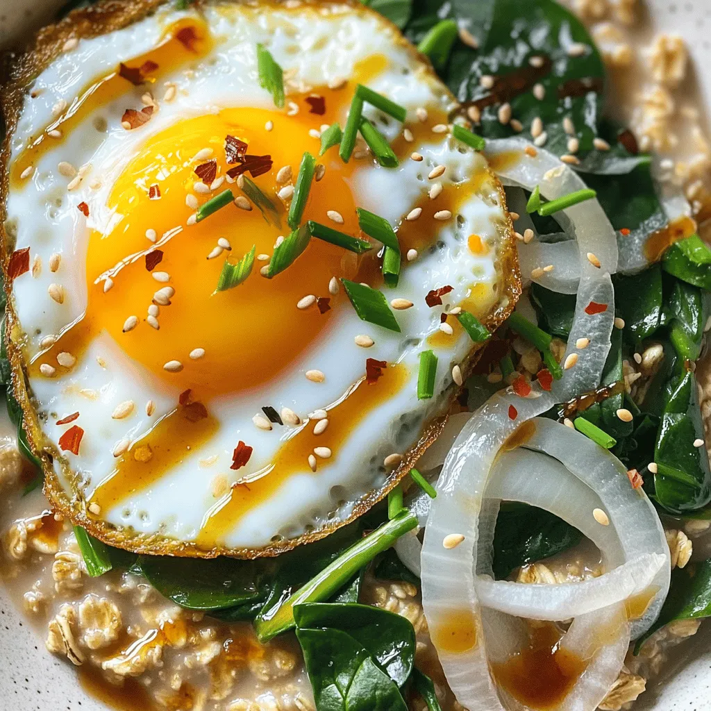 To make savory oatmeal with egg, you need the following ingredients: - 1 cup rolled oats - 2 cups vegetable broth (or water) - 1 tablespoon olive oil - 1 small onion, diced - 2 cloves garlic, minced - 1 cup spinach, chopped - 1 teaspoon soy sauce - 2 large eggs - Salt and pepper to taste - Crushed red pepper flakes (optional) - Fresh herbs (like chives or parsley) for garnish You can swap some ingredients if needed: - Use chicken broth instead of vegetable broth for a richer flavor. - Replace olive oil with avocado oil for a different taste. - If you don’t have spinach, try kale or arugula. - Use tamari instead of soy sauce for a gluten-free option. - For a vegan meal, replace eggs with tofu or chickpea scramble. Each ingredient adds something special: - Rolled oats provide fiber, keeping you full longer. - Vegetable broth adds flavor without extra calories. - Olive oil has healthy fats that support heart health. - Onion adds antioxidants, which help fight inflammation. - Garlic boosts your immune system and adds flavor. - Spinach is rich in vitamins A and C, plus iron. - Soy sauce adds umami and a touch of sodium. - Eggs are a great source of protein and nutrients. - Salt and pepper enhance the overall taste of the dish. - Crushed red pepper flakes can help boost metabolism. - Fresh herbs not only add color but also pack in vitamins. This dish is not just tasty but also packed with nutrition! For the full recipe, check out the [Full Recipe]. To start, gather your ingredients. You will need rolled oats, vegetable broth, and a few veggies. The onion and garlic bring a nice flavor. Spinach adds color and nutrition. Eggs are the star of this dish. First, boil two cups of vegetable broth in a medium saucepan. Once it boils, stir in one cup of rolled oats. Lower the heat and let it simmer for five minutes. Stir occasionally to keep it creamy. The oats should be soft and ready to mix. After cooking, take the saucepan off the heat. Now, add your sautéed veggies. This mix includes the onion, garlic, and spinach. The soy sauce adds a nice touch. Season with salt and pepper to taste. Mix well and set aside. For the eggs, use a small non-stick pan. Heat it over medium heat, and add a little oil if needed. Crack each egg into the pan gently. You can cook them sunny-side up or over-easy. Watch the whites cook until firm. Remove them when the yolks are still runny for a creamy touch. Now that your eggs are done, it’s time to serve. Divide the savory oatmeal into bowls. Top each bowl with a fried egg. If you want some heat, sprinkle crushed red pepper flakes on top. Don’t forget to add fresh herbs for a tasty finish. For the full recipe, check the [Full Recipe]. To make creamy oatmeal, use rolled oats. They cook well and become soft. Always use plenty of liquid, like vegetable broth or water. A 2:1 ratio of liquid to oats is best. Stir often while cooking. This helps release the starch. It gives your dish a creamy texture. For an extra touch, let the oatmeal sit for a minute after cooking. This helps it thicken. You can add many flavors to your savory oatmeal. Start with salt and pepper for basic taste. Then, think about your favorite spices. Paprika or cumin can add warmth. A splash of soy sauce gives a nice umami flavor. You can also try hot sauce for some heat. Fresh herbs like chives or parsley brighten the dish. Experiment with different toppings for a fun twist. Cooking eggs can be simple with a few tips. Use a non-stick pan to prevent sticking. Heat your pan over medium heat. This keeps the eggs from cooking too fast. Crack the eggs gently to avoid shells in your meal. For sunny-side up eggs, cover the pan with a lid. This helps cook the top without flipping. If you prefer over-easy, gently flip the egg after the whites are set. This method keeps the yolk runny and delicious. {{image_2}} You can easily make savory oatmeal vegetarian or vegan. For a vegetarian twist, leave out the eggs or replace them with a poached egg. For a vegan version, swap the eggs for avocado or a dollop of hummus. You can also add nutritional yeast for a cheesy flavor. Savory oatmeal shines with global flavors. Try adding miso paste for a Japanese touch. For a Mexican vibe, mix in black beans, corn, and salsa. If you crave Italian, stir in sun-dried tomatoes and basil. Each variation brings a new taste experience. Toppings can change your bowl of oatmeal. Some good options include: - Sliced avocado - Crumbled feta cheese - Chopped nuts or seeds - Cooked mushrooms - Roasted vegetables - Hot sauce These add-ins make your savory oatmeal unique and fun. You can find your own favorite mix! Enjoy the Full Recipe to explore these ideas further. To keep your savory oatmeal fresh, store it in an airtight container. Let it cool first. Place it in the fridge for up to three days. This way, it stays tasty and ready for you. When reheating, add a splash of water or broth. This helps restore its creamy texture. Heat it gently on the stove or in the microwave. Stir occasionally to ensure even heating. You can also freeze savory oatmeal for later. Use a freezer-safe container and portion it out. Allow some space for expansion. Thaw it overnight in the fridge before reheating. Enjoy your meal prep and reduce waste! Yes, you can use instant oats for savory oatmeal. Instant oats cook quickly, so reduce the cooking time to about 1-2 minutes. Just add them to boiling vegetable broth or water. The texture will be softer than rolled oats, but it will still taste great. You can get creative with toppings! Here are some ideas: - Sliced avocado for creaminess - Shredded cheese for a savory kick - Cooked bacon or sausage for added protein - Cherry tomatoes for a fresh burst - Sautéed mushrooms for an umami flavor These toppings can enhance your dish and add new flavors. Absolutely! Savory oatmeal is great for meal prep. You can cook a big batch and store it in the fridge for up to 4 days. Just keep the eggs separate until you're ready to eat. Reheat the oatmeal on the stove or in the microwave, and then top with a fresh egg. This makes for a quick and tasty meal any time! Savory oatmeal with egg offers a tasty, healthy meal. We explored key ingredients and their benefits. I shared simple steps for cooking and tips for creamy results. You can even customize flavors for a unique dish. Storing leftovers also helps reduce waste. Remember, this flexible recipe fits different diets and tastes. Enjoy making it your own!