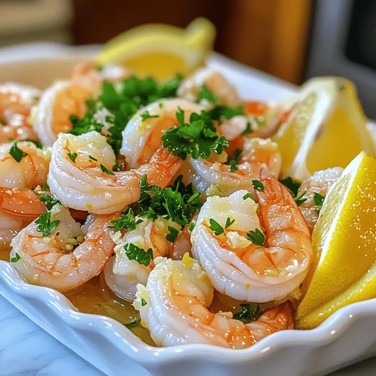 To make this dish, you need some key items: - 1 lb (450g) large shrimp, peeled and deveined - 4 cloves garlic, minced - 1/4 cup fresh lemon juice (about 2 lemons) - Zest of 1 lemon - 1/4 cup olive oil - 1 teaspoon red pepper flakes (adjust based on spice preference) - 1 teaspoon salt - 1/2 teaspoon black pepper - 2 tablespoons fresh parsley, chopped for garnish - Lemon wedges, for serving These ingredients create a fresh and bright flavor in the dish. You can add more flavor with these optional ingredients: - Fresh herbs like dill or cilantro - A splash of white wine for depth - Capers for a briny touch - Cherry tomatoes for sweetness These extras can change the taste and make it unique. To cook this meal, you will need: - A large bowl for mixing - A whisk to blend the marinade - A large skillet for cooking - A spatula for flipping the shrimp - A knife and cutting board for prep These tools help keep your cooking smooth and easy. For the full recipe, check the [Full Recipe]. To start, gather your ingredients. You will need garlic, lemon juice, lemon zest, olive oil, red pepper flakes, salt, and black pepper. In a large bowl, mix the minced garlic, lemon juice, lemon zest, and olive oil. Whisk this blend well. Next, add the red pepper flakes, salt, and black pepper. This mix will give your shrimp a bright and zesty flavor. Now, it’s time to marinate the shrimp. Add your cleaned shrimp to the bowl with the marinade. Toss them gently to coat every shrimp evenly. Let the shrimp soak in the marinade for at least 15-20 minutes. This step allows the flavors to penetrate and makes the shrimp taste amazing. When the shrimp finish marinating, heat a large skillet over medium-high heat. Once hot, add the shrimp along with the marinade to the skillet. Cook the shrimp for about 2-3 minutes on one side. You’ll know they are ready to flip when they turn pink. Flip them over and cook for another 1-2 minutes. Be careful not to overcook the shrimp; they cook quickly. Once they are done, take them off the heat. Sprinkle fresh parsley on top for a pop of color. Serve your zesty shrimp right away with lemon wedges on the side for extra zest. For more details, check out the Full Recipe. When you get shrimp, look for a few key signs. Fresh shrimp should smell like the ocean, not fishy. The shells should be firm, shiny, and moist. Also, check the color; look for a translucent appearance. If the shrimp are frozen, ensure they are well-packaged and not freezer-burned. Buy shrimp from a trusted source for the best quality. Cooking shrimp is quick. The ideal time is about 3-5 minutes. Cook it just until it turns pink and opaque. If you cook it too long, it becomes rubbery. Keep an eye on the shrimp; once it curls slightly, it’s almost done. Remember, shrimp cook fast, so timing is key! You can add more flavor to your shrimp. Try adding smoked paprika for a smoky taste. A pinch of cumin gives it warmth. For a tangy twist, toss in some capers. Fresh herbs like cilantro or basil can also brighten the dish. Feel free to get creative and adjust the spices to suit your taste. For the full recipe, check out the complete guide. {{image_2}} You can make this meal even better by adding vegetables. Try bell peppers, zucchini, or snap peas. Just chop them into bite-sized pieces. Toss them in the marinade with the shrimp. They will soak up the flavors. Cook the shrimp and veggies together in the skillet. This adds color and crunch to the dish. You can also grill or bake the shrimp for a different taste. For grilling, thread shrimp onto skewers. Brush them with the marinade. Grill over medium heat for about 2-3 minutes on each side. This will give them a nice smoky flavor. For baking, preheat your oven to 400°F (200°C). Place shrimp on a baking sheet and drizzle with marinade. Bake for 8-10 minutes until they are pink and firm. Both methods create a tasty meal. If you have dietary needs, you can swap some ingredients in this recipe. Use a different oil, like avocado oil, if you want a healthier fat. For a low-sodium option, skip the salt or use a salt substitute. If you're vegan, substitute shrimp with firm tofu or mushrooms. Marinate them the same way. You can still enjoy a zesty dish that fits your diet. Check out the Full Recipe for more ideas on making this dish your own. To store leftover zesty lemon garlic shrimp, place it in an airtight container. Make sure to cool the shrimp to room temperature before sealing the container. Store it in the fridge for up to three days. This keeps the shrimp fresh and safe to eat later. When you reheat the shrimp, do it gently. Use a skillet over low heat. Add a splash of water or broth to keep it moist. Stir often to heat it evenly. Avoid using the microwave, as it can make the shrimp tough and chewy. You can freeze leftover shrimp for future meals. Place the shrimp in a freezer-safe bag. Remove as much air as possible before sealing. This helps prevent freezer burn. You can freeze it for up to three months. When ready to eat, thaw it in the fridge overnight before reheating. For the best taste, enjoy it soon after freezing. For the full recipe, check the [Full Recipe]. Zesty Lemon Garlic Shrimp goes well with many sides. Try it with pasta for a filling meal. Rice also complements the shrimp nicely, soaking up the tasty sauce. A fresh salad adds crunch and brightness. Grilled vegetables balance the meal with their smoky flavor. You can serve it with crusty bread to soak up the lemony juices. These pairings enhance the shrimp's bold taste. Yes, you can use frozen shrimp. Just make sure to thaw them first. Place the shrimp in cold water for about 15-20 minutes. This keeps them from cooking while they thaw. Once thawed, drain and pat them dry before marinating. The flavor will still shine through, even with frozen shrimp. Look for shrimp that are peeled and deveined for ease. You can marinate the shrimp for about 15-20 minutes. This time allows the flavors to soak in. If you want a stronger taste, you can marinate for up to 30 minutes. Avoid marinating for longer than that. The acid from the lemon juice can begin to cook the shrimp. This can make them tough. Enjoy the zesty flavor with the right marinating time. For the full recipe, check out the previous sections. In this post, we explored the key ingredients and tools needed for zesty lemon garlic shrimp. I guided you through each step from marinating to cooking. We shared tips to choose fresh shrimp and offered fun variations to suit your taste. Plus, I covered how to store and reheat leftovers to keep their flavor. Remember, making this dish can be simple and enjoyable. You can customize it, ensuring every bite is delicious. Enjoy your shrimp and happy cooking!