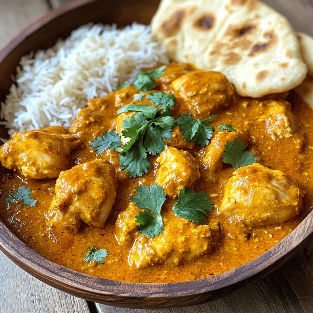 - 1.5 lbs boneless, skinless chicken thighs - 1 medium onion, finely chopped - 4 cloves garlic, minced - 1 tablespoon fresh ginger, grated - 2 tablespoons garam masala - 1 tablespoon ground cumin - 1 tablespoon ground coriander - 1 teaspoon turmeric powder - 1 teaspoon paprika - 1 can (15 oz) crushed tomatoes - 1 cup coconut milk - 2 tablespoons plain yogurt - 2 tablespoons olive oil - Salt and pepper to taste To make a great slow cooker chicken tikka masala, you need these key ingredients. The chicken thighs bring rich flavor and tenderness. The onion, garlic, and ginger add depth and warmth. The spices, like garam masala and cumin, create a fragrant and tasty blend. The crushed tomatoes and coconut milk form a creamy, savory sauce. The yogurt makes the dish even richer and smoother. - Fresh cilantro for garnish - Serving options: basmati rice or naan You can use fresh cilantro to brighten the dish. It adds a nice color and flavor. Pair your chicken tikka masala with warm naan or fluffy basmati rice. These sides soak up the delicious sauce and round out your meal. For the full recipe, check out the complete instructions to create this dish. First, gather all your ingredients. In a large bowl, mix the chicken thighs with the chopped onion, minced garlic, and grated ginger. This step builds a strong flavor base. Make sure everything is mixed well. You want the chicken to soak up those tasty flavors. Next, take a separate bowl and combine the spices. Use garam masala, cumin, coriander, turmeric, paprika, salt, and pepper. This spice mix is key to your Chicken Tikka Masala. Once you mix them well, add this spice mixture to the chicken and onion blend. Stir until every piece is coated with the spices. Now, it's time to transfer everything to the slow cooker. Pour the chicken and spice mixture into the slow cooker. Add the crushed tomatoes and coconut milk. Stir gently to combine all the ingredients. Drizzle the olive oil over the top, then cover the slow cooker with its lid. Set your slow cooker to cook on low for 6-8 hours or on high for 3-4 hours. The chicken should be tender and fully cooked. The longer cooking time allows the flavors to meld beautifully. About 30 minutes before serving, stir in the plain yogurt. This adds a creamy texture and balances the spices. After stirring, taste the dish. Adjust the seasoning if needed. Finally, garnish with fresh cilantro before serving. Enjoy your savory Slow Cooker Chicken Tikka Masala with cooked basmati rice or warm naan. You can find the full recipe linked above for more details. Marinating the chicken makes a big difference. I recommend marinating for at least one hour. This helps the chicken soak up all the spices. You can even marinate it overnight for the best flavor. To achieve tender chicken, use thighs instead of breasts. Thighs have more fat, which keeps them juicy. Monitor the cooking time closely. Overcooking can make chicken dry. Serve your chicken tikka masala with basmati rice or warm naan. Both soak up the sauce well and enhance every bite. For a fresh touch, use chopped cilantro as a garnish. It adds color and flavor. You can also try adding lime wedges for a zesty kick. A sprinkle of sliced green onions can add a nice crunch too. For the full recipe, follow the steps carefully. Enjoy the savory flavors, and don't forget to share your creation! {{image_2}} You can easily change up the protein in this dish. If you want a lighter option, use chicken breast instead of thighs. Chicken breast has less fat and still tastes good. For a vegetarian twist, try paneer. Paneer absorbs flavors well and adds a nice texture. If you need a dairy-free version, swap coconut milk for almond milk or cashew cream. These options provide a creamy base without using dairy. You can also replace yogurt with a non-dairy yogurt, like coconut yogurt. This keeps the dish rich and tangy while being dairy-free. The spice level is key in Chicken Tikka Masala. If you love heat, add crushed chili peppers or cayenne pepper. Start with a small amount and taste as you go. This way, you can find the right heat for your taste buds. You can also play with different spice blends. Try adding curry powder for a different flavor profile. Garam masala is a classic choice, but mixing in some smoked paprika gives a nice twist too. Experiment with what you have in your spice rack to make it your own! For the full recipe, check [Full Recipe]. To store leftovers of Slow Cooker Chicken Tikka Masala, first let it cool. Then, place the dish in an airtight container. This keeps the flavors fresh. You can store it in the fridge for about 3 to 4 days. Always label your container with the date. This way, you won't forget how long it has been there. If you want to keep your Chicken Tikka Masala longer, freezing is a great option. First, let the dish cool completely. Then, transfer it to a freezer-safe container or freezer bag. Try to remove as much air as possible. This helps prevent freezer burn. You can freeze it for up to 3 months. When you’re ready to eat, thaw it in the fridge overnight. Reheat it on the stove or in the microwave. Stir it well to keep the sauce creamy. If it seems thick, add a splash of coconut milk to restore its texture. Enjoy your delicious meal at any time! What can I serve with Chicken Tikka Masala? You can serve Chicken Tikka Masala with basmati rice or naan. Both options soak up the rich sauce well. You might also try a fresh salad or roasted vegetables for added crunch and flavor. Can I make this dish ahead of time? Yes, you can make Chicken Tikka Masala ahead of time. It tastes even better the next day. Just store it in the fridge after cooling. Reheat gently before serving, and add a little yogurt for creaminess. How long does it take to cook in the slow cooker? Cooking in the slow cooker takes about 6-8 hours on low heat or 3-4 hours on high heat. The longer cooking time makes chicken super tender and lets the flavors meld perfectly. How to avoid drying out the chicken? To avoid drying out the chicken, use thighs instead of breast meat. They stay juicy and tender during long cooking times. Also, make sure to add enough liquid, like coconut milk or crushed tomatoes, to keep the chicken moist. You now have a clear guide to making Slow Cooker Chicken Tikka Masala. We discussed essential ingredients, the cooking steps, and tips for success. Remember, marinating is key for tender chicken. You can also make it your own by swapping ingredients or adjusting spice levels. Proper storage ensures that leftovers stay fresh. With this knowledge, you can confidently prepare this meal and impress your guests. Enjoy delicious flavors at your next dinner!