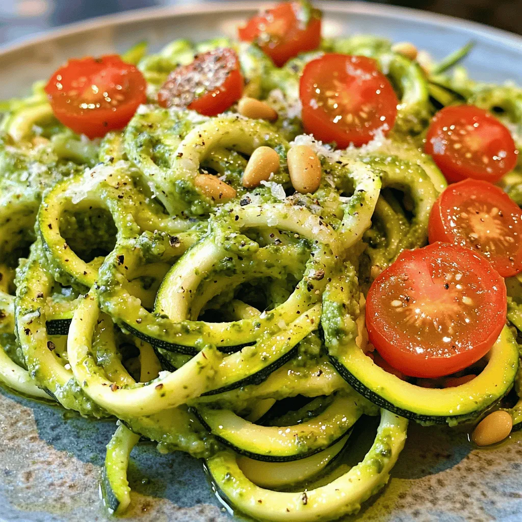 - Zucchini: 4 medium zucchinis, firm and fresh - Pesto Ingredients: - 1 cup fresh basil leaves - 1/4 cup pine nuts, toasted - 1/4 cup grated Parmesan cheese - 2 cloves garlic, minced - 1/4 cup extra virgin olive oil - Optional Garnishes: - Cherry tomatoes, halved - Red pepper flakes (for an extra kick) Zucchini noodles with pesto are a quick and tasty meal. I love how fresh and simple this dish is. The ingredients play a big role in flavor. Fresh zucchini gives a nice crunch. The pesto brings a bright green taste that makes every bite delightful. When choosing zucchinis, look for ones that are firm and smooth. They should be medium-sized, as they have the best flavor. For the pesto, fresh basil is key. It gives a rich taste. The pine nuts add a nice creaminess. Grated Parmesan cheese enhances the overall flavor. Garlic gives a punch, while olive oil ties everything together. For a bit of color, I like to add halved cherry tomatoes on top. If you like heat, sprinkle some red pepper flakes for added spice. This combination makes the dish not only tasty but also colorful and fun to eat. Check out the Full Recipe to see how to bring this meal to life! To start, you need to turn zucchini into noodles. You can do this in two ways: spiralizing or slicing. If you have a spiralizer, use it to create long, curly noodles. If you don’t, thinly slice the zucchini lengthwise. Then cut those slices into strips. After that, set the noodles aside. Next, prepare the zucchini for cooking. Wash the zucchinis well. Pat them dry with a towel. This helps remove excess moisture. Too much water can make the noodles soggy when cooked. Now, let’s make the pesto sauce. Gather your ingredients: fresh basil leaves, toasted pine nuts, grated Parmesan cheese, and minced garlic. Place these in a food processor. Pulse the mixture until it is chopped but still has some texture. With the processor running, slowly drizzle in the olive oil. This helps the sauce come together. Stop blending when it reaches a creamy texture. Season it with salt and pepper to taste. If you love a bit of spice, sprinkle in some red pepper flakes for extra kick. Now it’s time to cook the zucchini noodles. Heat a large skillet over medium heat. Add the zucchini noodles and sauté them for about 2 to 3 minutes. You want them tender but still firm. Be careful not to overcook them! Once the noodles are done, take the skillet off the heat. Toss the hot noodles with your freshly made pesto sauce. Make sure every noodle is well coated in that flavorful sauce. Serve right away, garnished with halved cherry tomatoes and more Parmesan cheese if you like. For the full recipe, check out the details above. To make the best zucchini noodles, avoid soggy textures. Here are some key tips: - Cooking Time: Sauté the noodles for just 2-3 minutes. This keeps them crunchy. - Techniques: Use medium heat to prevent overcooking. Stir gently to avoid breaking the noodles. For flavor, season well. A pinch of salt and pepper enhances the taste. You can also add garlic powder for extra depth. Pesto is versatile. You can swap out the pine nuts for walnuts or cashews. Both add unique flavors. Consider mixing in herbs like parsley or cilantro. They create a fresh twist. You might also try adding different cheeses, like feta or goat cheese, for richer taste. Presentation matters. Twirl the zucchini noodles into nests on the plate. This makes for a visually appealing dish. To elevate the look, drizzle a bit of olive oil on top. Finally, serve with a side salad or garlic bread. They pair nicely with zucchini noodles. For a complete guide, check the Full Recipe. {{image_2}} To make this dish vegan, simply replace the cheese with a vegan alternative. You can use cashew cheese or store-bought vegan cheese. Another great option is using nutritional yeast. It adds a cheesy flavor without any dairy. Just sprinkle some into your pesto mix. It gives a nice, savory taste while keeping it plant-based. This choice makes your meal rich and creamy without any animal products. Adding protein can make your zucchini noodles even more filling. You can mix in cooked chicken, shrimp, or tofu. Cook the chicken or shrimp until they are golden and fully cooked. If using tofu, sauté it until crispy on the outside. This keeps the dish tasty and satisfying. Adjust cooking times based on your choice of protein. Chicken and shrimp usually take 5 to 7 minutes. Tofu may need around 10 minutes to get crispy. You can change up your dish based on the season. In summer, add colorful vegetables like bell peppers or spinach. These veggies brighten your meal and add nutrients. In the fall, think about using roasted squash or mushrooms. Each season brings unique flavors. You can even mix in fresh herbs for extra taste. Just adapt the recipe to include what you love and what’s fresh. This keeps your meals exciting and full of flavor. For the full recipe, check out the Zesty Zucchini Noodles with Pesto. To keep your leftover zucchini noodles fresh, follow these simple tips: - Refrigeration: Place the noodles in an airtight container. This helps prevent moisture loss. - Use within a few days: Aim to eat them within 2-3 days for the best taste and texture. - Avoid salt: Don't season the noodles before storage. Salt draws out moisture and makes them soggy. Storing homemade pesto properly is key to keeping its vibrant flavor. Here’s how: - Refrigerate: Keep pesto in an airtight container. Cover the top with a thin layer of olive oil to prevent browning. - Use within a week: Consume it within 5-7 days for the best flavor. - Freezing pesto: To store pesto long-term, pour it into ice cube trays. Once frozen, transfer cubes to a freezer bag. This way, you can use just what you need later. When you reheat zucchini noodles with pesto, the goal is to maintain their texture. Here are the best methods: - Stovetop: Heat a non-stick pan over low heat. Add the noodles and a splash of water. Stir until warmed through, about 2-3 minutes. - Microwave: Place noodles in a microwave-safe bowl. Cover with a damp paper towel. Heat in 30-second increments until warm. - Refresh flavors: If the dish seems dry, add a drizzle of olive oil or a bit of fresh pesto before serving. This keeps it tasty and vibrant. For the full recipe, check [Full Recipe]. Yes, you can use other vegetables. Some great options include: - Carrots: Sweet and colorful, they add crunch. - Sweet potatoes: They give a hearty texture. - Cucumbers: Light and refreshing for a cold dish. - Butternut squash: Offers a sweet flavor and creamy texture. These substitutes work well and can change the dish's taste. Each option brings its own unique flavor and texture to your meal. If you don’t have a spiralizer, you can still make zucchini noodles. Here are some easy methods: - Using a knife: Slice the zucchinis lengthwise into thin strips. Then, cut those strips into noodle shapes. - Box grater: Grate the zucchini using the side with large holes. This gives a different texture but still works well. - Peeler: Use a vegetable peeler to create long, flat strips. You can then cut them into noodle shapes. These methods are simple and effective. You can enjoy zucchini noodles even without special tools. Zucchini noodles with pesto pair well with many dishes. Here are some tasty options: - Grilled chicken: The flavors blend nicely and add protein. - Shrimp: Light and quick to cook, shrimp adds a seafood touch. - Salad: A fresh side salad complements the meal beautifully. - Garlic bread: Crispy and buttery, it's a great addition. Feel free to mix and match sides. Enjoy creating a balanced and exciting meal with your zucchini noodles! Zucchini noodles with pesto are a tasty, healthy dish. You learned about the ingredients, preparation steps, and tips to create perfect noodles. I shared variations for vegan options and protein additions. Storing leftovers and reheating tips ensure no food goes to waste. This recipe is versatile and can adapt to your tastes or the season. Enjoy your cooking journey and the new flavors you'll create with zucchini noodles!