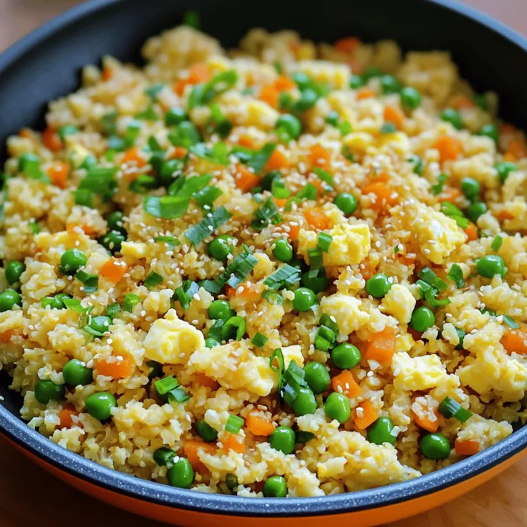 - 1 medium head of cauliflower, riced - 1 cup frozen peas and carrots - 1 small onion, finely chopped - 3 cloves garlic, minced - 2 eggs, beaten - 3 tablespoons soy sauce (or tamari for gluten-free) - 2 tablespoons sesame oil - 1 tablespoon olive oil - 2 green onions, sliced - Salt and pepper to taste - 1 teaspoon grated ginger - Hot sauce (optional for serving) Cauliflower fried rice is a wonderful dish that fits many diets. The main ingredient is riced cauliflower. It stands in for regular rice, making the dish low-carb. You can make the cauliflower rice by grating it or using a food processor. The frozen peas and carrots add color and flavor. They require no prep, which saves time. Chopped onion and minced garlic bring depth to the dish. They create a nice base that enhances every bite. For protein, we use beaten eggs. They add richness and help bind the dish. If you want more protein, you can add chicken, shrimp, or tofu. The soy sauce or tamari gives a savory taste. Sesame oil adds a nutty flavor that makes every bite special. Olive oil helps with cooking and adds healthy fats. Don’t forget to season with salt and pepper. Green onions add a fresh touch. If you like a kick, try adding ginger or hot sauce. You can adjust the flavors to suit your taste. This recipe is easy and quick. You can have a delicious meal ready in about 20 minutes. For the full recipe, check the link. - Rinse and chop the cauliflower into florets. - Rice the cauliflower using a food processor or grater. To start, rinse your cauliflower well. Remove the leaves and core. Then chop it into small florets. This helps with even cooking. Next, you need to rice the cauliflower. You can use a food processor or a box grater. Aim for small pieces that look like grains of rice. - Heat olive oil in a skillet over medium-high heat. - Sauté onion until translucent. - Add garlic and optional ginger, cooking until fragrant. Now, heat olive oil in a large skillet over medium-high heat. You want it hot but not smoking. Add the finely chopped onion. Sauté it for about 2-3 minutes until it turns translucent. This step adds a nice base flavor. Then, stir in the minced garlic. If you like, add grated ginger too. Cook for about one minute until it smells great. - Stir in frozen peas and carrots, and cook until heated. - Push vegetables aside to scramble the eggs. Next, add your frozen peas and carrots. Stir them in and let them cook for about 3-4 minutes. They should get hot and tender. Once heated, push the veggies to one side of the pan. Pour the beaten eggs into the empty side. Scramble the eggs until they're fully cooked. Mix them into the veggie mix. - Add riced cauliflower and mix with the vegetable and egg mixture. - Drizzle soy sauce and sesame oil, seasoning to taste. Now, it’s time to add the riced cauliflower. Stir it well to combine with the veggies and eggs. Let everything cook together for about 5-7 minutes. You want the cauliflower tender but not mushy. Drizzle soy sauce and sesame oil over the mix. This adds great flavor. Season with salt and pepper to taste. - Stir in sliced green onions and serve hot. - Add hot sauce as desired. Finally, remove the skillet from the heat. Stir in the sliced green onions for a fresh touch. Serve your cauliflower fried rice hot. If you like a kick, drizzle some hot sauce on top. Enjoy this healthy and tasty dish! For a detailed recipe, check the Full Recipe section. To rice cauliflower, start with a medium head. Remove the leaves and core. Cut it into small florets. You can use a food processor or a box grater. Pulse the florets until they look like grains of rice. This method gives you the best texture. To avoid excess moisture, be sure to dry the riced cauliflower. After ricing, spread it on a clean kitchen towel. Let it sit for a few minutes. This helps absorb extra water. If you skip this step, your fried rice may turn soggy. Cooking times matter. For best results, keep track of how long you cook each ingredient. Sauté the onion for 2-3 minutes until clear. Then, add garlic and ginger for just 1 minute. This keeps their flavor strong. When you add the frozen peas and carrots, cook them for 3-4 minutes. They need to heat up fully. After that, scramble the eggs for about 2 minutes. This helps keep everything tender. Finally, cook the riced cauliflower for 5-7 minutes. Stir often but don’t overcook it. You want it tender, not mushy. Spices and sauces can take your dish to the next level. Soy sauce adds saltiness and depth. If you want a gluten-free option, use tamari. Sesame oil gives a nice nutty flavor. A pinch of salt and pepper will enhance the dish too. Feel free to adjust seasoning based on your taste. If you like heat, add hot sauce or red pepper flakes. For a sweet twist, consider adding a bit of pineapple. This keeps your meal interesting and tailored to your preferences. {{image_2}} You can easily add protein to your cauliflower fried rice. Chicken, shrimp, or tofu all work well. For chicken, use cooked or leftover meat. Dice it into small pieces. If you choose shrimp, cook them until they turn pink. Tofu is a great choice for a vegetarian option. Make sure to press and cube it first. Mix the protein in when you add the riced cauliflower. This way, it warms through and blends with the flavors. While peas and carrots are classic, you can swap them out. Try bell peppers, zucchini, or broccoli. These veggies add color and crunch. If you want to use seasonal vegetables, think about asparagus in spring or squash in fall. Cut these vegetables into small pieces for easy cooking. Add them at the same time as the frozen peas and carrots. You can change the flavor of your fried rice in fun ways. For a sweet twist, add pineapple chunks. This gives a tropical taste. If you like heat, toss in some chilies or sriracha. For a vegetarian option, skip the meat and focus on umami flavors. Use more soy sauce or add mushrooms. This keeps the dish rich and tasty, just like traditional fried rice. Enjoy exploring these variations to make your meal special. To keep your cauliflower fried rice fresh, use airtight containers. This helps prevent moisture loss and keeps it tasty. You can store the leftovers in the fridge for up to four days. If you want to keep it longer, consider freezing it. Frozen cauliflower fried rice can last up to three months. When reheating, the best way is in a skillet over medium heat. This method helps keep the texture nice and prevents it from becoming soggy. Stir occasionally and add a splash of water if it seems dry. You can also use a microwave. Just cover the bowl with a damp paper towel to retain moisture. This keeps the dish flavorful and fresh, just like when you made it. Cauliflower fried rice is a healthy twist on the classic dish. Instead of using regular rice, we use riced cauliflower. This makes it low in carbs and full of flavor. Cauliflower absorbs flavors well, making it a perfect base. You can enjoy it as a side or a main dish. Yes, you can easily make cauliflower fried rice vegan! Simply skip the eggs or replace them with scrambled tofu or chickpea flour. These alternatives add protein without the eggs. You can also use nutritional yeast for a cheesy flavor. You can freeze cauliflower fried rice! Cook it fully, then let it cool. Place it in an airtight container or bag. It can last up to three months in the freezer. When ready to eat, thaw in the fridge overnight. Reheat in a skillet or microwave. Cauliflower fried rice pairs well with many dishes. Consider serving it with stir-fried vegetables or grilled chicken. You can also enjoy it with shrimp or tofu for added protein. A fresh salad or spring rolls can make a complete meal. For a little extra kick, add hot sauce! Cauliflower fried rice is a tasty, healthy dish featuring riced cauliflower, vegetables, and eggs. We discussed how to prepare and cook it step by step, along with helpful tips and variations to suit your taste. This dish is easy to make, and you can customize it with your favorite proteins or veggies. Enjoy your homemade cauliflower fried rice hot and fresh. It’s a great choice for quick meals and leftovers. You’ll love how simple and delicious it is!