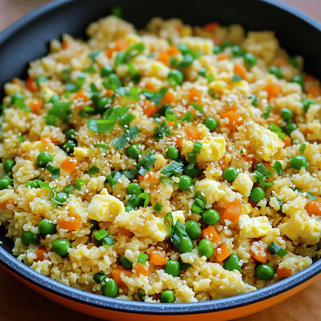 - 1 medium head of cauliflower, riced - 1 cup frozen peas and carrots - 1 small onion, finely chopped - 3 cloves garlic, minced - 2 eggs, beaten - 3 tablespoons soy sauce (or tamari for gluten-free) - 2 tablespoons sesame oil - 1 tablespoon olive oil - 2 green onions, sliced - Salt and pepper to taste - 1 teaspoon grated ginger - Hot sauce (optional for serving) Cauliflower fried rice is a wonderful dish that fits many diets. The main ingredient is riced cauliflower. It stands in for regular rice, making the dish low-carb. You can make the cauliflower rice by grating it or using a food processor. The frozen peas and carrots add color and flavor. They require no prep, which saves time. Chopped onion and minced garlic bring depth to the dish. They create a nice base that enhances every bite. For protein, we use beaten eggs. They add richness and help bind the dish. If you want more protein, you can add chicken, shrimp, or tofu. The soy sauce or tamari gives a savory taste. Sesame oil adds a nutty flavor that makes every bite special. Olive oil helps with cooking and adds healthy fats. Don’t forget to season with salt and pepper. Green onions add a fresh touch. If you like a kick, try adding ginger or hot sauce. You can adjust the flavors to suit your taste. This recipe is easy and quick. You can have a delicious meal ready in about 20 minutes. For the full recipe, check the link. - Rinse and chop the cauliflower into florets. - Rice the cauliflower using a food processor or grater. To start, rinse your cauliflower well. Remove the leaves and core. Then chop it into small florets. This helps with even cooking. Next, you need to rice the cauliflower. You can use a food processor or a box grater. Aim for small pieces that look like grains of rice. - Heat olive oil in a skillet over medium-high heat. - Sauté onion until translucent. - Add garlic and optional ginger, cooking until fragrant. Now, heat olive oil in a large skillet over medium-high heat. You want it hot but not smoking. Add the finely chopped onion. Sauté it for about 2-3 minutes until it turns translucent. This step adds a nice base flavor. Then, stir in the minced garlic. If you like, add grated ginger too. Cook for about one minute until it smells great. - Stir in frozen peas and carrots, and cook until heated. - Push vegetables aside to scramble the eggs. Next, add your frozen peas and carrots. Stir them in and let them cook for about 3-4 minutes. They should get hot and tender. Once heated, push the veggies to one side of the pan. Pour the beaten eggs into the empty side. Scramble the eggs until they're fully cooked. Mix them into the veggie mix. - Add riced cauliflower and mix with the vegetable and egg mixture. - Drizzle soy sauce and sesame oil, seasoning to taste. Now, it’s time to add the riced cauliflower. Stir it well to combine with the veggies and eggs. Let everything cook together for about 5-7 minutes. You want the cauliflower tender but not mushy. Drizzle soy sauce and sesame oil over the mix. This adds great flavor. Season with salt and pepper to taste. - Stir in sliced green onions and serve hot. - Add hot sauce as desired. Finally, remove the skillet from the heat. Stir in the sliced green onions for a fresh touch. Serve your cauliflower fried rice hot. If you like a kick, drizzle some hot sauce on top. Enjoy this healthy and tasty dish! For a detailed recipe, check the Full Recipe section. To rice cauliflower, start with a medium head. Remove the leaves and core. Cut it into small florets. You can use a food processor or a box grater. Pulse the florets until they look like grains of rice. This method gives you the best texture. To avoid excess moisture, be sure to dry the riced cauliflower. After ricing, spread it on a clean kitchen towel. Let it sit for a few minutes. This helps absorb extra water. If you skip this step, your fried rice may turn soggy. Cooking times matter. For best results, keep track of how long you cook each ingredient. Sauté the onion for 2-3 minutes until clear. Then, add garlic and ginger for just 1 minute. This keeps their flavor strong. When you add the frozen peas and carrots, cook them for 3-4 minutes. They need to heat up fully. After that, scramble the eggs for about 2 minutes. This helps keep everything tender. Finally, cook the riced cauliflower for 5-7 minutes. Stir often but don’t overcook it. You want it tender, not mushy. Spices and sauces can take your dish to the next level. Soy sauce adds saltiness and depth. If you want a gluten-free option, use tamari. Sesame oil gives a nice nutty flavor. A pinch of salt and pepper will enhance the dish too. Feel free to adjust seasoning based on your taste. If you like heat, add hot sauce or red pepper flakes. For a sweet twist, consider adding a bit of pineapple. This keeps your meal interesting and tailored to your preferences. {{image_2}} You can easily add protein to your cauliflower fried rice. Chicken, shrimp, or tofu all work well. For chicken, use cooked or leftover meat. Dice it into small pieces. If you choose shrimp, cook them until they turn pink. Tofu is a great choice for a vegetarian option. Make sure to press and cube it first. Mix the protein in when you add the riced cauliflower. This way, it warms through and blends with the flavors. While peas and carrots are classic, you can swap them out. Try bell peppers, zucchini, or broccoli. These veggies add color and crunch. If you want to use seasonal vegetables, think about asparagus in spring or squash in fall. Cut these vegetables into small pieces for easy cooking. Add them at the same time as the frozen peas and carrots. You can change the flavor of your fried rice in fun ways. For a sweet twist, add pineapple chunks. This gives a tropical taste. If you like heat, toss in some chilies or sriracha. For a vegetarian option, skip the meat and focus on umami flavors. Use more soy sauce or add mushrooms. This keeps the dish rich and tasty, just like traditional fried rice. Enjoy exploring these variations to make your meal special. To keep your cauliflower fried rice fresh, use airtight containers. This helps prevent moisture loss and keeps it tasty. You can store the leftovers in the fridge for up to four days. If you want to keep it longer, consider freezing it. Frozen cauliflower fried rice can last up to three months. When reheating, the best way is in a skillet over medium heat. This method helps keep the texture nice and prevents it from becoming soggy. Stir occasionally and add a splash of water if it seems dry. You can also use a microwave. Just cover the bowl with a damp paper towel to retain moisture. This keeps the dish flavorful and fresh, just like when you made it. Cauliflower fried rice is a healthy twist on the classic dish. Instead of using regular rice, we use riced cauliflower. This makes it low in carbs and full of flavor. Cauliflower absorbs flavors well, making it a perfect base. You can enjoy it as a side or a main dish. Yes, you can easily make cauliflower fried rice vegan! Simply skip the eggs or replace them with scrambled tofu or chickpea flour. These alternatives add protein without the eggs. You can also use nutritional yeast for a cheesy flavor. You can freeze cauliflower fried rice! Cook it fully, then let it cool. Place it in an airtight container or bag. It can last up to three months in the freezer. When ready to eat, thaw in the fridge overnight. Reheat in a skillet or microwave. Cauliflower fried rice pairs well with many dishes. Consider serving it with stir-fried vegetables or grilled chicken. You can also enjoy it with shrimp or tofu for added protein. A fresh salad or spring rolls can make a complete meal. For a little extra kick, add hot sauce! Cauliflower fried rice is a tasty, healthy dish featuring riced cauliflower, vegetables, and eggs. We discussed how to prepare and cook it step by step, along with helpful tips and variations to suit your taste. This dish is easy to make, and you can customize it with your favorite proteins or veggies. Enjoy your homemade cauliflower fried rice hot and fresh. It’s a great choice for quick meals and leftovers. You’ll love how simple and delicious it is!