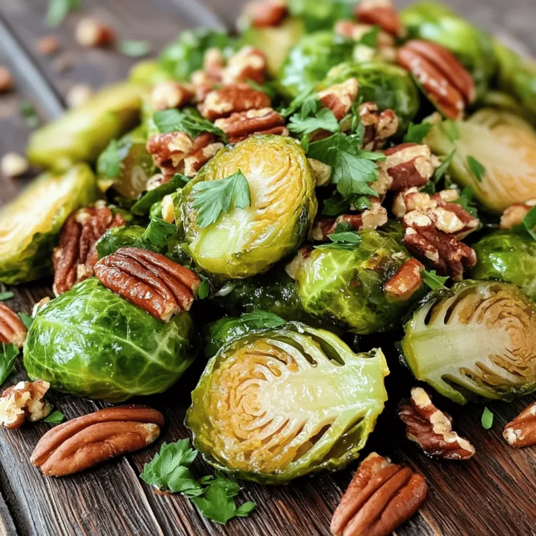 - 1 pound Brussels sprouts, trimmed and halved - 3 tablespoons olive oil - 2 tablespoons pure maple syrup - 1 tablespoon Dijon mustard - 1 teaspoon garlic powder - 1 teaspoon salt - 1/2 teaspoon black pepper - 1/4 cup pecans, roughly chopped (optional) - Fresh parsley, for garnish (optional) Gathering the right ingredients is key for flavor. I love using fresh Brussels sprouts for their crispness. The olive oil gives a rich base, while the maple syrup adds sweetness. Dijon mustard brings a nice tang that balances the dish. Garlic powder adds depth, and salt enhances all the flavors. Black pepper gives a slight kick. If you like crunch, add chopped pecans. They provide both taste and texture. Fresh parsley is a lovely touch for color. This ingredient list makes a great foundation for Maple Dijon Roasted Brussels Sprouts. For the full recipe, check out the details above. - Preheat oven to 400°F (200°C). - Prepare the baking sheet by lining it with parchment paper. - In a large bowl, combine: - 3 tablespoons olive oil - 2 tablespoons pure maple syrup - 1 tablespoon Dijon mustard - 1 teaspoon garlic powder - 1 teaspoon salt - 1/2 teaspoon black pepper Whisk these ingredients until well mixed. - Add 1 pound of halved Brussels sprouts to the bowl. Toss them in the maple Dijon mixture until they are fully coated. - Spread the Brussels sprouts evenly on the baking sheet. Make sure they are in a single layer. - If you like, sprinkle 1/4 cup of roughly chopped pecans over the sprouts for extra crunch. - Roast in the preheated oven for 25-30 minutes. Stir halfway through to ensure even cooking. The Brussels sprouts are done when they become tender and caramelized. For the full recipe, you can check the details above. To make sure your Brussels sprouts are just right, start by checking for doneness. They should be tender inside and a bit crispy outside. You can poke one with a fork. If it goes in easily, they are ready. For even caramelization, spread the sprouts in a single layer on the baking sheet. This helps them cook evenly. Stir them halfway through roasting to ensure all sides get that lovely golden color. Want to kick up the taste? You can add spices like smoked paprika or red pepper flakes. These spices bring a nice depth to the dish. Consider adding cheese for a rich finish. Crumbled feta or grated Parmesan works well. You can sprinkle it on right before serving. This adds a creamy touch to the crunchy sprouts. For the full recipe, check out the detailed instructions above. {{image_2}} You can change a few things for Maple Dijon Roasted Brussels Sprouts. If you want a different sweet flavor, try using honey or agave syrup instead of maple syrup. Each sweetener gives a unique twist. For mustard, you can use yellow mustard or whole grain mustard. Both will change the taste slightly, but they still work well. Brussels sprouts are great year-round. However, adding seasonal veggies can make this dish even better. In fall, add roasted sweet potatoes or carrots. In spring, toss in some asparagus. This keeps your meal fresh and interesting. Consider what fruits and herbs are in season too. In summer, fresh basil pairs nicely, while thyme goes well in winter. These small changes can make your dish shine! For the Full Recipe, check back to ensure you have all you need to create this delicious side. To keep your Maple Dijon Roasted Brussels Sprouts fresh, use airtight containers. Glass or plastic containers work well. Make sure to let them cool first. Store the sprouts in the fridge. The ideal temperature is below 40°F (4°C). This way, they stay tasty for up to three days. To reheat, you can use the oven or stovetop. For the oven, preheat it to 350°F (175°C). Place the sprouts on a baking sheet and heat for about 10 minutes. This keeps them crispy. If you prefer the stovetop, heat a pan on medium. Add a splash of olive oil and toss the sprouts until warm. This method helps maintain their flavor. If you want a bit of extra crunch, add fresh pecans while reheating. Enjoy your delicious leftovers! What can I serve with Maple Dijon Roasted Brussels Sprouts? You can pair these sprouts with many dishes. They work great with roasted chicken or pork. They also fit well with quinoa or rice. You can even serve them with a fresh salad for a complete meal. Can I make this recipe vegetarian or vegan? Yes! This recipe is already vegetarian. To make it vegan, just ensure your maple syrup is pure. No other ingredients contain animal products. How do I know when Brussels sprouts are cooked properly? Brussels sprouts should be tender when pierced with a fork. They should also have a nice golden-brown color. When they caramelize, they get a sweet flavor that is hard to resist. Can I double this recipe? Absolutely! You can double the ingredients for a larger batch. Just use two baking sheets to avoid overcrowding. This way, they roast evenly and stay crispy. How to adjust cooking time for larger batches? When cooking more Brussels sprouts, keep an eye on the time. You may need to add a few extra minutes. Stir halfway through to ensure all sides cook evenly. Caloric content per serving One serving of Maple Dijon Roasted Brussels sprouts has about 150 calories. This can vary based on added ingredients like pecans. Health benefits of Brussels sprouts Brussels sprouts are packed with vitamins. They are a good source of vitamins C and K. They also contain fiber, which aids digestion. Eating them can help boost your immune system too. For the full recipe, check out the Maple Dijon Roasted Brussels Sprouts section. This blog post shared a simple recipe for Maple Dijon Roasted Brussels Sprouts. You learned about the key ingredients and straightforward steps to make this dish. I covered helpful tips for perfect roasting, flavor variations, and proper storage. Remember, cooking can be fun, and these Brussels sprouts are a great side dish. Try adding your favorite spices or nuts to make it unique. Enjoy your cooking journey!