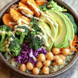 - 1 cup quinoa, rinsed - 2 cups vegetable broth - 1 cup chickpeas, canned or cooked The base of our Vegan Buddha Bowl starts with quinoa. Quinoa is a great source of protein and fiber. I love using vegetable broth for cooking it. It adds extra flavor. Chickpeas are next. They bring a nice creaminess and a protein boost. - 1 medium sweet potato, diced - 1 cup broccoli florets - 1 avocado, sliced - 1 cup red cabbage, shredded - 1 carrot, grated Now, let’s focus on fresh produce. Sweet potato adds a hint of sweetness. It also brings vibrant color to the bowl. Broccoli is another great veggie. It adds crunch and a bright green color. Avocado is creamy and rich. It makes the dish feel luxurious. Red cabbage gives a nice pop of color and crunch. Grated carrot adds sweetness and texture. - 2 tablespoons olive oil - 1 teaspoon smoked paprika - 2 tablespoons tahini Next, we have flavor enhancers. Olive oil is a must for roasting our veggies. It helps them crisp up nicely. Smoked paprika adds a warm, smoky flavor. It pairs well with sweet potatoes. Finally, tahini is key for our dressing. It creates a creamy texture and nutty taste. You can find the full recipe to make this delicious bowl. Preheat the oven I start by preheating the oven to 400°F (200°C). This ensures the sweet potatoes roast evenly and get a nice flavor. Prepare sweet potato Next, I take one medium sweet potato and dice it into small cubes. I toss these cubes in one tablespoon of olive oil, smoked paprika, salt, and pepper. Then, I spread the sweet potato on a baking tray. I roast it for about 25 minutes or until it’s tender and slightly caramelized. Cooking quinoa While the sweet potato roasts, I prepare the quinoa. I measure one cup of rinsed quinoa and add it to a medium saucepan with two cups of vegetable broth. I bring this to a boil, then reduce the heat to low. I cover it and let it simmer for 15 minutes until the broth is absorbed. Once done, I fluff the quinoa with a fork. Blanching broccoli In a pot of boiling water, I add one cup of broccoli florets. I blanch the broccoli for one to two minutes until it turns bright green. Then, I drain the broccoli and quickly transfer it to a bowl of ice water. This stops the cooking process and keeps the color vibrant. After a few minutes, I drain the broccoli again. Prepare bowl ingredients Now, I gather all the bowl ingredients. In a large bowl, I add a scoop of quinoa, the roasted sweet potatoes, blanched broccoli, and one cup of chickpeas. I also include sliced avocado, shredded red cabbage, and grated carrot for crunch and color. Make the tahini dressing In a small bowl, I mix two tablespoons of tahini with a splash of water. I add a pinch of salt and stir until smooth. If it’s too thick, I can adjust the consistency with more water. Assemble the bowl I drizzle fresh lemon juice over the assembled ingredients. Then, I generously drizzle the tahini dressing on top for extra flavor. Serve Finally, I serve the Buddha bowl immediately. It looks vibrant and colorful, ready to enjoy! To create a tasty Vegan Buddha Bowl, mix different crunch levels. Pair soft items like avocado with crunchy ones like raw carrot. This gives each bite a fun texture. Use spices wisely to enhance flavors. I recommend smoked paprika for a warm note. A pinch of cumin adds a nice depth. Don't forget to sprinkle salt and pepper for balance. To fluff quinoa correctly, wait a few minutes after cooking. Use a fork to gently separate the grains. This keeps it light and fluffy. For cooking quinoa, rinse it well to remove bitterness. Use two parts broth to one part quinoa for rich flavor. Bring it to a boil, then reduce heat and cover. Simmer for about 15 minutes, and it will be perfect! Presentation matters in a Buddha Bowl. Start by arranging the ingredients in sections. This creates a vibrant look. Place colorful veggies next to each other for contrast. Garnish with fresh herbs like parsley or cilantro for extra flair. A lemon wedge adds brightness and a pop of color. For a fun touch, drizzle tahini artfully over the top. These steps make your bowl not just tasty but also beautiful. For the full recipe, check out the vibrant Vegan Buddha Bowl! {{image_2}} You can switch up the protein in your vegan Buddha bowl. Tofu or tempeh adds great texture and taste. Both are easy to find and work well with many flavors. For a fun twist, try marinating them first. You can also use other beans like black beans or kidney beans. They add protein and fiber, making your meal heartier. While quinoa is a favorite, you can use other grains too. Brown rice is a solid choice and is more filling. Couscous cooks quickly and has a light, fluffy texture. Both grains absorb flavors well, giving your bowl even more taste. Adding seasonal veggies makes your Buddha bowl unique. Think about using zucchini, bell peppers, or kale for variety. I love mixing in roasted beets or fresh spinach for color and flavor. Personalize it with your favorites to keep the dish exciting. Each bowl can be a new creation! Use airtight containers to store your Vegan Buddha Bowl. Glass containers work best. They keep food fresh and make it easy to see what you have. If you use plastic, make sure it is BPA-free. Leftovers stay good in the fridge for about three to four days. To make meal prep easy, prepare your ingredients ahead. Cook quinoa and roast sweet potatoes in advance. You can also chop vegetables and store them in the fridge. For longer storage, freeze cooked quinoa and sweet potatoes. They can last for up to three months in the freezer. When you reheat, do it gently on the stove or in the microwave. This keeps the flavors fresh. For veggies, add a splash of water while reheating. This helps avoid sogginess. You want each bite to stay crisp and tasty. Enjoy your flavorful freshness from the Vegan Buddha Bowl! A Vegan Buddha Bowl is a colorful dish. It mixes grains, greens, and proteins. The key components are quinoa, veggies, and legumes. These ingredients provide many nutrients. - Quinoa: It's a complete protein and gluten-free. - Chickpeas: They add protein and fiber. - Sweet Potatoes: Great for vitamins A and C. - Broccoli: Packed with vitamins K and C. - Avocado: Offers healthy fats. Together, these ingredients make a balanced meal. You get energy, good fats, and fiber in one bowl. Yes, you can customize a Buddha Bowl. This dish is flexible for all diets. If you have restrictions, swap ingredients. - Protein Alternatives: Use tofu or tempeh if you don’t like chickpeas. - Grain Substitutes: Try brown rice or couscous instead of quinoa. - Veggie Options: Add seasonal veggies like spinach or bell peppers. This makes it easy to enjoy the dish according to your taste. Tahini dressing is a popular choice. It adds creaminess and flavor. You can mix tahini with water, lemon, and salt. This simple recipe makes it smooth. If you want other options: - Vinaigrette: A mix of vinegar and oil is a lighter choice. - Nut-based dressings: These add a rich taste. Choosing the right dressing can change the bowl's flavor. Tailor it to what you like best! A vegan Buddha bowl is easy to make and full of flavor. We covered key ingredients like quinoa, fresh veggies, and flavor boosters. You now know how to put it all together with simple steps. Remember, you can make this dish your own by swapping ingredients. With tips on storage and reheating, you can enjoy your bowls longer. Whether for a meal prep or a quick dinner, this bowl is a great choice. Cook, create, and enjoy fresh flavors every time.