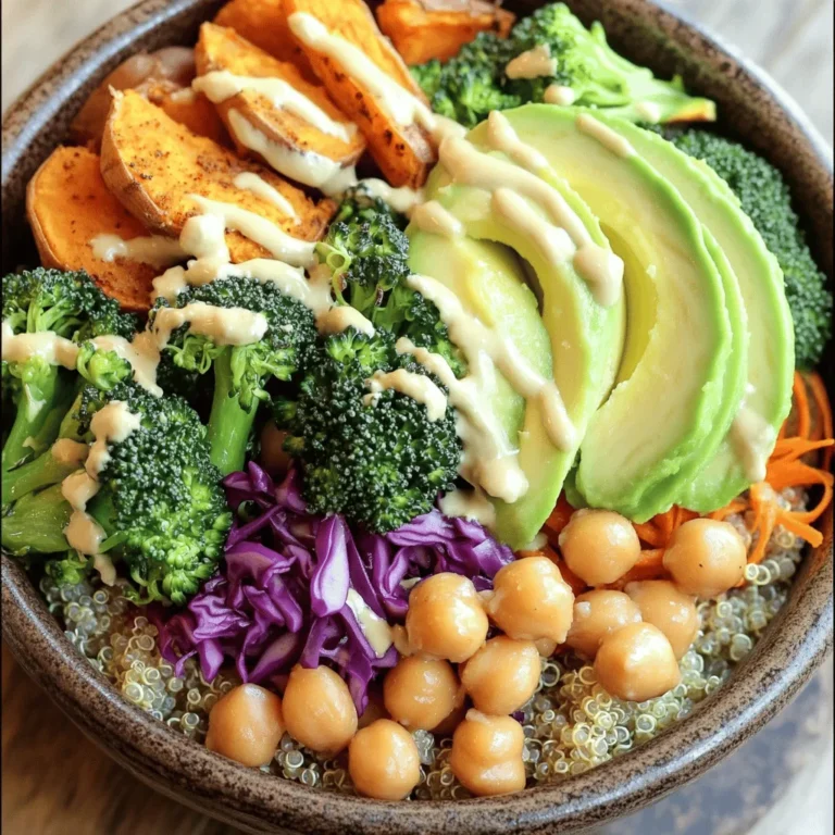 - 1 cup quinoa, rinsed - 2 cups vegetable broth - 1 cup chickpeas, canned or cooked The base of our Vegan Buddha Bowl starts with quinoa. Quinoa is a great source of protein and fiber. I love using vegetable broth for cooking it. It adds extra flavor. Chickpeas are next. They bring a nice creaminess and a protein boost. - 1 medium sweet potato, diced - 1 cup broccoli florets - 1 avocado, sliced - 1 cup red cabbage, shredded - 1 carrot, grated Now, let’s focus on fresh produce. Sweet potato adds a hint of sweetness. It also brings vibrant color to the bowl. Broccoli is another great veggie. It adds crunch and a bright green color. Avocado is creamy and rich. It makes the dish feel luxurious. Red cabbage gives a nice pop of color and crunch. Grated carrot adds sweetness and texture. - 2 tablespoons olive oil - 1 teaspoon smoked paprika - 2 tablespoons tahini Next, we have flavor enhancers. Olive oil is a must for roasting our veggies. It helps them crisp up nicely. Smoked paprika adds a warm, smoky flavor. It pairs well with sweet potatoes. Finally, tahini is key for our dressing. It creates a creamy texture and nutty taste. You can find the full recipe to make this delicious bowl. Preheat the oven I start by preheating the oven to 400°F (200°C). This ensures the sweet potatoes roast evenly and get a nice flavor. Prepare sweet potato Next, I take one medium sweet potato and dice it into small cubes. I toss these cubes in one tablespoon of olive oil, smoked paprika, salt, and pepper. Then, I spread the sweet potato on a baking tray. I roast it for about 25 minutes or until it’s tender and slightly caramelized. Cooking quinoa While the sweet potato roasts, I prepare the quinoa. I measure one cup of rinsed quinoa and add it to a medium saucepan with two cups of vegetable broth. I bring this to a boil, then reduce the heat to low. I cover it and let it simmer for 15 minutes until the broth is absorbed. Once done, I fluff the quinoa with a fork. Blanching broccoli In a pot of boiling water, I add one cup of broccoli florets. I blanch the broccoli for one to two minutes until it turns bright green. Then, I drain the broccoli and quickly transfer it to a bowl of ice water. This stops the cooking process and keeps the color vibrant. After a few minutes, I drain the broccoli again. Prepare bowl ingredients Now, I gather all the bowl ingredients. In a large bowl, I add a scoop of quinoa, the roasted sweet potatoes, blanched broccoli, and one cup of chickpeas. I also include sliced avocado, shredded red cabbage, and grated carrot for crunch and color. Make the tahini dressing In a small bowl, I mix two tablespoons of tahini with a splash of water. I add a pinch of salt and stir until smooth. If it’s too thick, I can adjust the consistency with more water. Assemble the bowl I drizzle fresh lemon juice over the assembled ingredients. Then, I generously drizzle the tahini dressing on top for extra flavor. Serve Finally, I serve the Buddha bowl immediately. It looks vibrant and colorful, ready to enjoy! To create a tasty Vegan Buddha Bowl, mix different crunch levels. Pair soft items like avocado with crunchy ones like raw carrot. This gives each bite a fun texture. Use spices wisely to enhance flavors. I recommend smoked paprika for a warm note. A pinch of cumin adds a nice depth. Don't forget to sprinkle salt and pepper for balance. To fluff quinoa correctly, wait a few minutes after cooking. Use a fork to gently separate the grains. This keeps it light and fluffy. For cooking quinoa, rinse it well to remove bitterness. Use two parts broth to one part quinoa for rich flavor. Bring it to a boil, then reduce heat and cover. Simmer for about 15 minutes, and it will be perfect! Presentation matters in a Buddha Bowl. Start by arranging the ingredients in sections. This creates a vibrant look. Place colorful veggies next to each other for contrast. Garnish with fresh herbs like parsley or cilantro for extra flair. A lemon wedge adds brightness and a pop of color. For a fun touch, drizzle tahini artfully over the top. These steps make your bowl not just tasty but also beautiful. For the full recipe, check out the vibrant Vegan Buddha Bowl! {{image_2}} You can switch up the protein in your vegan Buddha bowl. Tofu or tempeh adds great texture and taste. Both are easy to find and work well with many flavors. For a fun twist, try marinating them first. You can also use other beans like black beans or kidney beans. They add protein and fiber, making your meal heartier. While quinoa is a favorite, you can use other grains too. Brown rice is a solid choice and is more filling. Couscous cooks quickly and has a light, fluffy texture. Both grains absorb flavors well, giving your bowl even more taste. Adding seasonal veggies makes your Buddha bowl unique. Think about using zucchini, bell peppers, or kale for variety. I love mixing in roasted beets or fresh spinach for color and flavor. Personalize it with your favorites to keep the dish exciting. Each bowl can be a new creation! Use airtight containers to store your Vegan Buddha Bowl. Glass containers work best. They keep food fresh and make it easy to see what you have. If you use plastic, make sure it is BPA-free. Leftovers stay good in the fridge for about three to four days. To make meal prep easy, prepare your ingredients ahead. Cook quinoa and roast sweet potatoes in advance. You can also chop vegetables and store them in the fridge. For longer storage, freeze cooked quinoa and sweet potatoes. They can last for up to three months in the freezer. When you reheat, do it gently on the stove or in the microwave. This keeps the flavors fresh. For veggies, add a splash of water while reheating. This helps avoid sogginess. You want each bite to stay crisp and tasty. Enjoy your flavorful freshness from the Vegan Buddha Bowl! A Vegan Buddha Bowl is a colorful dish. It mixes grains, greens, and proteins. The key components are quinoa, veggies, and legumes. These ingredients provide many nutrients. - Quinoa: It's a complete protein and gluten-free. - Chickpeas: They add protein and fiber. - Sweet Potatoes: Great for vitamins A and C. - Broccoli: Packed with vitamins K and C. - Avocado: Offers healthy fats. Together, these ingredients make a balanced meal. You get energy, good fats, and fiber in one bowl. Yes, you can customize a Buddha Bowl. This dish is flexible for all diets. If you have restrictions, swap ingredients. - Protein Alternatives: Use tofu or tempeh if you don’t like chickpeas. - Grain Substitutes: Try brown rice or couscous instead of quinoa. - Veggie Options: Add seasonal veggies like spinach or bell peppers. This makes it easy to enjoy the dish according to your taste. Tahini dressing is a popular choice. It adds creaminess and flavor. You can mix tahini with water, lemon, and salt. This simple recipe makes it smooth. If you want other options: - Vinaigrette: A mix of vinegar and oil is a lighter choice. - Nut-based dressings: These add a rich taste. Choosing the right dressing can change the bowl's flavor. Tailor it to what you like best! A vegan Buddha bowl is easy to make and full of flavor. We covered key ingredients like quinoa, fresh veggies, and flavor boosters. You now know how to put it all together with simple steps. Remember, you can make this dish your own by swapping ingredients. With tips on storage and reheating, you can enjoy your bowls longer. Whether for a meal prep or a quick dinner, this bowl is a great choice. Cook, create, and enjoy fresh flavors every time.