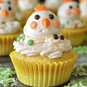 - 1 ¾ cups all-purpose flour - 1 cup granulated sugar - ½ cup unsalted butter, softened - ½ cup whole milk - 3 large eggs - 2 teaspoons baking powder - 1 teaspoon vanilla extract - ½ teaspoon salt To make Easter Chicks Cupcakes, start with essential ingredients. All-purpose flour gives the cupcakes structure. Granulated sugar adds sweetness. Unsalted butter makes them rich and moist. Whole milk keeps the batter smooth. Eggs bind everything together and add fluffiness. Baking powder helps them rise. Vanilla extract gives a lovely flavor. Salt balances the sweetness. - Yellow food coloring - 1 batch buttercream frosting - Orange candy melts - Mini chocolate chips - Green coconut flakes For decorating, yellow food coloring transforms the frosting into cute chicks. Buttercream frosting acts as a base and adds sweetness. Orange candy melts create the beaks, giving a fun touch. Mini chocolate chips serve as the eyes. Green coconut flakes mimic grass, adding a playful look. These ingredients make your cupcakes not just tasty but also bright and festive. You can find the full recipe above to guide you through the entire process. - Preheat the oven to 350°F (175°C). - Mix dry and wet ingredients in separate bowls. In one bowl, whisk 1 ¾ cups of flour, 2 teaspoons of baking powder, and ½ teaspoon of salt. In another bowl, cream ½ cup of softened butter with 1 cup of granulated sugar until fluffy. Add 3 large eggs, one at a time, mixing well. Stir in 1 teaspoon of vanilla extract and ½ cup of whole milk. - Gradually add the dry ingredients to the wet mixture. Mix until just combined. Don’t over-mix; this keeps your cupcakes light. - To get that sunny chick color, add a few drops of yellow food coloring. Stir until you achieve the shade you like. - Fill your cupcake liners about ⅔ full with batter. This helps them rise nicely. - Bake in your preheated oven for 18-20 minutes. Check with a toothpick; it should come out clean. - Let the cupcakes cool completely in the tin before moving them to a wire rack. This prevents them from getting soggy. Now you have a great base for your Easter Chicks Cupcakes! Check out the Full Recipe for more details. To make fluffy cupcakes, you need to mix well. Start by creaming butter and sugar until light. This step adds air, which helps the cupcakes rise. Always add eggs one at a time. Mix each egg in fully before adding the next. This ensures a smooth batter. Ingredient temperature is key. Use room temperature butter, eggs, and milk. Cold ingredients can make the batter dense. Always measure ingredients precisely. Too much flour can make them dry. Piping frosting can be fun. Use a piping bag with a large round tip. Start from the edge and swirl inward for a nice effect. Practice on a plate if you need to. Don't rush; take your time. For adorable chick features, cut orange candy melts into triangles for beaks. Press them gently into the frosting. Use mini chocolate chips for eyes. You can stick them in the frosting easily. Get creative! Colorful liners make a big difference. Yellow cupcake liners fit the theme perfectly. Use fun serving platters to show off your treats. A bright platter can attract attention. Arrange cupcakes in a circle for a festive display. You can add green coconut flakes around them to look like grass. This small touch brings everything together. For the full cupcake recipe, check out the Full Recipe section. {{image_2}} You can easily switch up the taste of your Easter Chicks Cupcakes. Here are two fun ideas: - Chocolate Easter Chicks Cupcakes: To make these, replace ½ cup of flour with ½ cup of cocoa powder. This gives your cupcakes a rich chocolate flavor. Follow the same baking steps as the original recipe. The chocolate pairs well with the yellow frosting. - Lemon-flavored batter: For a bright twist, add the zest of one lemon to the batter. You can also swap out the vanilla extract for lemon extract. This gives your cupcakes a light, zesty flavor that is perfect for spring. When it comes to decorating, you can be as creative as you like! Here are some alternatives: - Different animal designs for Easter: Instead of chicks, try making bunnies or lambs. Use white frosting for bunnies and add pink candy for the ears. For lambs, use fluffy white frosting and mini chocolate chips for the eyes. - Alternative toppings: You can use colorful sprinkles or edible glitter. These add a festive touch. Consider using coconut flakes dyed in different colors for fun grass-like decorations. Each option makes your cupcakes unique and eye-catching. For the full recipe, check the details above to create these fun and festive treats! To keep your Easter Chicks Cupcakes fresh, store them correctly. - Room Temperature Storage: If you plan to eat them within two days, store them at room temperature. Place them in an airtight container. This helps keep them soft and tasty. - Refrigeration Tips for Frosted Cupcakes: If you need to store them longer, put them in the fridge. Use a container that seals well to avoid drying out. The frosting will harden a bit, but they will stay fresh. Freezing your cupcakes is a great way to keep them for later. - How to Freeze Frosted vs. Unfrosted Cupcakes: If your cupcakes are unfrosted, wrap each one in plastic wrap. For frosted cupcakes, freeze them on a tray first until firm. Then, wrap them carefully. This way, the frosting stays intact. - Thawing Methods for Frozen Cupcakes: To enjoy your frozen cupcakes, move them to the fridge overnight. If you are in a hurry, leave them out at room temperature for about an hour. They will taste fresh and delightful. For the full recipe and more details, check out the Full Recipe. To keep cupcakes moist, use the right ingredient ratios. Use enough fat, like butter, to add moisture. Adding whole milk also helps. Bake your cupcakes for the right time. Overbaking can dry them out. Check with a toothpick at 18 minutes. If it comes out clean, they are ready. Let them cool in the pan for a few minutes before moving them. Yes, you can use different frostings! Cream cheese frosting is a great choice. It adds a tangy flavor. Whipped cream can also work if you prefer a lighter touch. You can even use chocolate ganache for a rich twist. Each frosting gives a unique taste, so feel free to experiment with what you like best. You can bake these cupcakes up to three days in advance. Keep them covered at room temperature to stay fresh. If you frost them early, store in the fridge to keep the frosting firm. They can last in the fridge for about a week. For longer storage, freeze them for up to three months. Just remember to thaw them before serving. For the full recipe, check the earlier section. You now have all the tools to bake fun and tasty cupcakes. Start with the right ingredients and follow the step-by-step instructions. Use our tips to get the best texture and make decorating easy. Don't forget, you can also try fun flavor and design variations. Store your cupcakes well to keep them fresh. Enjoy your baking and get creative! Your Easter celebrations will be even sweeter with these delightful cupcakes.