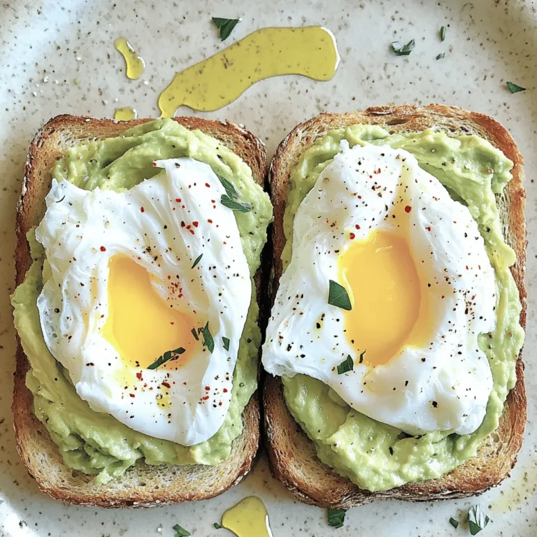 - 2 slices of whole-grain bread - 1 ripe avocado - 2 large eggs - 1 tablespoon lemon juice - Salt and pepper to taste - 1/4 teaspoon red pepper flakes - 1 tablespoon olive oil - Fresh herbs for garnish When you make avocado toast with a poached egg, you want fresh, tasty ingredients. Whole-grain bread gives a hearty base. I love the nutty flavor it brings. A ripe avocado is key. It should feel soft but not mushy. This gives the perfect creamy texture for your toast. Two large eggs are essential for poaching. They provide protein and richness. You can add lemon juice to your avocado. This brightens the flavor and keeps it from browning. Salt and pepper add the final touch for taste. For an extra kick, consider red pepper flakes. They add heat without overwhelming the dish. A drizzle of olive oil gives a nice sheen and extra flavor. Fresh herbs like cilantro or parsley make the dish pop. They add color and a fresh taste. This simple combination creates a delicious meal. You can find the full recipe [here](#). Enjoy your cooking! Toasting bread is simple but key to great avocado toast. Start with two slices of whole-grain bread. Place them in a toaster or on a grill. Toast until they are golden brown and crisp. This gives a solid base for your toppings. You want a nice crunch that holds up. Next, let’s prepare the avocado. Cut the ripe avocado in half and remove the pit. Scoop the flesh into a bowl. Use a fork to mash it. You can make it smooth or leave it chunky, depending on your taste. To enhance the flavor, add a tablespoon of lemon juice. This also keeps the avocado from browning. Don’t forget to season with salt and pepper to taste. Now, let’s poach the eggs. Fill a medium pot with water and heat it until it simmers. Crack each egg into a small bowl. Once the water is simmering, gently slide the eggs into the pot. Poach them for about three to four minutes. This will give you a nice runny yolk. If you want the yolk firmer, cook a bit longer. It’s time to put it all together. Take the toasted bread and spread the avocado mash generously on each slice. Drizzle a tablespoon of olive oil over the top. If you like spice, sprinkle some red pepper flakes. Carefully place a poached egg on each slice. Finish by sprinkling fresh herbs on top for extra flavor. Enjoy this simple and tasty treat! You can find the complete steps in the Full Recipe. When picking an avocado, feel for slight softness. Press gently with your palm. A ripe avocado will yield just a bit. Look for even color, avoiding dark spots. If it’s too hard, let it ripen at room temperature. This can take 2-5 days. Once ripe, store it in the fridge to slow down further ripening. You can poach eggs in two ways: stovetop or bake them. Stovetop poaching gives you a classic soft yolk. It’s quick and easy. You just need simmering water and a bit of vinegar. Baking eggs offers a hands-off method. Place eggs in a muffin tin and bake at 350°F for about 12-15 minutes. The texture is different, but still delicious. Pair your avocado toast with a light drink. A glass of fresh orange juice or herbal tea works great. You can also add a side salad for a full meal. Try arugula with lemon dressing for a peppery kick. If you want something heartier, serve it with crispy bacon or smoked salmon. This adds flavor and protein to your meal. {{image_2}} You can change up your avocado toast with many tasty toppings. For proteins, try adding smoked salmon. It brings a rich flavor that pairs well with the creamy avocado. You can also use crispy bacon or a sprinkle of feta cheese for a salty kick. For veggies, sliced radishes add a nice crunch. Cherry tomatoes provide sweetness and color. You can even spread some pesto on the toast before adding avocado. This gives a fresh herb taste that brightens the dish. If you need gluten-free options, look for gluten-free bread. Many brands offer tasty choices that work well for this recipe. For a vegan twist, skip the eggs entirely. Instead, add roasted chickpeas or a sprinkle of nutritional yeast. These options give a great protein boost while keeping the dish plant-based. You can still enjoy the creamy avocado and your favorite toppings! For the full recipe, check out Avocado Bliss Toast with Poached Egg. To keep your avocado toast fresh, store it properly. Place any leftover toast in an airtight container. This helps maintain its crispness. If you have extra avocado, store it separately. You can add lemon juice to prevent browning. Use the leftover toast within one to two days for the best taste. When reheating, avoid the microwave. It can make the toast soggy. Instead, use a toaster or an oven. Preheat the oven to 350°F (175°C). Place the toast on a baking sheet and heat for about 5-7 minutes. This method keeps the bread crispy. You can freeze avocado toast, but it needs some care. Freeze the toasted bread first. Wrap it tightly in plastic wrap. Store it in a freezer-safe bag. When ready to eat, thaw the bread in the fridge overnight. Then, toast it again. Adding fresh avocado after reheating keeps it tasty. To poach eggs well, start with a pot of simmering water. Make sure the water is not boiling. Crack each egg into a small bowl first. This helps you slide it gently into the water. Add a splash of vinegar to the water if you like. The vinegar helps the egg white stay together. Cook the eggs for about 3 to 4 minutes for a runny yolk. Use a slotted spoon to lift them out. Let any extra water drip off before placing them on your toast. When you pick an avocado, check for a few signs. Ripe avocados feel slightly soft when you press them gently. The skin should be dark green or almost black. If it’s bright green, it’s likely not ripe yet. Look for a smooth skin without dark spots. Another way to check is to remove the small stem. If it comes off easily and you see green underneath, the avocado is ripe. Yes, you can prepare parts of this recipe ahead of time. You can mash the avocado a few hours in advance. Just add a little lemon juice to keep it fresh. Poach the eggs just before serving. If you want to make the toast ahead, toast the bread and store it in an airtight container. Reheat it briefly in a toaster or oven before adding the avocado and egg. This keeps everything fresh and tasty. For the full recipe, check out the Avocado Bliss Toast with Poached Egg. In this post, we covered how to make delicious avocado toast. We discussed key ingredients, step-by-step instructions, and useful tips. You learned how to choose ripe avocados and poach eggs perfectly. We also explored cool topping variations and storage methods. This meal is simple, tasty, and healthy. You can impress friends or enjoy it yourself. Now, with this knowledge, go and make your own perfect avocado toast!