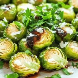 - 1 lb Brussels sprouts, halved - 3 tablespoons balsamic vinegar - 2 tablespoons honey - 2 tablespoons olive oil - 2 cloves garlic, minced - Salt and black pepper, to taste - ¼ cup grated Parmesan cheese (optional) - 1 tablespoon chopped fresh parsley for garnish Gathering the right ingredients is key to making delicious Balsamic Glazed Brussels Sprouts. Brussels sprouts are small and round, making them fun to cook with. The balsamic vinegar adds a sweet and tangy flavor. Honey balances this with more sweetness. Olive oil helps everything roast well in the oven. Garlic gives a nice aroma and taste. You can also add salt and pepper for seasoning. If you love cheese, Parmesan is a tasty option on top. Fresh parsley adds a pop of color and freshness. - Other vinegars for variations - Additional toppings like nuts or seeds Want to switch things up? You can try other vinegars like apple cider or red wine vinegar. These can change the flavor a bit. You might also want to add nuts or seeds, which give a nice crunch. For the full recipe, check out the Balsamic Bliss Brussels Sprouts section. 1. Preheat the oven to 400°F (200°C). This step is key for even cooking. 2. Prepare the Brussels sprouts by washing and halving them. This helps to cook them faster. 3. In a large bowl, toss the halved Brussels sprouts with olive oil, minced garlic, salt, and black pepper. Make sure they are well coated. To roast Brussels sprouts for the best flavor, spread them out on a baking sheet. Ensure they are in a single layer for even roasting. Roast them in the oven for 20-25 minutes. Stir halfway through to promote even browning. For the perfect glaze, combine balsamic vinegar and honey in a small saucepan over low heat. Stir it for about 3-5 minutes until it thickens slightly. This creates a sweet and tangy sauce. Once the Brussels sprouts are roasted, drizzle the balsamic glaze over them. Toss well to combine. If you like, sprinkle grated Parmesan cheese on top and return it to the oven. Bake for an extra 2-3 minutes until the cheese melts. Finally, remove from the oven and garnish with chopped fresh parsley before serving. This adds a pop of color and fresh flavor. For the full recipe, refer to the earlier section. To cook Brussels sprouts evenly, make sure they are all the same size. Halving them helps a lot. Spread them out on the baking sheet. Avoid crowding, as this can cause steaming instead of roasting. When selecting fresh Brussels sprouts, look for tight, bright green heads. They should feel firm to the touch. Avoid any with yellow leaves or soft spots. To boost flavor, consider adding spices like paprika or red pepper flakes. A pinch of smoked salt can add depth. For a herby touch, try thyme or rosemary. If you want to adjust sweetness, add more honey or maple syrup. To increase acidity, drizzle in more balsamic vinegar or a squeeze of lemon juice. Balsamic glazed Brussels sprouts pair well with roasted chicken or grilled fish. They also complement grains like quinoa or farro for a hearty meal. For presentation, serve them on a large platter. Sprinkle with extra Parmesan and fresh parsley for color. A drizzle of balsamic glaze on top adds an extra touch. For the full recipe, refer to the [Full Recipe]. {{image_2}} You can swap honey for maple syrup or agave nectar to make this dish vegan. Both options add a nice sweetness. If you want to try different sweeteners, consider brown sugar or coconut sugar. Each will give a unique flavor to the balsamic glaze. Grilling Brussels sprouts brings a smoky taste. To grill, skewer them or use a grill basket. Roast them in the oven for a crispy texture. This method enhances their natural flavor. If you're short on time, try stovetop methods. Sautéing in a pan can get you tasty Brussels sprouts quickly. For a savory twist, add chopped bacon or pancetta. This will give your sprouts a rich flavor that pairs well with the glaze. You can also experiment with different cheeses. Try feta for a tangy taste or goat cheese for creaminess. Both add depth to your dish. For the full recipe, check out the Balsamic Bliss Brussels Sprouts. To keep your Balsamic Glazed Brussels Sprouts fresh, store them in an airtight container. Place them in the fridge. They will last about 3 days. After that, they may lose flavor and texture. Always check for any signs of spoilage before eating. When reheating Brussels sprouts, the goal is to keep them crispy. You can use the oven or a skillet. For the oven, preheat it to 350°F (175°C). Spread the sprouts on a baking sheet and heat for about 10-15 minutes. If you use a skillet, place a little olive oil in the pan. Heat the sprouts over medium heat until warm. If you have leftovers, get creative! Add them to salads, grain bowls, or even omelets. They can also make a great topping for pizza or a flavorful addition to pasta dishes. Enjoy your Balsamic Glazed Brussels Sprouts in new ways! Brussels sprouts are packed with nutrients. They are high in vitamins C and K. These vitamins help your body fight off illness. Brussels sprouts also contain fiber, which aids digestion. Eating them may lower your risk of heart disease. They are low in calories, making them a great choice for weight loss. Yes, you can prepare Balsamic Glazed Brussels Sprouts ahead of time. Roast the sprouts and store them in the fridge. When you are ready to eat, reheat them in the oven. This keeps them crispy and tasty. You can add the balsamic glaze just before serving for the best flavor. To keep Brussels sprouts from getting soggy, follow these tips: - Roast them at a high temperature. - Spread them out on the baking sheet. - Avoid overcrowding the pan. - Stir them halfway through cooking. These steps help them stay crisp and delicious. No, Parmesan cheese is not a must in this recipe. It adds a nice flavor, but you can skip it. If you want a vegan option, use nutritional yeast for a cheesy taste. Feel free to play with flavors that you enjoy. Balsamic Glazed Brussels Sprouts pair well with many dishes. Try serving them with roasted chicken, grilled steak, or a hearty grain dish. They also complement pasta or quinoa bowls nicely. Add a fresh salad for a complete meal. For more ideas, check out the Full Recipe. Balsamic glazed Brussels sprouts are a tasty and healthy side. We explored the key ingredients, preparation steps, and cooking methods. I shared tips for flavor and freshness, along with variations to suit your taste. Storing leftovers can be easy, and I provided reheating ideas too. Remember, cooking is about experimenting and having fun. So, enjoy making this dish your own!