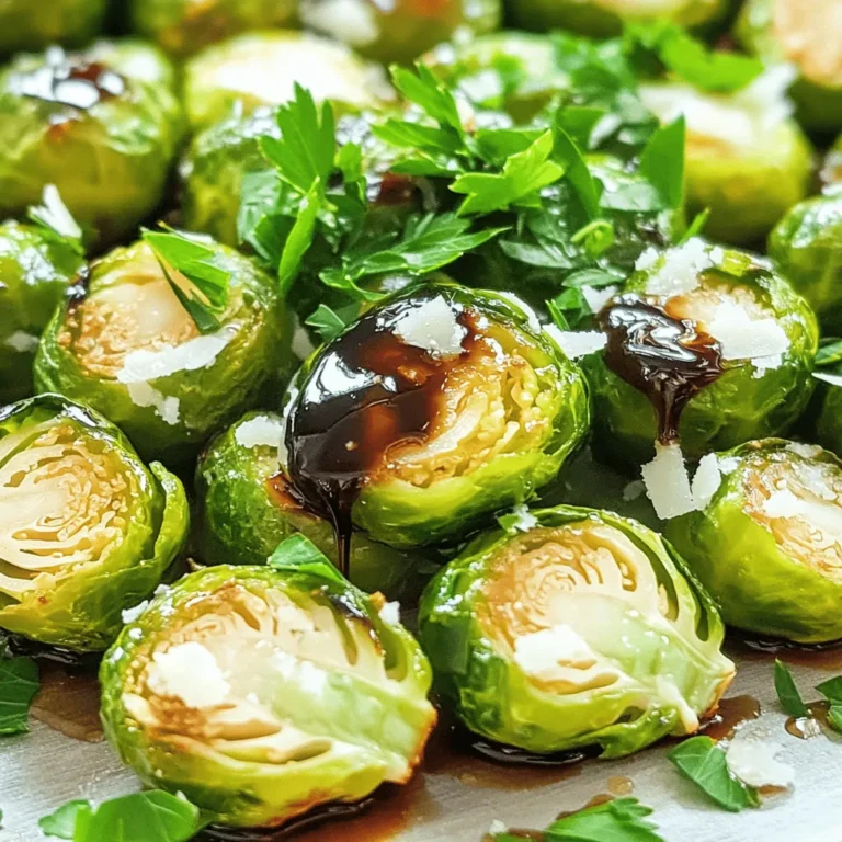 - 1 lb Brussels sprouts, halved - 3 tablespoons balsamic vinegar - 2 tablespoons honey - 2 tablespoons olive oil - 2 cloves garlic, minced - Salt and black pepper, to taste - ¼ cup grated Parmesan cheese (optional) - 1 tablespoon chopped fresh parsley for garnish Gathering the right ingredients is key to making delicious Balsamic Glazed Brussels Sprouts. Brussels sprouts are small and round, making them fun to cook with. The balsamic vinegar adds a sweet and tangy flavor. Honey balances this with more sweetness. Olive oil helps everything roast well in the oven. Garlic gives a nice aroma and taste. You can also add salt and pepper for seasoning. If you love cheese, Parmesan is a tasty option on top. Fresh parsley adds a pop of color and freshness. - Other vinegars for variations - Additional toppings like nuts or seeds Want to switch things up? You can try other vinegars like apple cider or red wine vinegar. These can change the flavor a bit. You might also want to add nuts or seeds, which give a nice crunch. For the full recipe, check out the Balsamic Bliss Brussels Sprouts section. 1. Preheat the oven to 400°F (200°C). This step is key for even cooking. 2. Prepare the Brussels sprouts by washing and halving them. This helps to cook them faster. 3. In a large bowl, toss the halved Brussels sprouts with olive oil, minced garlic, salt, and black pepper. Make sure they are well coated. To roast Brussels sprouts for the best flavor, spread them out on a baking sheet. Ensure they are in a single layer for even roasting. Roast them in the oven for 20-25 minutes. Stir halfway through to promote even browning. For the perfect glaze, combine balsamic vinegar and honey in a small saucepan over low heat. Stir it for about 3-5 minutes until it thickens slightly. This creates a sweet and tangy sauce. Once the Brussels sprouts are roasted, drizzle the balsamic glaze over them. Toss well to combine. If you like, sprinkle grated Parmesan cheese on top and return it to the oven. Bake for an extra 2-3 minutes until the cheese melts. Finally, remove from the oven and garnish with chopped fresh parsley before serving. This adds a pop of color and fresh flavor. For the full recipe, refer to the earlier section. To cook Brussels sprouts evenly, make sure they are all the same size. Halving them helps a lot. Spread them out on the baking sheet. Avoid crowding, as this can cause steaming instead of roasting. When selecting fresh Brussels sprouts, look for tight, bright green heads. They should feel firm to the touch. Avoid any with yellow leaves or soft spots. To boost flavor, consider adding spices like paprika or red pepper flakes. A pinch of smoked salt can add depth. For a herby touch, try thyme or rosemary. If you want to adjust sweetness, add more honey or maple syrup. To increase acidity, drizzle in more balsamic vinegar or a squeeze of lemon juice. Balsamic glazed Brussels sprouts pair well with roasted chicken or grilled fish. They also complement grains like quinoa or farro for a hearty meal. For presentation, serve them on a large platter. Sprinkle with extra Parmesan and fresh parsley for color. A drizzle of balsamic glaze on top adds an extra touch. For the full recipe, refer to the [Full Recipe]. {{image_2}} You can swap honey for maple syrup or agave nectar to make this dish vegan. Both options add a nice sweetness. If you want to try different sweeteners, consider brown sugar or coconut sugar. Each will give a unique flavor to the balsamic glaze. Grilling Brussels sprouts brings a smoky taste. To grill, skewer them or use a grill basket. Roast them in the oven for a crispy texture. This method enhances their natural flavor. If you're short on time, try stovetop methods. Sautéing in a pan can get you tasty Brussels sprouts quickly. For a savory twist, add chopped bacon or pancetta. This will give your sprouts a rich flavor that pairs well with the glaze. You can also experiment with different cheeses. Try feta for a tangy taste or goat cheese for creaminess. Both add depth to your dish. For the full recipe, check out the Balsamic Bliss Brussels Sprouts. To keep your Balsamic Glazed Brussels Sprouts fresh, store them in an airtight container. Place them in the fridge. They will last about 3 days. After that, they may lose flavor and texture. Always check for any signs of spoilage before eating. When reheating Brussels sprouts, the goal is to keep them crispy. You can use the oven or a skillet. For the oven, preheat it to 350°F (175°C). Spread the sprouts on a baking sheet and heat for about 10-15 minutes. If you use a skillet, place a little olive oil in the pan. Heat the sprouts over medium heat until warm. If you have leftovers, get creative! Add them to salads, grain bowls, or even omelets. They can also make a great topping for pizza or a flavorful addition to pasta dishes. Enjoy your Balsamic Glazed Brussels Sprouts in new ways! Brussels sprouts are packed with nutrients. They are high in vitamins C and K. These vitamins help your body fight off illness. Brussels sprouts also contain fiber, which aids digestion. Eating them may lower your risk of heart disease. They are low in calories, making them a great choice for weight loss. Yes, you can prepare Balsamic Glazed Brussels Sprouts ahead of time. Roast the sprouts and store them in the fridge. When you are ready to eat, reheat them in the oven. This keeps them crispy and tasty. You can add the balsamic glaze just before serving for the best flavor. To keep Brussels sprouts from getting soggy, follow these tips: - Roast them at a high temperature. - Spread them out on the baking sheet. - Avoid overcrowding the pan. - Stir them halfway through cooking. These steps help them stay crisp and delicious. No, Parmesan cheese is not a must in this recipe. It adds a nice flavor, but you can skip it. If you want a vegan option, use nutritional yeast for a cheesy taste. Feel free to play with flavors that you enjoy. Balsamic Glazed Brussels Sprouts pair well with many dishes. Try serving them with roasted chicken, grilled steak, or a hearty grain dish. They also complement pasta or quinoa bowls nicely. Add a fresh salad for a complete meal. For more ideas, check out the Full Recipe. Balsamic glazed Brussels sprouts are a tasty and healthy side. We explored the key ingredients, preparation steps, and cooking methods. I shared tips for flavor and freshness, along with variations to suit your taste. Storing leftovers can be easy, and I provided reheating ideas too. Remember, cooking is about experimenting and having fun. So, enjoy making this dish your own!