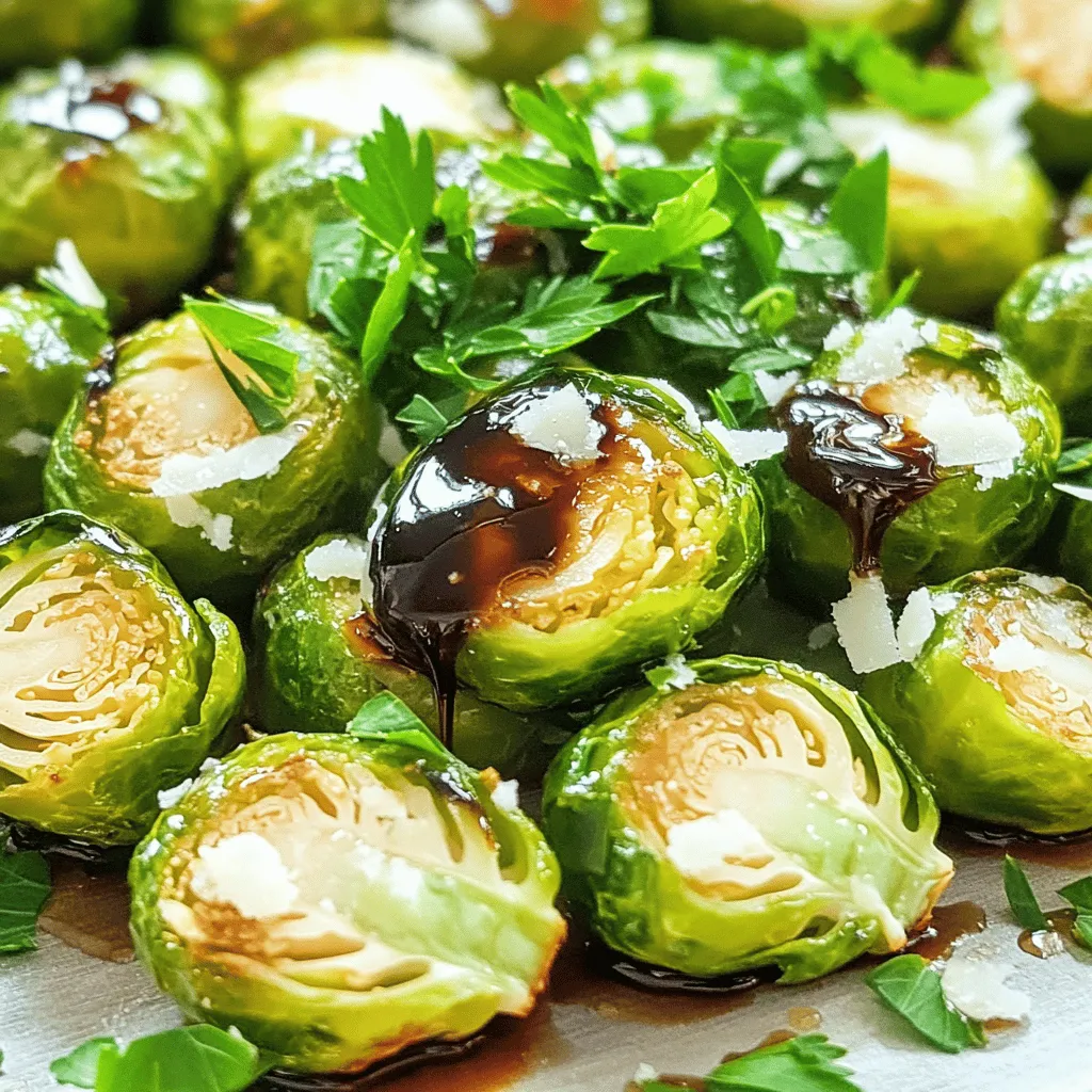 - 1 lb Brussels sprouts, halved - 3 tablespoons balsamic vinegar - 2 tablespoons honey - 2 tablespoons olive oil - 2 cloves garlic, minced - Salt and black pepper, to taste - ¼ cup grated Parmesan cheese (optional) - 1 tablespoon chopped fresh parsley for garnish Gathering the right ingredients is key to making delicious Balsamic Glazed Brussels Sprouts. Brussels sprouts are small and round, making them fun to cook with. The balsamic vinegar adds a sweet and tangy flavor. Honey balances this with more sweetness. Olive oil helps everything roast well in the oven. Garlic gives a nice aroma and taste. You can also add salt and pepper for seasoning. If you love cheese, Parmesan is a tasty option on top. Fresh parsley adds a pop of color and freshness. - Other vinegars for variations - Additional toppings like nuts or seeds Want to switch things up? You can try other vinegars like apple cider or red wine vinegar. These can change the flavor a bit. You might also want to add nuts or seeds, which give a nice crunch. For the full recipe, check out the Balsamic Bliss Brussels Sprouts section. 1. Preheat the oven to 400°F (200°C). This step is key for even cooking. 2. Prepare the Brussels sprouts by washing and halving them. This helps to cook them faster. 3. In a large bowl, toss the halved Brussels sprouts with olive oil, minced garlic, salt, and black pepper. Make sure they are well coated. To roast Brussels sprouts for the best flavor, spread them out on a baking sheet. Ensure they are in a single layer for even roasting. Roast them in the oven for 20-25 minutes. Stir halfway through to promote even browning. For the perfect glaze, combine balsamic vinegar and honey in a small saucepan over low heat. Stir it for about 3-5 minutes until it thickens slightly. This creates a sweet and tangy sauce. Once the Brussels sprouts are roasted, drizzle the balsamic glaze over them. Toss well to combine. If you like, sprinkle grated Parmesan cheese on top and return it to the oven. Bake for an extra 2-3 minutes until the cheese melts. Finally, remove from the oven and garnish with chopped fresh parsley before serving. This adds a pop of color and fresh flavor. For the full recipe, refer to the earlier section. To cook Brussels sprouts evenly, make sure they are all the same size. Halving them helps a lot. Spread them out on the baking sheet. Avoid crowding, as this can cause steaming instead of roasting. When selecting fresh Brussels sprouts, look for tight, bright green heads. They should feel firm to the touch. Avoid any with yellow leaves or soft spots. To boost flavor, consider adding spices like paprika or red pepper flakes. A pinch of smoked salt can add depth. For a herby touch, try thyme or rosemary. If you want to adjust sweetness, add more honey or maple syrup. To increase acidity, drizzle in more balsamic vinegar or a squeeze of lemon juice. Balsamic glazed Brussels sprouts pair well with roasted chicken or grilled fish. They also complement grains like quinoa or farro for a hearty meal. For presentation, serve them on a large platter. Sprinkle with extra Parmesan and fresh parsley for color. A drizzle of balsamic glaze on top adds an extra touch. For the full recipe, refer to the [Full Recipe]. {{image_2}} You can swap honey for maple syrup or agave nectar to make this dish vegan. Both options add a nice sweetness. If you want to try different sweeteners, consider brown sugar or coconut sugar. Each will give a unique flavor to the balsamic glaze. Grilling Brussels sprouts brings a smoky taste. To grill, skewer them or use a grill basket. Roast them in the oven for a crispy texture. This method enhances their natural flavor. If you're short on time, try stovetop methods. Sautéing in a pan can get you tasty Brussels sprouts quickly. For a savory twist, add chopped bacon or pancetta. This will give your sprouts a rich flavor that pairs well with the glaze. You can also experiment with different cheeses. Try feta for a tangy taste or goat cheese for creaminess. Both add depth to your dish. For the full recipe, check out the Balsamic Bliss Brussels Sprouts. To keep your Balsamic Glazed Brussels Sprouts fresh, store them in an airtight container. Place them in the fridge. They will last about 3 days. After that, they may lose flavor and texture. Always check for any signs of spoilage before eating. When reheating Brussels sprouts, the goal is to keep them crispy. You can use the oven or a skillet. For the oven, preheat it to 350°F (175°C). Spread the sprouts on a baking sheet and heat for about 10-15 minutes. If you use a skillet, place a little olive oil in the pan. Heat the sprouts over medium heat until warm. If you have leftovers, get creative! Add them to salads, grain bowls, or even omelets. They can also make a great topping for pizza or a flavorful addition to pasta dishes. Enjoy your Balsamic Glazed Brussels Sprouts in new ways! Brussels sprouts are packed with nutrients. They are high in vitamins C and K. These vitamins help your body fight off illness. Brussels sprouts also contain fiber, which aids digestion. Eating them may lower your risk of heart disease. They are low in calories, making them a great choice for weight loss. Yes, you can prepare Balsamic Glazed Brussels Sprouts ahead of time. Roast the sprouts and store them in the fridge. When you are ready to eat, reheat them in the oven. This keeps them crispy and tasty. You can add the balsamic glaze just before serving for the best flavor. To keep Brussels sprouts from getting soggy, follow these tips: - Roast them at a high temperature. - Spread them out on the baking sheet. - Avoid overcrowding the pan. - Stir them halfway through cooking. These steps help them stay crisp and delicious. No, Parmesan cheese is not a must in this recipe. It adds a nice flavor, but you can skip it. If you want a vegan option, use nutritional yeast for a cheesy taste. Feel free to play with flavors that you enjoy. Balsamic Glazed Brussels Sprouts pair well with many dishes. Try serving them with roasted chicken, grilled steak, or a hearty grain dish. They also complement pasta or quinoa bowls nicely. Add a fresh salad for a complete meal. For more ideas, check out the Full Recipe. Balsamic glazed Brussels sprouts are a tasty and healthy side. We explored the key ingredients, preparation steps, and cooking methods. I shared tips for flavor and freshness, along with variations to suit your taste. Storing leftovers can be easy, and I provided reheating ideas too. Remember, cooking is about experimenting and having fun. So, enjoy making this dish your own!