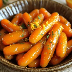 - 1 lb baby carrots, peeled - 1/4 cup fresh orange juice - 2 tablespoons honey - 1 tablespoon unsalted butter - Zest of 1 orange - 1 teaspoon fresh ginger, grated - Salt and pepper to taste - Fresh parsley, chopped for garnish When you choose carrots, look for bright colors and a firm touch. Baby carrots work best for this dish, but you can use regular carrots. Simply cut them into equal sizes. If you need substitutes, try maple syrup instead of honey. For a dairy-free option, use olive oil in place of butter. These swaps keep the dish tasty while fitting your needs. To start, you need to cook the carrots. Boiling them is a great method. First, bring water to a boil in a medium saucepan. Then, add the peeled baby carrots. Cook them for about 5 to 7 minutes. You want them tender but still slightly crisp. This timing gives the best texture. Once they are done, drain the carrots and set them aside. Next, you will prepare the orange glaze. In the same saucepan, add unsalted butter over medium heat. Once it melts, mix in fresh orange juice, honey, grated ginger, and orange zest. Stir everything well. Let the mixture simmer for 2 to 3 minutes. This will help the glaze thicken. Keep an eye on it so it doesn’t burn. Now it's time to coat the carrots. Add the drained carrots back to the saucepan. Toss them in the orange glaze until they are well coated. This step ensures every carrot gets that sweet flavor. Cook them for an extra 3 to 4 minutes. Stir occasionally for even heating. Finally, season with salt and pepper to taste. Remove from heat and serve. For an extra touch, garnish with chopped fresh parsley. This adds color and a burst of flavor. For the full recipe, check the details above. To get the best orange glaze, simmering time is key. When you simmer the glaze, it thickens and develops flavor. I recommend simmering for at least 2-3 minutes. This helps mix the orange juice, honey, and butter, making a rich sauce. You can adjust the sweetness and seasoning to match your taste. If you like it sweeter, add more honey. For a tangy kick, squeeze in a little extra orange juice. Taste the glaze before adding the carrots. This way, you can balance the flavors just right. Garnishing with parsley makes your dish pop. The bright green color contrasts nicely with the orange glaze. Just chop some fresh parsley and sprinkle it on top before serving. This adds a fresh look and taste. For a festive meal, serve the carrots in a bright bowl. You can also pair them with roasted meats or fish. Their sweet flavor complements many main dishes. They look great on a holiday table or at a family dinner. To boost the flavor, think about adding spices. A pinch of cinnamon or nutmeg can add warmth to the dish. You can also use a bit of cumin for a unique twist. These spices blend well with the orange. When serving, think about what main dishes you want to pair with the carrots. They go well with roasted chicken or pork. The sweetness of the carrots balances the savory flavors of the meat. This makes your meal more delicious and satisfying. For the complete recipe, check out the [Full Recipe]. {{image_2}} You can switch things up with flavor. Try adding a pinch of cinnamon or nutmeg. These spices bring warmth and depth to the dish. If you want a brighter taste, use lemon juice instead of orange juice. Lemon gives a fresh zing that complements the carrots nicely. For a vegan version, swap honey for maple syrup or agave nectar. You can use coconut oil instead of butter. This keeps the dish plant-based and full of flavor. If you need a sugar-free option, erythritol or stevia work well. Just remember to adjust the amount since these sweeteners can be sweeter than honey. Seasonal veggies can add fun to this dish. In fall, consider using butternut squash or sweet potatoes. In spring, fresh peas or asparagus can be a great mix. You can also tailor the recipe for special events. For Thanksgiving, add a sprinkle of cinnamon. For summer picnics, garnish with fresh mint. To store leftover orange glazed carrots, place them in an airtight container. This keeps them fresh and prevents odors. Always let the carrots cool to room temperature before sealing. When you are ready to eat, reheat them gently. You can use a microwave or a skillet over low heat. Stir occasionally to heat evenly. Yes, you can freeze orange glazed carrots. However, they may lose some texture after thawing. To freeze them, let the glazed carrots cool completely. Then, place them in freezer-safe bags, removing as much air as possible. When ready to use, thaw them in the fridge overnight. You can reheat them on the stove or in the microwave. In the fridge, orange glazed carrots last about 3 to 5 days. Always check for signs of spoilage. If they smell sour or have a slimy texture, it's best to throw them away. Freshness is key for the best taste and safety. You can pair orange glazed carrots with many dishes. They brighten up any meal. Here are some ideas: - Side dish pairings: - Mashed potatoes - Roasted broccoli - Quinoa salad - Green beans - Main course suggestions: - Grilled chicken - Baked salmon - Herb-crusted pork - Vegetarian stir-fry Yes, you can. Making this dish ahead saves time. Here’s how: - Preparing in advance: Cook the carrots and glaze them. Let them cool and store in the fridge. - Reheating tips: Warm them in a pan on low heat. Add a splash of orange juice if they seem dry. Stir until heated through. Definitely! Orange glazed carrots work well for meal prep. Follow these best practices: - Portioning: Divide them into containers. This makes it easy to grab and go. - Storage: Keep them in airtight containers in the fridge. They stay fresh for up to five days. For the full recipe, check out the details above! This blog covered a delicious recipe for orange glazed carrots. You learned about the ingredients, steps for cooking, and tips for perfect flavor. I shared ways to customize the dish, store it, and answer common questions. When making this recipe, choose fresh ingredients to enhance taste. The clear steps will guide you to a tasty side dish. Enjoy creating this simple, flavorful dish that fits many meals and occasions!