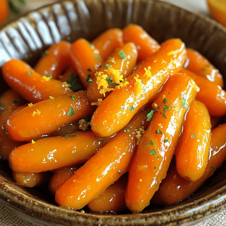 - 1 lb baby carrots, peeled - 1/4 cup fresh orange juice - 2 tablespoons honey - 1 tablespoon unsalted butter - Zest of 1 orange - 1 teaspoon fresh ginger, grated - Salt and pepper to taste - Fresh parsley, chopped for garnish When you choose carrots, look for bright colors and a firm touch. Baby carrots work best for this dish, but you can use regular carrots. Simply cut them into equal sizes. If you need substitutes, try maple syrup instead of honey. For a dairy-free option, use olive oil in place of butter. These swaps keep the dish tasty while fitting your needs. To start, you need to cook the carrots. Boiling them is a great method. First, bring water to a boil in a medium saucepan. Then, add the peeled baby carrots. Cook them for about 5 to 7 minutes. You want them tender but still slightly crisp. This timing gives the best texture. Once they are done, drain the carrots and set them aside. Next, you will prepare the orange glaze. In the same saucepan, add unsalted butter over medium heat. Once it melts, mix in fresh orange juice, honey, grated ginger, and orange zest. Stir everything well. Let the mixture simmer for 2 to 3 minutes. This will help the glaze thicken. Keep an eye on it so it doesn’t burn. Now it's time to coat the carrots. Add the drained carrots back to the saucepan. Toss them in the orange glaze until they are well coated. This step ensures every carrot gets that sweet flavor. Cook them for an extra 3 to 4 minutes. Stir occasionally for even heating. Finally, season with salt and pepper to taste. Remove from heat and serve. For an extra touch, garnish with chopped fresh parsley. This adds color and a burst of flavor. For the full recipe, check the details above. To get the best orange glaze, simmering time is key. When you simmer the glaze, it thickens and develops flavor. I recommend simmering for at least 2-3 minutes. This helps mix the orange juice, honey, and butter, making a rich sauce. You can adjust the sweetness and seasoning to match your taste. If you like it sweeter, add more honey. For a tangy kick, squeeze in a little extra orange juice. Taste the glaze before adding the carrots. This way, you can balance the flavors just right. Garnishing with parsley makes your dish pop. The bright green color contrasts nicely with the orange glaze. Just chop some fresh parsley and sprinkle it on top before serving. This adds a fresh look and taste. For a festive meal, serve the carrots in a bright bowl. You can also pair them with roasted meats or fish. Their sweet flavor complements many main dishes. They look great on a holiday table or at a family dinner. To boost the flavor, think about adding spices. A pinch of cinnamon or nutmeg can add warmth to the dish. You can also use a bit of cumin for a unique twist. These spices blend well with the orange. When serving, think about what main dishes you want to pair with the carrots. They go well with roasted chicken or pork. The sweetness of the carrots balances the savory flavors of the meat. This makes your meal more delicious and satisfying. For the complete recipe, check out the [Full Recipe]. {{image_2}} You can switch things up with flavor. Try adding a pinch of cinnamon or nutmeg. These spices bring warmth and depth to the dish. If you want a brighter taste, use lemon juice instead of orange juice. Lemon gives a fresh zing that complements the carrots nicely. For a vegan version, swap honey for maple syrup or agave nectar. You can use coconut oil instead of butter. This keeps the dish plant-based and full of flavor. If you need a sugar-free option, erythritol or stevia work well. Just remember to adjust the amount since these sweeteners can be sweeter than honey. Seasonal veggies can add fun to this dish. In fall, consider using butternut squash or sweet potatoes. In spring, fresh peas or asparagus can be a great mix. You can also tailor the recipe for special events. For Thanksgiving, add a sprinkle of cinnamon. For summer picnics, garnish with fresh mint. To store leftover orange glazed carrots, place them in an airtight container. This keeps them fresh and prevents odors. Always let the carrots cool to room temperature before sealing. When you are ready to eat, reheat them gently. You can use a microwave or a skillet over low heat. Stir occasionally to heat evenly. Yes, you can freeze orange glazed carrots. However, they may lose some texture after thawing. To freeze them, let the glazed carrots cool completely. Then, place them in freezer-safe bags, removing as much air as possible. When ready to use, thaw them in the fridge overnight. You can reheat them on the stove or in the microwave. In the fridge, orange glazed carrots last about 3 to 5 days. Always check for signs of spoilage. If they smell sour or have a slimy texture, it's best to throw them away. Freshness is key for the best taste and safety. You can pair orange glazed carrots with many dishes. They brighten up any meal. Here are some ideas: - Side dish pairings: - Mashed potatoes - Roasted broccoli - Quinoa salad - Green beans - Main course suggestions: - Grilled chicken - Baked salmon - Herb-crusted pork - Vegetarian stir-fry Yes, you can. Making this dish ahead saves time. Here’s how: - Preparing in advance: Cook the carrots and glaze them. Let them cool and store in the fridge. - Reheating tips: Warm them in a pan on low heat. Add a splash of orange juice if they seem dry. Stir until heated through. Definitely! Orange glazed carrots work well for meal prep. Follow these best practices: - Portioning: Divide them into containers. This makes it easy to grab and go. - Storage: Keep them in airtight containers in the fridge. They stay fresh for up to five days. For the full recipe, check out the details above! This blog covered a delicious recipe for orange glazed carrots. You learned about the ingredients, steps for cooking, and tips for perfect flavor. I shared ways to customize the dish, store it, and answer common questions. When making this recipe, choose fresh ingredients to enhance taste. The clear steps will guide you to a tasty side dish. Enjoy creating this simple, flavorful dish that fits many meals and occasions!