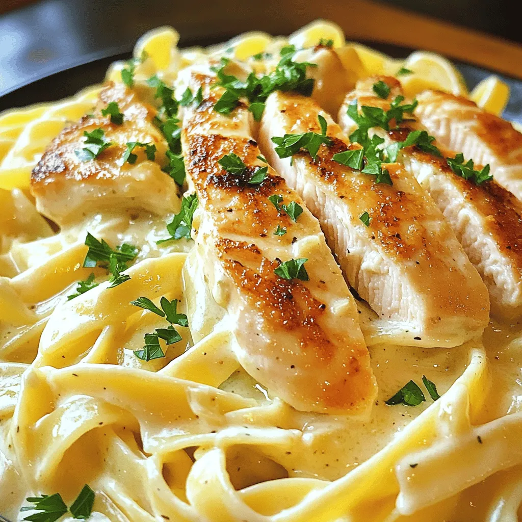 To make Classic Chicken Alfredo, you need a few key items. Here’s a list of what you must have: - 2 boneless, skinless chicken breasts - 8 ounces fettuccine pasta - 1 tablespoon olive oil - Salt and pepper to taste - 3 cloves garlic, minced - 1 cup heavy cream - 1 cup freshly grated Parmesan cheese - ½ teaspoon nutmeg - Fresh parsley, chopped (for garnish) These ingredients form the heart of your dish. The chicken gives protein, while the fettuccine provides a nice base. The cream and cheese blend to create a rich sauce. You can personalize this dish with a few fun additions. Here are some optional ingredients: - Broccoli florets - Spinach - Mushrooms - Red pepper flakes - Lemon zest These choices let you make the dish your own. Add vegetables for color and nutrition. Spice it up with red pepper flakes for a kick. You’ll need a few tools to make this dish easy and fun: - Large pot for boiling pasta - Large skillet for cooking chicken and sauce - Slotted spoon or tongs for tossing - Sharp knife for slicing chicken - Measuring cups and spoons Having the right equipment makes the cooking process smooth. You’ll enjoy making this creamy pasta delight! For the full recipe, check out the details above. To start, fill a large pot with water. Add salt to the water; this adds flavor. Bring the water to a boil over high heat. Once boiling, add the fettuccine pasta. Cook it for about 10 to 12 minutes. You want it to be al dente, which means firm to the bite. After cooking, drain the pasta but keep about 1 cup of the pasta water. Set the pasta aside and let it wait for its creamy partner. While the pasta cooks, grab your chicken breasts. Season them with salt and pepper on both sides. In a large skillet, pour in the olive oil and heat it over medium heat. Once hot, add the chicken breasts. Cook them for about 6 to 7 minutes on each side. You want them golden brown and fully cooked. After cooking, take them out of the skillet and let them rest for a few minutes. Once cooled, slice the chicken into strips. Now it’s time for the star of the show, the Alfredo sauce. In the same skillet, add the minced garlic. Sauté it for about 30 seconds until it smells amazing. Then, pour in the heavy cream. Bring the cream to a gentle simmer. Next, gradually add the freshly grated Parmesan cheese. Stir it in until it melts and becomes smooth. If the sauce is too thick, add some reserved pasta water to thin it out. Finally, sprinkle in the nutmeg and stir it well. It’s time to bring everything together! Add the cooked fettuccine and sliced chicken into the sauce. Toss everything gently to coat the pasta and chicken well. Taste and adjust with more salt and pepper if needed. Now, plate the creamy chicken Alfredo. For a touch of color, garnish it with freshly chopped parsley. Enjoy your delicious meal! For the full recipe, check out the details above. To make juicy chicken for your Alfredo, start with fresh chicken breasts. Use a meat thermometer to check the internal temperature. It should reach 165°F. Cook each side for about 6-7 minutes until golden brown. Let the chicken rest before slicing. This keeps the juices inside. For the creamiest Alfredo sauce, use heavy cream. Heat the cream slowly and stir constantly. This helps avoid burning. Gradually add the Parmesan cheese, mixing well. If the sauce gets too thick, add a bit of reserved pasta water. This will help you get the right consistency. One mistake is overcooking the pasta. Cook it until al dente for the best texture. Another mistake is adding cheese too quickly. Always stir in cheese gradually. Also, remember to season the sauce well. Taste it and adjust salt and pepper as needed. For more details, check the Full Recipe. {{image_2}} You can boost the health of your Classic Chicken Alfredo by adding vegetables. Broccoli works great. It adds color and crunch. Just steam it until tender, then toss it with the pasta. Spinach is another good choice. It wilts nicely and blends well with the sauce. For a bit of sweetness, add roasted bell peppers. They give a lovely pop of flavor. Carrots, peas, or zucchini also fit well in this creamy dish. Adding veggies can make your meal more filling and nutritious. If you want to switch things up, try different proteins. Shrimp is a fantastic option. It cooks quickly and pairs well with the creamy sauce. Just sauté it in the same pan after the garlic. You can also use turkey or tofu for a lighter choice. Both soak up the flavors of the sauce nicely. For a plant-based meal, consider chickpeas. They add protein and texture. Each protein brings its own taste, making your dish unique. You can enjoy Classic Chicken Alfredo even if you are gluten-free or dairy-free. For gluten-free pasta, look for options made from rice or chickpeas. They taste great and hold up well in the sauce. For a dairy-free version, use coconut milk or almond milk in place of heavy cream. Nutritional yeast can add a cheesy flavor without dairy. You can also use vegan cheese for that creamy texture. These swaps make the dish accessible for everyone while keeping it delicious. For the complete recipe, check out the [Full Recipe]. To keep your Classic Chicken Alfredo fresh, store it in an airtight container. Let the dish cool down first. This helps prevent moisture loss. Place it in the fridge. It lasts for about 3 days. Make sure to label the container with the date. This way, you won’t forget when you made it. When you're ready to enjoy leftovers, you can reheat them easily. Use a microwave-safe bowl. Add a splash of milk or pasta water to keep it creamy. Heat in short bursts, stirring in between. If you prefer, you can also reheat on the stove. Use low heat and stir often to avoid burning. This keeps the sauce smooth and delicious. If you want to save your Alfredo for later, freezing is a great option. To freeze, place the cooled dish in a freezer-safe container. It’s best to eat it within 2-3 months. When ready to eat, thaw it in the fridge overnight. Reheat it gently on the stove or microwave. Add a little cream or milk to restore its creamy texture. Enjoy your meal even days later! For the full recipe, be sure to check the link provided. Fettuccine is the best pasta for Alfredo. Its wide, flat shape holds the creamy sauce well. Other options include tagliatelle or pappardelle. These pastas also blend nicely with rich sauces. You can use whatever you enjoy, but fettuccine is traditional and works best. Yes, you can use pre-cooked chicken. It saves time and makes cooking easier. Just slice the chicken and add it to the sauce. Ensure it’s heated through before serving. Pre-cooked chicken adds flavor without the wait. Absolutely! Classic Chicken Alfredo is great for meal prep. You can make a big batch in advance. Store it in airtight containers in the fridge. It keeps well for up to three days. Just reheat gently when you’re ready to eat. To add spice, use crushed red pepper flakes. Start with a small amount and add more as needed. You can also add black pepper for heat. Another option is to include diced jalapeños or spicy sausage. Adjust to your taste for a kick! For the full recipe, check out the Creamy Garlic Chicken Alfredo. You learned how to make Classic Chicken Alfredo with required ingredients and easy steps. We covered cooking pasta, preparing chicken, and making a creamy sauce. Tips helped ensure perfect results every time. You can even customize the dish with veggies or alternative proteins. For leftovers, proper storage will keep your meal fresh. Enjoy your delicious Chicken Alfredo, and remember, practice will make you an expert in no time!