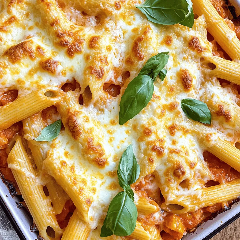 - 300g penne pasta - 1 tablespoon olive oil - 1 medium onion, diced - 2 cloves garlic, minced - 1 can (400g) diced tomatoes The main ingredients create a strong base for your creamy tomato pasta bake. Penne pasta holds sauce well and offers a nice bite. Olive oil adds flavor and helps cook the onion and garlic. The onion and garlic bring a savory aroma, while diced tomatoes provide a sweet and tangy punch. - 200ml heavy cream - 150g mozzarella cheese, shredded - 50g parmesan cheese, grated The dairy components make this dish rich and creamy. Heavy cream gives a luscious texture that blends perfectly with the tomatoes. Mozzarella cheese melts beautifully, creating a gooey top layer. Parmesan cheese adds sharpness and depth to the overall flavor. - 1 teaspoon dried basil - 1 teaspoon dried oregano - Salt and pepper to taste Herbs and seasonings enhance the taste of the creamy tomato pasta bake. Dried basil and oregano add warmth and earthiness, making every bite fragrant. Salt and pepper balance the flavors, allowing the dish to stand out. You can adjust these to fit your taste or try fresh herbs for a twist. For the full recipe, check out the [Full Recipe]. 1. Preheat your oven to 180°C (350°F). This step gets things ready for baking. 2. Cook 300g of penne pasta in a large pot of salted boiling water. Follow the package instructions until the pasta is al dente. Drain and set aside. 1. In a large skillet, heat 1 tablespoon of olive oil over medium heat. 2. Add 1 medium diced onion. Sauté it until it becomes translucent, about 5 minutes. 3. Stir in 2 minced garlic cloves and cook for one more minute until it smells good. 4. Next, add 1 can (400g) of diced tomatoes, 1 teaspoon of dried basil, 1 teaspoon of dried oregano, and salt and pepper to taste. Bring this to a simmer and let it cook for about 5-7 minutes. 5. Lower the heat and mix in 200ml of heavy cream. Stir until everything is well combined and heated through. 1. Combine the cooked penne pasta with the creamy tomato sauce in a large mixing bowl. Stir well to coat the pasta evenly. 2. Transfer the pasta mixture to a baking dish, spreading it out evenly. 3. Top with 150g of shredded mozzarella and 50g of grated parmesan cheese. 4. Bake in the preheated oven for about 20-25 minutes, or until the cheese is golden and bubbly. 5. Once done, remove from the oven. Let it cool slightly before serving. Garnish with fresh basil leaves for a pop of color. Now you have a delicious Creamy Tomato Pasta Bake ready to enjoy! For the full recipe, check out the [Full Recipe] link. To make the best creamy tomato pasta bake, you must cook the pasta just right. Cook the penne until it is al dente. This means it should be firm when you bite it. This prevents the pasta from turning mushy during baking. Next, manage the sauce's consistency. You want a creamy sauce, not too thick or too runny. If your sauce is too thick, add a splash of pasta water. If it is watery, simmer it longer to thicken. Pair your creamy tomato pasta with a fresh salad. A simple green salad with a lemon dressing works well. You can also serve it with crusty garlic bread for a hearty meal. For presentation, sprinkle fresh basil leaves on top. This adds color and a nice aroma. You could also drizzle a little olive oil over the dish for shine. Sometimes, you might find your pasta dry. To avoid this, ensure you coat the pasta with enough sauce. If you find it dry, add a bit of cream or pasta water before baking. If your sauce turns out watery, try simmering it longer. This helps to concentrate the flavors and thicken the sauce. You can also add a bit of cheese to help with consistency. For the full recipe, check out the Creamy Tomato Pasta Bake. {{image_2}} You can easily change up this dish with different ingredients. For pasta, try using gluten-free or whole wheat options. Both work well and keep the dish tasty. When it comes to cheese, don’t be afraid to mix things up. Cheddar or feta can add a new twist. These swaps let you make the recipe fit your taste and needs. Adding more flavors is simple. Consider tossing in some fresh spinach or bell peppers. These veggies bring color and nutrition. You can also add protein. Chicken or sausage makes the meal heartier. This way, you can customize the dish to suit your family’s preferences. If you want to make this recipe vegan, swap heavy cream for coconut cream or a plant-based cream. You can use vegan cheese instead of mozzarella and parmesan. For low-calorie options, use less cheese and choose whole grain pasta. These adjustments make the dish healthier without losing its creamy goodness. Feel free to explore all these variations to find your perfect version of creamy tomato pasta bake. For the full recipe, check out the link above! Store your creamy tomato pasta bake in an airtight container. Let it cool before putting it away. This helps keep the taste fresh. You can keep it in the fridge for up to three days. If you want to enjoy it later, make sure to cover it well. To freeze this dish, let it cool completely first. Use a freezer-safe container or wrap it tightly in plastic wrap. It can last up to three months in the freezer. When you're ready to eat, thaw it in the fridge overnight. Reheat it in the oven at 180°C (350°F) until hot. This usually takes about 20-30 minutes. In the fridge, your creamy tomato pasta bake stays fresh for three days. In the freezer, it can stay good for three months. After that, it may lose its taste and texture, so enjoy it while it's fresh. For the best flavor, always check for signs of spoilage, like an off smell or unusual texture. How long to bake Creamy Tomato Pasta Bake? You should bake the Creamy Tomato Pasta Bake for about 20 to 25 minutes. Look for the cheese to turn golden and bubbly. This means it’s ready to enjoy. Can I make this dish ahead of time? Yes, you can prepare this dish ahead of time. Just assemble it and cover it. Store it in the fridge for up to a day. When you’re ready, bake it straight from the fridge. Is this recipe suitable for vegetarians? Yes, this recipe is perfect for vegetarians. It contains no meat. You can enjoy all the flavors without any animal products. How can I make it lactose-free? To make this dish lactose-free, use lactose-free heavy cream. You can also choose lactose-free cheese. This way, you can still enjoy the creamy goodness. What can I use instead of heavy cream? If you want to skip heavy cream, try using coconut cream. It adds a rich taste without the dairy. You can also use a mix of milk and cornstarch for a lighter option. Can I replace penne pasta with another type? Absolutely! You can swap penne for any pasta you like. Fusilli or rotini work great too. Just make sure to adjust the cooking time based on the pasta you choose. This blog post shared a simple recipe for Creamy Tomato Pasta Bake. We covered key ingredients, preparation steps, and tips for success. You learned how to adapt this dish to fit your taste and dietary needs. Cooking doesn’t have to be hard. With a few basic steps and some creativity, you can make a delightful meal. Enjoy creating a pasta bake that suits your style and share it with others!
