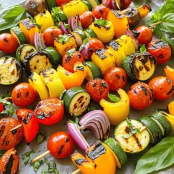 - 1 red bell pepper, cut into 1-inch pieces - 1 yellow bell pepper, cut into 1-inch pieces - 1 zucchini, sliced into thick rounds - 1 red onion, cut into wedges - 1 cup cherry tomatoes - 1 cup mushrooms, whole or halved - 4 tablespoons olive oil - 2 teaspoons garlic powder - 1 teaspoon smoked paprika - Salt and pepper to taste - Fresh basil leaves for garnish I love using fresh, colorful veggies for these skewers. Each one adds a unique taste. The red and yellow bell peppers bring sweetness, while the zucchini adds a nice crunch. Red onion gives a sharp flavor, and cherry tomatoes burst with juice. Mushrooms add umami, which rounds out the dish. - Alternative vegetable options (eggplant, asparagus, etc.) - Various marinades and spices Feel free to mix and match your vegetables. Eggplant adds a lovely texture, and asparagus brings a fresh taste. Also, try different marinades for extra flavor. You can use teriyaki, lemon herb, or even a simple balsamic glaze to change things up. Each serving has roughly: - Calories: 150 - Fat: 8g - Carbs: 18g - Protein: 4g This dish is not just tasty; it’s also good for you! It’s low in calories and packed with nutrients. Grilled vegetable skewers are a great choice for a healthy meal. Enjoy them as a side or main dish! Check out the Full Recipe for more details. First, preheat your grill to medium-high heat. This step is key for great grilling. While the grill heats, prepare your vegetables. Wash them well and cut them into the sizes listed in the recipe. Next, mix the olive oil and seasonings. In a large bowl, combine the olive oil, garlic powder, smoked paprika, salt, and pepper. Stir until the mixture blends well. This oil will add a nice flavor to the veggies. Now, it's time to thread the vegetables onto skewers. Use metal or soaked wooden skewers. Start with one type of vegetable. Slide it onto the skewer, leaving space between each piece. Aim for 4-5 pieces of each type per skewer. For a colorful look, alternate the vegetables. Start with a bell pepper, then add zucchini, and follow with onion and mushrooms. This not only makes the skewers pretty but also adds different flavors. Place the skewers on the preheated grill. Grill them for about 10-12 minutes. Turn the skewers occasionally to cook evenly. Keep an eye on them. You want a nice char but not burnt. To check if they are done, look for a slight char and tenderness. You can poke a fork into the veggies. If it goes in easily, they are ready. After grilling, let the skewers cool for a minute. Garnish with fresh basil leaves for a tasty finish. Enjoy your colorful, grilled vegetable skewers! For the complete recipe, refer to the Full Recipe. To prevent vegetables from sticking to the grill, oil the grill grates well. You can use a paper towel dipped in oil. Hold it with tongs and wipe the grates before placing the skewers on. This simple step keeps your veggies intact and makes cleanup easier. For the perfect char without burning, keep a close eye on the grill. You want to cook them over medium-high heat. Turn the skewers every few minutes. This way, you get nice grill marks without charring them too much. To enhance the flavor of your grilled vegetable skewers, try a mix of spices. Garlic powder, smoked paprika, and salt create a great base. You can add a pinch of red pepper flakes for some heat. If you want a fresh kick, consider squeezing lemon juice over the veggies right before serving. Balancing flavors is key. If you add something spicy, pair it with something mild. This mix keeps each bite interesting. For example, sweet bell peppers pair nicely with savory mushrooms. If your vegetables are undercooked, give them more time on the grill. Check them often and turn the skewers to ensure even cooking. If they are overcooked, reduce the heat next time. Remember, thinner pieces cook faster. For uneven cooking, try cutting your vegetables into similar sizes. This ensures they cook at the same rate. Also, consider rearranging them on the skewer. If one type cooks faster, place it further from the heat source. For the full recipe and more tips, check out the Grilled Rainbow Vegetable Skewers section. {{image_2}} You can mix many veggies for your skewers. Seasonal vegetables are perfect. Try using fresh asparagus, eggplant, or sweet corn. They add unique flavors. For a fruity twist, think about adding pineapple or peaches. These fruits caramelize nicely on the grill. Their sweetness pairs well with savory veggies. You can even make a colorful rainbow skewer with different colors and shapes. This keeps your meal fun and exciting. Marinades can take your skewers to the next level. A simple teriyaki sauce adds rich flavor. You can also try a lemon herb mix for a zesty kick. Fresh herbs like rosemary or thyme add depth. Think about mixing in citrus zest for brightness. Just a little lemon or lime peel can make a big difference. This gives your skewers an extra layer of taste that everyone will love. Grilled vegetable skewers are great on their own but pair well with sides. Serve them with a light quinoa salad or some crusty bread. These sides balance the flavors nicely. For dips, try a cool yogurt sauce or a spicy salsa. These add extra zing to your meal. You can even drizzle your skewers with balsamic glaze for a sweet touch. This will impress your guests and make your dish shine. For the full recipe, check out Grilled Rainbow Vegetable Skewers . To keep your grilled vegetable skewers fresh, refrigerate them right away. Place the skewers in an airtight container. You can also wrap them tightly in plastic wrap. If you plan to eat them later, freezing is a great choice. Use a freezer-safe bag or container to avoid freezer burn. When you are ready to enjoy your skewers again, reheat them gently. You can use a microwave, but I recommend using an oven or grill. This method keeps the texture and flavor. If using a microwave, heat in short bursts. This way, they warm evenly without getting soggy. If using an oven, place skewers on a baking sheet at 350°F for about 10 minutes. Grilled vegetable skewers will last in the fridge for up to 4 days. If you freeze them, they can stay good for up to 3 months. Just remember to label your containers with the date. This helps you keep track of freshness. Yes, you can use wooden skewers. To prevent them from burning, soak them in water for 30 minutes before using. This keeps them moist while you grill. If you use dry skewers, they may catch fire. Great choices include bell peppers, zucchini, onions, cherry tomatoes, and mushrooms. You can also use eggplant, asparagus, or corn. These vegetables hold up well on the grill and taste amazing. To add more flavor, try using spices like garlic powder and smoked paprika. You can also marinate the veggies in olive oil, lemon juice, or balsamic vinegar. Fresh herbs like basil or thyme add great taste too. Yes, you can prepare the skewers in advance. Cut and marinate the vegetables a few hours before grilling. Just store them in the fridge until you're ready to cook. This saves time and makes grilling easy. For the full recipe, check out the complete guide on grilled rainbow vegetable skewers! Grilling vegetable skewers is simple and fun. You learn how to choose fresh ingredients and prepare them. I shared important tips for grilling and seasoning to enhance flavors. You can customize these skewers to fit your taste with various veggies and marinades. Don't forget about storage tips and reheating methods to enjoy leftovers. So, fire up your grill and create delicious skewers. Your meals can be healthy and tasty all summer long!
