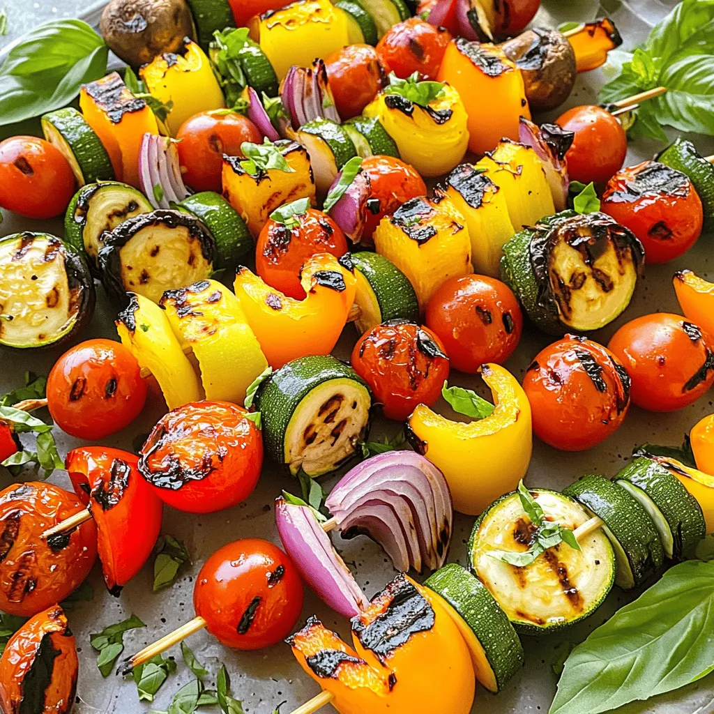 - 1 red bell pepper, cut into 1-inch pieces - 1 yellow bell pepper, cut into 1-inch pieces - 1 zucchini, sliced into thick rounds - 1 red onion, cut into wedges - 1 cup cherry tomatoes - 1 cup mushrooms, whole or halved - 4 tablespoons olive oil - 2 teaspoons garlic powder - 1 teaspoon smoked paprika - Salt and pepper to taste - Fresh basil leaves for garnish I love using fresh, colorful veggies for these skewers. Each one adds a unique taste. The red and yellow bell peppers bring sweetness, while the zucchini adds a nice crunch. Red onion gives a sharp flavor, and cherry tomatoes burst with juice. Mushrooms add umami, which rounds out the dish. - Alternative vegetable options (eggplant, asparagus, etc.) - Various marinades and spices Feel free to mix and match your vegetables. Eggplant adds a lovely texture, and asparagus brings a fresh taste. Also, try different marinades for extra flavor. You can use teriyaki, lemon herb, or even a simple balsamic glaze to change things up. Each serving has roughly: - Calories: 150 - Fat: 8g - Carbs: 18g - Protein: 4g This dish is not just tasty; it’s also good for you! It’s low in calories and packed with nutrients. Grilled vegetable skewers are a great choice for a healthy meal. Enjoy them as a side or main dish! Check out the Full Recipe for more details. First, preheat your grill to medium-high heat. This step is key for great grilling. While the grill heats, prepare your vegetables. Wash them well and cut them into the sizes listed in the recipe. Next, mix the olive oil and seasonings. In a large bowl, combine the olive oil, garlic powder, smoked paprika, salt, and pepper. Stir until the mixture blends well. This oil will add a nice flavor to the veggies. Now, it's time to thread the vegetables onto skewers. Use metal or soaked wooden skewers. Start with one type of vegetable. Slide it onto the skewer, leaving space between each piece. Aim for 4-5 pieces of each type per skewer. For a colorful look, alternate the vegetables. Start with a bell pepper, then add zucchini, and follow with onion and mushrooms. This not only makes the skewers pretty but also adds different flavors. Place the skewers on the preheated grill. Grill them for about 10-12 minutes. Turn the skewers occasionally to cook evenly. Keep an eye on them. You want a nice char but not burnt. To check if they are done, look for a slight char and tenderness. You can poke a fork into the veggies. If it goes in easily, they are ready. After grilling, let the skewers cool for a minute. Garnish with fresh basil leaves for a tasty finish. Enjoy your colorful, grilled vegetable skewers! For the complete recipe, refer to the Full Recipe. To prevent vegetables from sticking to the grill, oil the grill grates well. You can use a paper towel dipped in oil. Hold it with tongs and wipe the grates before placing the skewers on. This simple step keeps your veggies intact and makes cleanup easier. For the perfect char without burning, keep a close eye on the grill. You want to cook them over medium-high heat. Turn the skewers every few minutes. This way, you get nice grill marks without charring them too much. To enhance the flavor of your grilled vegetable skewers, try a mix of spices. Garlic powder, smoked paprika, and salt create a great base. You can add a pinch of red pepper flakes for some heat. If you want a fresh kick, consider squeezing lemon juice over the veggies right before serving. Balancing flavors is key. If you add something spicy, pair it with something mild. This mix keeps each bite interesting. For example, sweet bell peppers pair nicely with savory mushrooms. If your vegetables are undercooked, give them more time on the grill. Check them often and turn the skewers to ensure even cooking. If they are overcooked, reduce the heat next time. Remember, thinner pieces cook faster. For uneven cooking, try cutting your vegetables into similar sizes. This ensures they cook at the same rate. Also, consider rearranging them on the skewer. If one type cooks faster, place it further from the heat source. For the full recipe and more tips, check out the Grilled Rainbow Vegetable Skewers section. {{image_2}} You can mix many veggies for your skewers. Seasonal vegetables are perfect. Try using fresh asparagus, eggplant, or sweet corn. They add unique flavors. For a fruity twist, think about adding pineapple or peaches. These fruits caramelize nicely on the grill. Their sweetness pairs well with savory veggies. You can even make a colorful rainbow skewer with different colors and shapes. This keeps your meal fun and exciting. Marinades can take your skewers to the next level. A simple teriyaki sauce adds rich flavor. You can also try a lemon herb mix for a zesty kick. Fresh herbs like rosemary or thyme add depth. Think about mixing in citrus zest for brightness. Just a little lemon or lime peel can make a big difference. This gives your skewers an extra layer of taste that everyone will love. Grilled vegetable skewers are great on their own but pair well with sides. Serve them with a light quinoa salad or some crusty bread. These sides balance the flavors nicely. For dips, try a cool yogurt sauce or a spicy salsa. These add extra zing to your meal. You can even drizzle your skewers with balsamic glaze for a sweet touch. This will impress your guests and make your dish shine. For the full recipe, check out Grilled Rainbow Vegetable Skewers . To keep your grilled vegetable skewers fresh, refrigerate them right away. Place the skewers in an airtight container. You can also wrap them tightly in plastic wrap. If you plan to eat them later, freezing is a great choice. Use a freezer-safe bag or container to avoid freezer burn. When you are ready to enjoy your skewers again, reheat them gently. You can use a microwave, but I recommend using an oven or grill. This method keeps the texture and flavor. If using a microwave, heat in short bursts. This way, they warm evenly without getting soggy. If using an oven, place skewers on a baking sheet at 350°F for about 10 minutes. Grilled vegetable skewers will last in the fridge for up to 4 days. If you freeze them, they can stay good for up to 3 months. Just remember to label your containers with the date. This helps you keep track of freshness. Yes, you can use wooden skewers. To prevent them from burning, soak them in water for 30 minutes before using. This keeps them moist while you grill. If you use dry skewers, they may catch fire. Great choices include bell peppers, zucchini, onions, cherry tomatoes, and mushrooms. You can also use eggplant, asparagus, or corn. These vegetables hold up well on the grill and taste amazing. To add more flavor, try using spices like garlic powder and smoked paprika. You can also marinate the veggies in olive oil, lemon juice, or balsamic vinegar. Fresh herbs like basil or thyme add great taste too. Yes, you can prepare the skewers in advance. Cut and marinate the vegetables a few hours before grilling. Just store them in the fridge until you're ready to cook. This saves time and makes grilling easy. For the full recipe, check out the complete guide on grilled rainbow vegetable skewers! Grilling vegetable skewers is simple and fun. You learn how to choose fresh ingredients and prepare them. I shared important tips for grilling and seasoning to enhance flavors. You can customize these skewers to fit your taste with various veggies and marinades. Don't forget about storage tips and reheating methods to enjoy leftovers. So, fire up your grill and create delicious skewers. Your meals can be healthy and tasty all summer long!