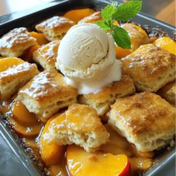- 6 ripe peaches, peeled and sliced - 1/2 cup granulated sugar - 1 tablespoon lemon juice - 1 teaspoon ground cinnamon - 1 teaspoon vanilla extract When picking peaches, look for fruits that are soft and fragrant. Ripe peaches will bring out the best flavor in your cobbler. I love using fresh peaches, but you can use frozen ones too. - 1 cup all-purpose flour - 1 tablespoon baking powder - 1/2 teaspoon salt - 1/4 cup unsalted butter, softened - 3/4 cup milk For the biscuit topping, all-purpose flour works great. Baking powder helps the biscuits rise nicely. Use room-temperature butter for better mixing. The milk adds moisture to the dough. - 1/2 cup brown sugar (for topping) - 1 teaspoon ground nutmeg (for topping) Brown sugar gives a rich flavor to the topping. Nutmeg adds warmth and spice. This combination makes each bite of the cobbler extra special. For the complete recipe, check out the Full Recipe section. - Preheat the oven to 375°F (190°C). - Grease a 9x13-inch baking dish for the cobbler. - In a large bowl, combine sliced peaches, granulated sugar, lemon juice, cinnamon, and vanilla extract. - Toss gently to coat the peaches. This helps to bring out their sweet and juicy flavor. - In another bowl, whisk together flour, baking powder, and salt. - Add the softened butter and mix until it looks crumbly. - Gradually stir in the milk until a soft dough forms. This dough will create a delightful topping. - Drop spoonfuls of the biscuit dough over the peach mixture. Try to cover most of the peaches for even baking. - Sprinkle brown sugar and nutmeg over the topping for extra flavor. - Bake in the preheated oven for about 30-35 minutes, or until the topping is golden brown. A toothpick should come out clean when inserted into the biscuits. - Check for doneness. The cobbler should look golden and bubbly. - Let cool for a few minutes before serving. This helps the flavors meld together beautifully. For the complete recipe and more details, check out the Full Recipe. To make a flaky biscuit topping, use cold butter. This keeps the butter firm while you mix. Cut the cold butter into small cubes before adding it to the flour. Mix quickly until the dough looks crumbly. This helps create those lovely layers in your biscuits. When you drop the biscuit dough, aim for even spoonfuls. Use a large spoon to scoop the dough. Space the spoonfuls apart to allow for spreading as they bake. This way, each bite has a taste of that delicious peach filling. Want to boost the flavor? Add a dash of almond extract to the peach mix. It brings a lovely nutty note that pairs well with peach. You can also sprinkle in some spices. Ginger adds warmth, while cardamom gives a floral hint. Experimenting with these flavors can elevate your cobbler to new heights. Serve your peach cobbler warm for the best experience. A scoop of vanilla ice cream on top is a classic choice. The cold ice cream melts into the warm cobbler, creating a perfect blend. For an extra touch, add a sprig of fresh mint. This adds color and freshness to your dish. Presenting it this way makes it look as good as it tastes. If you're looking for the full recipe, check out the Peach Paradise Cobbler recipe for all the details. {{image_2}} You can switch up the fruits in peach cobbler. Try using berries, apples, or cherries. Each fruit brings its own taste. For berries, you may want to add less sugar. Berries are sweeter than peaches. If you're using apples, add a bit more cinnamon to enhance the flavor. Cherries can add a nice tartness, which works well with the sweet biscuit topping. If you need a gluten-free version, use gluten-free flour blends. These blends work well in most recipes. They may change the texture a bit, but your cobbler will still taste great. Make sure to choose a blend that includes xanthan gum. This helps keep the cobbler from being too crumbly. You can also add a bit more milk to help with moisture. You can make this cobbler vegan by swapping dairy for plant-based options. Use almond milk or oat milk instead of regular milk. For the butter, try coconut oil or a vegan butter substitute. If your recipe calls for eggs, you can replace each egg with a flaxseed meal mixture. Just mix one tablespoon of flaxseed meal with three tablespoons of water. Let it sit for five minutes until it thickens. This will help bind your dough together. For the complete recipe, check out the Full Recipe. To store leftover peach cobbler, let it cool completely. Cover it tightly with plastic wrap or aluminum foil. You can also use an airtight container. This helps keep it fresh and tasty. Store it in the fridge for up to three days. To maintain the texture, reheat it gently. Use an oven set to 350°F (175°C) for about 10-15 minutes. This will help restore its crispness. If you want to freeze peach cobbler, first let it cool. Cut it into portions for easy serving. Wrap each piece in plastic wrap. Then, place it in a freezer-safe bag or container. Make sure to remove as much air as possible. Frozen peach cobbler can last for up to three months. When you're ready to enjoy it, thaw it overnight in the fridge. Reheat it in the oven at 350°F (175°C). Heat for 20-25 minutes, or until warmed through. Peach cobbler stays fresh in the fridge for about three days. In the freezer, it can last for up to three months. Always check for signs of spoilage before eating. If it looks or smells off, it's best to throw it away. Enjoy your peach cobbler while it's fresh for the best taste! Yes, you can use canned peaches. They save time and are easy to find. When using canned peaches, choose those in juice or light syrup. Drain the peaches before using them. This helps keep the cobbler from getting too watery. Fresh peaches taste best but canned work well in a pinch. Look for a golden-brown topping. You can also check with a toothpick. Insert it into the biscuit topping. If it comes out clean, the cobbler is ready. The peaches should be bubbly and hot. Let it cool for a few minutes before serving. Yes, you can prepare the peach filling in advance. Store it in the fridge for up to a day. You can also make the biscuit dough ahead. Keep it covered in the fridge. When you're ready to bake, just assemble and pop it in the oven. This way, you can enjoy fresh cobbler without a lot of last-minute work. Peach cobbler pairs nicely with vanilla ice cream. The cold ice cream contrasts with the warm cobbler. You can also serve it with whipped cream for added richness. For drinks, sweet tea or lemonade make great choices. They balance the sweetness of the cobbler. If you're feeling fancy, serve it with a scoop of yogurt on the side. This blog post covered how to make a delicious peach cobbler. You learned about fresh and dry ingredients, along with the biscuit topping. The step-by-step instructions ensured you could follow along easily. Don’t forget those handy tips and variations to make your cobbler unique. Enjoy baking your peach cobbler. It’s a dish that brings joy and warmth. With each spoonful, you’ll savor the sweet taste of summer.