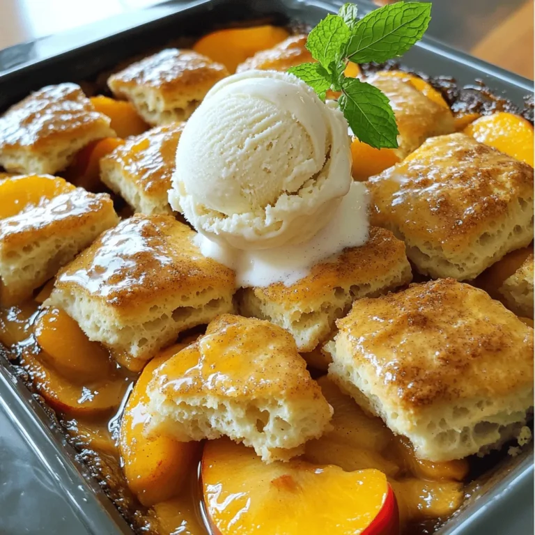 - 6 ripe peaches, peeled and sliced - 1/2 cup granulated sugar - 1 tablespoon lemon juice - 1 teaspoon ground cinnamon - 1 teaspoon vanilla extract When picking peaches, look for fruits that are soft and fragrant. Ripe peaches will bring out the best flavor in your cobbler. I love using fresh peaches, but you can use frozen ones too. - 1 cup all-purpose flour - 1 tablespoon baking powder - 1/2 teaspoon salt - 1/4 cup unsalted butter, softened - 3/4 cup milk For the biscuit topping, all-purpose flour works great. Baking powder helps the biscuits rise nicely. Use room-temperature butter for better mixing. The milk adds moisture to the dough. - 1/2 cup brown sugar (for topping) - 1 teaspoon ground nutmeg (for topping) Brown sugar gives a rich flavor to the topping. Nutmeg adds warmth and spice. This combination makes each bite of the cobbler extra special. For the complete recipe, check out the Full Recipe section. - Preheat the oven to 375°F (190°C). - Grease a 9x13-inch baking dish for the cobbler. - In a large bowl, combine sliced peaches, granulated sugar, lemon juice, cinnamon, and vanilla extract. - Toss gently to coat the peaches. This helps to bring out their sweet and juicy flavor. - In another bowl, whisk together flour, baking powder, and salt. - Add the softened butter and mix until it looks crumbly. - Gradually stir in the milk until a soft dough forms. This dough will create a delightful topping. - Drop spoonfuls of the biscuit dough over the peach mixture. Try to cover most of the peaches for even baking. - Sprinkle brown sugar and nutmeg over the topping for extra flavor. - Bake in the preheated oven for about 30-35 minutes, or until the topping is golden brown. A toothpick should come out clean when inserted into the biscuits. - Check for doneness. The cobbler should look golden and bubbly. - Let cool for a few minutes before serving. This helps the flavors meld together beautifully. For the complete recipe and more details, check out the Full Recipe. To make a flaky biscuit topping, use cold butter. This keeps the butter firm while you mix. Cut the cold butter into small cubes before adding it to the flour. Mix quickly until the dough looks crumbly. This helps create those lovely layers in your biscuits. When you drop the biscuit dough, aim for even spoonfuls. Use a large spoon to scoop the dough. Space the spoonfuls apart to allow for spreading as they bake. This way, each bite has a taste of that delicious peach filling. Want to boost the flavor? Add a dash of almond extract to the peach mix. It brings a lovely nutty note that pairs well with peach. You can also sprinkle in some spices. Ginger adds warmth, while cardamom gives a floral hint. Experimenting with these flavors can elevate your cobbler to new heights. Serve your peach cobbler warm for the best experience. A scoop of vanilla ice cream on top is a classic choice. The cold ice cream melts into the warm cobbler, creating a perfect blend. For an extra touch, add a sprig of fresh mint. This adds color and freshness to your dish. Presenting it this way makes it look as good as it tastes. If you're looking for the full recipe, check out the Peach Paradise Cobbler recipe for all the details. {{image_2}} You can switch up the fruits in peach cobbler. Try using berries, apples, or cherries. Each fruit brings its own taste. For berries, you may want to add less sugar. Berries are sweeter than peaches. If you're using apples, add a bit more cinnamon to enhance the flavor. Cherries can add a nice tartness, which works well with the sweet biscuit topping. If you need a gluten-free version, use gluten-free flour blends. These blends work well in most recipes. They may change the texture a bit, but your cobbler will still taste great. Make sure to choose a blend that includes xanthan gum. This helps keep the cobbler from being too crumbly. You can also add a bit more milk to help with moisture. You can make this cobbler vegan by swapping dairy for plant-based options. Use almond milk or oat milk instead of regular milk. For the butter, try coconut oil or a vegan butter substitute. If your recipe calls for eggs, you can replace each egg with a flaxseed meal mixture. Just mix one tablespoon of flaxseed meal with three tablespoons of water. Let it sit for five minutes until it thickens. This will help bind your dough together. For the complete recipe, check out the Full Recipe. To store leftover peach cobbler, let it cool completely. Cover it tightly with plastic wrap or aluminum foil. You can also use an airtight container. This helps keep it fresh and tasty. Store it in the fridge for up to three days. To maintain the texture, reheat it gently. Use an oven set to 350°F (175°C) for about 10-15 minutes. This will help restore its crispness. If you want to freeze peach cobbler, first let it cool. Cut it into portions for easy serving. Wrap each piece in plastic wrap. Then, place it in a freezer-safe bag or container. Make sure to remove as much air as possible. Frozen peach cobbler can last for up to three months. When you're ready to enjoy it, thaw it overnight in the fridge. Reheat it in the oven at 350°F (175°C). Heat for 20-25 minutes, or until warmed through. Peach cobbler stays fresh in the fridge for about three days. In the freezer, it can last for up to three months. Always check for signs of spoilage before eating. If it looks or smells off, it's best to throw it away. Enjoy your peach cobbler while it's fresh for the best taste! Yes, you can use canned peaches. They save time and are easy to find. When using canned peaches, choose those in juice or light syrup. Drain the peaches before using them. This helps keep the cobbler from getting too watery. Fresh peaches taste best but canned work well in a pinch. Look for a golden-brown topping. You can also check with a toothpick. Insert it into the biscuit topping. If it comes out clean, the cobbler is ready. The peaches should be bubbly and hot. Let it cool for a few minutes before serving. Yes, you can prepare the peach filling in advance. Store it in the fridge for up to a day. You can also make the biscuit dough ahead. Keep it covered in the fridge. When you're ready to bake, just assemble and pop it in the oven. This way, you can enjoy fresh cobbler without a lot of last-minute work. Peach cobbler pairs nicely with vanilla ice cream. The cold ice cream contrasts with the warm cobbler. You can also serve it with whipped cream for added richness. For drinks, sweet tea or lemonade make great choices. They balance the sweetness of the cobbler. If you're feeling fancy, serve it with a scoop of yogurt on the side. This blog post covered how to make a delicious peach cobbler. You learned about fresh and dry ingredients, along with the biscuit topping. The step-by-step instructions ensured you could follow along easily. Don’t forget those handy tips and variations to make your cobbler unique. Enjoy baking your peach cobbler. It’s a dish that brings joy and warmth. With each spoonful, you’ll savor the sweet taste of summer.