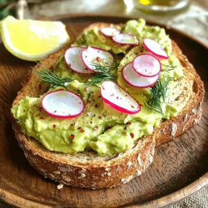 - Whole grain or sourdough bread - Ripe avocado - Fresh radishes - Olive oil - Lemon juice - Fresh dill - Salt and pepper - Crushed red pepper flakes To create the best avocado toast with radish, start with fresh ingredients. Choose whole grain or sourdough bread for a hearty base. I love using these breads because they add great flavor and texture. Next, pick a ripe avocado. The skin should feel slightly soft but not mushy. A perfectly ripe avocado makes all the difference in taste and creaminess. Fresh radishes give a nice crunch and peppery taste. Look for radishes that are firm and vibrant. They brighten your dish and add a fun pop of color. For optional add-ons, I enjoy a drizzle of olive oil for richness. Lemon juice adds a zesty kick that balances the creaminess of the avocado. If you like, sprinkle fresh dill on top for a fresh herb taste. Don’t forget seasonings! A pinch of salt and pepper enhances the flavors. Crushed red pepper flakes add a spicy touch if you enjoy heat. For the full recipe, check out the details above. Enjoy your cooking! To start, choose your method for toasting. You can use a toaster or a skillet. If you use a toaster, set it to medium heat. For a skillet, heat it over medium on the stove. The goal is to get your bread golden brown and crispy. If using sourdough, it should have a nice crunch. Whole grain should feel firm but soft inside. Toasting takes about 3-5 minutes. Keep an eye on it to avoid burning. Next, you need a ripe avocado. Look for one that feels soft but not mushy. Gently press the skin; it should give a little. When ready, cut the avocado in half. Carefully remove the pit with a knife or spoon. Scoop the green flesh into a bowl. Add one teaspoon of lemon juice and one tablespoon of olive oil. Season with salt and pepper to taste. Use a fork to mash it gently. You can leave it chunky or make it smooth, depending on your taste. Once your bread is toasted, it’s time to layer the ingredients. Spread a generous amount of the mashed avocado on each slice. Make sure to cover every edge. Next, take your thinly sliced radishes and arrange them on top of the avocado. Try to spread them evenly for a great look. For an extra touch, you can sprinkle fresh dill or crushed red pepper flakes on top. Serve your avocado toast on a plate. A wooden or ceramic plate adds charm. Adding a lemon wedge on the side makes it pop! Enjoy the delicious flavors right away. To get the best mash, you can choose between smooth or chunky. A smooth mash is creamy, while a chunky one has more texture. I like to aim for a balance. Start with a ripe avocado. Use a fork to mash it gently. Add salt and pepper to enhance the taste. A splash of lemon juice brightens the flavor. You can also mix in olive oil for creaminess. Fresh radishes are key to this dish. When you pick radishes, look for firm ones. They should feel crisp and have bright colors. Avoid any that are soft or have dark spots. For slicing, use a sharp knife. Aim for thin, even slices. This way, they stay crunchy and add a nice snap to your toast. Pair your avocado toast with a light salad or a refreshing drink. A glass of iced tea works well. You can also serve it with a side of fresh fruit for a sweet touch. For garnishing, try adding herbs like dill or chives. A sprinkle of crushed red pepper flakes adds heat and looks great. Get creative with how you present your toast on the plate. Use a wooden or ceramic dish for a rustic feel. {{image_2}} You can mix it up with different toppings. Try adding sliced cucumbers for a refreshing crunch. Tomatoes also work well; their sweetness pairs nicely with avocado. For a creamy twist, sprinkle some feta or goat cheese on top. These cheeses add rich flavor and a nice texture. Spices and herbs can elevate your toast. Sprinkle in some smoked paprika or garlic powder for depth. Fresh herbs like basil or cilantro add a bright touch. You can also use alternative spreads like hummus or yogurt. They give your toast a unique taste and texture that surprises the palate. If you need a gluten-free option, use rice cakes or gluten-free bread. These choices offer a light base for your toppings. You can also try bagels or pita bread for a fun twist. Each offers a different texture and taste that can change your meal. To store leftover avocado toast, cover it tightly with plastic wrap. This helps keep the toast from drying out. But, the avocado can brown quickly. To slow this, add a bit more lemon juice on top. For best taste, eat leftovers within one day. - Best practices for avocado toast storage: - Wrap tightly in plastic wrap. - Store in an airtight container. - Add lemon juice to prevent browning. - How to keep ingredients fresh: - Store avocados at room temperature until ripe. - Once ripe, keep them in the fridge. - Radishes should stay in a cool place, wrapped in a damp paper towel. Reheating toast can be tricky. I prefer to use a toaster or an oven. This keeps the bread crispy. Avoid using a microwave, as it makes the toast soggy. - Methods for reheating toast: - Use a toaster for quick reheating. - Bake in the oven at 350°F for a few minutes. - Avoiding sogginess in toppings: - Reheat the toast before adding toppings. - Keep avocado and radishes separate until ready to eat. Freshness is key! Prepared avocado toast tastes best when eaten right away. The ingredients have a short shelf life. - Shelf life of prepared ingredients: - Avocado toast should be eaten within one day. - Sliced radishes last about three days in the fridge. - When to consume for best quality: - Eat within hours of making for the best taste. - Check for browning on the avocado before eating. For a tasty experience, follow the full recipe and enjoy every bite! Avocados are rich in healthy fats. They contain monounsaturated fats that support heart health. A medium avocado has about 250 calories, 12 grams of fiber, and 20 grams of fat. They also provide vitamins like E, K, and B6. This makes them a superfood. Their high fiber content aids digestion and keeps you full longer. Plus, they have potassium, which helps maintain healthy blood pressure. Yes, you can make avocado toast ahead! For meal prep, toast the bread and store it. Keep the avocado mix separate to prevent browning. You can store the mix in an airtight container with lemon juice on top. This way, it stays fresh. Avocado toast lasts about a day in the fridge. It tastes best when fresh, but you can enjoy it later. If you want a bread substitute, try gluten-free options like rice cakes or corn tortillas. For low-carb choices, use cucumber slices or zucchini bread. You can also serve avocado on top of baked sweet potatoes or polenta. These creative options add unique flavors and textures. Enjoy experimenting with different bases for your avocado toppings! Avocado toast is simple and tasty. You need whole grain or sourdough bread, ripe avocado, and fresh radishes. Optional add-ons like olive oil and lemon juice can enhance flavor. Toast bread, mash the avocado, and layer your toppings carefully for a lovely presentation. The tips and tricks shared help you achieve the perfect mash and keep ingredients fresh. Feel free to experiment with different toppings, spices, and bread types. Now you can enjoy this nutritious meal any time! Let creativity guide your avocado toast journey.