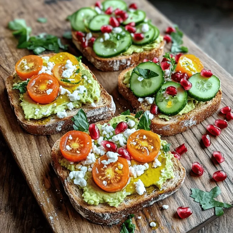 - Ripe avocados - Whole-grain bread - Additional toppings: cherry tomatoes, cucumber, feta cheese, pomegranate seeds Avocado toast starts with ripe avocados. Choose ones that yield slightly when you press them. Then, grab some whole-grain bread. This gives your toast a hearty base. You can add toppings like cherry tomatoes for a burst of flavor. Thinly sliced cucumber adds crunch, while feta cheese gives a creamy touch. Finally, pomegranate seeds add a sweet pop. - Olive oil - Lemon juice - Salt and pepper - Fresh herbs Seasoning your avocado toast is key to great taste. Use olive oil to add richness. A splash of lemon juice brightens the flavor. Don't forget salt and pepper to enhance all the tastes. Fresh herbs like basil or cilantro can add a nice touch. They make each bite fresh and vibrant. For the full recipe, check out Avocado Toast Delight 🥑. Toasting bread is key for great avocado toast. Start with whole-grain bread for a hearty flavor. Use a toaster or a skillet for even heat. For the best crispiness, toast until golden brown. This gives your toast a nice crunch that holds the toppings well. Now, let's prepare the avocados. Cut the ripe avocados in half and take out the pit. Scoop the green flesh into a bowl. Use a fork to mash the avocado until it's creamy but still chunky. Add one tablespoon of lemon juice to keep it fresh. Season with salt and pepper to taste. This mix is simple yet full of flavor. It’s time to build your toast! Start with your toasted bread as the base. Spread a generous layer of the avocado mixture on each slice. For toppings, get creative! On two slices, add halved cherry tomatoes and crumbled feta cheese. On the other two, layer thin cucumber slices and sprinkle pomegranate seeds. Finish with fresh herbs for color and taste. For a stunning presentation, place the toast on a wooden board or a large platter. Drizzle olive oil on top and scatter extra toppings around for a vibrant look. Enjoy your delicious avocado toast variations! You can find the complete recipe [Full Recipe]. How to choose ripe avocados: When selecting avocados, look for ones that feel slightly soft. Gently press the skin; if it yields a bit, it is ripe. Dark green or black skin can be a good sign of ripeness. Avoid hard avocados; they are not ready to eat yet. Preventing browning of mashed avocado: To keep mashed avocado fresh, add lemon juice right after you mash it. The acid helps slow browning. Store it in an airtight container and press plastic wrap directly on the surface to limit air exposure. Best bread types for avocado toast: Whole-grain bread is ideal for avocado toast. It adds flavor and texture. Sourdough and rye are also great choices. Their unique flavors pair well with creamy avocado. Gluten-free options: If you need gluten-free bread, look for brands made with almond flour or rice flour. They offer great texture and taste. Suggestions for spices and additional toppings: Sprinkle red pepper flakes or za'atar on your toast for a kick. Crumbled feta or goat cheese adds a creamy richness. You can also add sliced radishes, pickled onions, or even nuts for crunch. Pairing avocado toast with beverages: Avocado toast pairs well with fresh juices, like orange or green juice. A nice cup of herbal tea also complements the flavors well. Consider a light sparkling water for a refreshing touch. For a full recipe that showcases these tips, check out the Avocado Toast Delight 🥑. {{image_2}} For a hearty meal, try adding eggs on your avocado toast. Here are a few ideas: - Poached Egg: Place a perfectly poached egg on top. The runny yolk adds creaminess. - Fried Egg: A sunny-side-up egg creates a nice visual and rich taste. - Scrambled Eggs: Mix scrambled eggs with herbs or cheese for extra flavor. Another great option is smoked salmon. Its salty taste pairs well with creamy avocado. You can add capers, dill, or red onion for a lovely touch. For a plant-based twist, try these tasty toppings: - Chickpeas: Mash chickpeas with avocado for a protein boost. - Hummus: Spread a layer of hummus before adding avocado for extra flavor. - Roasted Vegetables: Add roasted peppers, zucchini, or sweet potatoes for a hearty bite. Explore unique flavor profiles by using different spices or herbs. Try adding za'atar for a Middle Eastern flair or chili flakes for heat. Using seasonal fruits and veggies can enhance your avocado toast. In spring, top with radishes or asparagus. In summer, add fresh corn or heirloom tomatoes. For a fun holiday twist, think about pumpkin spice in the fall. In winter, use roasted root vegetables or pomegranate seeds for a festive touch. Keep it fresh and colorful, and your avocado toast will always wow your guests! For a full recipe, check out Avocado Toast Delight 🥑. How do you store unused avocado mixture? To keep your avocado fresh, put it in a bowl. Press plastic wrap directly on the mixture. This cuts air exposure. You can add a splash of lemon juice, too. This helps prevent browning. Use the mixture within one day for the best taste. How do you keep toppings fresh for future use? Store toppings in separate containers. Use airtight jars or bags. Keep them in the fridge. Veggies like cucumbers and tomatoes will stay crisp. This way, you can enjoy your avocado toast later. What are the best practices for storing assembled toast? It’s best to eat avocado toast fresh. If you need to store it, keep the bread and toppings separate. Put the toast in a paper bag. This helps it stay crispy. What are the best reheating techniques for optimal texture? To reheat, use a toaster or an oven. This keeps the bread crispy. Avoid microwaving, as it makes the bread soggy. Heat for a few minutes until warm. How can you prepare in advance for quick breakfasts? You can make the avocado mixture ahead of time. Store it in the fridge, as mentioned earlier. Toast the bread fresh in the morning. This gives you a quick breakfast without fuss. How can you customize for weekly meal input? You can choose different toppings each week. Try eggs, smoked salmon, or seasonal veggies. This keeps your meals exciting and new. Use the Full Recipe for lots of options to explore. To keep your avocado toast crisp, start with toasted bread. Use whole-grain bread for better texture. Toast until it is golden brown. You can also add a layer of oil or butter on the bread before toasting. This helps seal the bread and keep it from getting soggy. For healthy toppings, try sliced radishes for crunch. You can add arugula or spinach for greens. A sprinkle of hemp seeds or chia seeds boosts nutrition too. Fresh herbs like cilantro or dill add flavor without many calories. You can prep avocado toast in advance but with care. Toast the bread and store it in an airtight container. Mash the avocado just before eating. To keep it fresh, add a bit of lemon juice to the avocado. This helps slow down browning. Avocado toast pairs well with fresh juices or smoothies. A green smoothie adds nutrition and energy. For a lighter drink, try herbal tea or iced tea. Coffee complements the flavors nicely, making it a perfect breakfast or brunch drink. Avocado toast is simple and satisfying. We explored key ingredients, from ripe avocados to fresh herbs. You learned optimal toasting techniques and how to mash avocados for flavor. We also shared tips for choosing the best bread and creating a meal prep plan. With variations from protein-packed options to seasonal toppings, there’s a recipe for everyone. Remember, enjoy your toast fresh but store leftovers properly for later. This dish is not just food; it’s a canvas for your creativity. Get cooking and enjoy each bite!