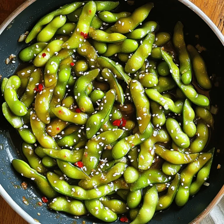 To make this tasty dish, you need simple and fresh items. Here’s what you will use: - 2 cups edamame in pods (fresh or frozen) - 3 tablespoons olive oil - 4 cloves garlic, minced - 1 tablespoon fresh ginger, minced - 1 teaspoon red pepper flakes (adjust to taste) - 2 tablespoons soy sauce - 1 tablespoon sesame oil - 1 teaspoon lemon zest - Sea salt to taste These ingredients come together to create a burst of flavor. The edamame gives you a nice crunch, while the garlic and ginger add warmth. You can make your dish even better with a few garnishes. Here are some ideas: - Sesame seeds for garnish - Chopped green onions - A squeeze of fresh lemon juice These garnishes add a pop of color and a touch of flavor. Each serving of Spicy Garlic Edamame is not only delicious but also healthy. Here’s a quick look at the nutrition: - Calories: Approximately 180 - Protein: 10g - Fat: 12g - Carbohydrates: 10g - Fiber: 5g This dish packs a protein punch and fits well into many diets. Enjoy your flavors with the Full Recipe for a full experience! To start, gather your edamame. If you use frozen pods, cook them as the package says. This usually takes about 5 minutes. Drain them well and set them aside. If you have fresh edamame, rinse them under cold water. Then, steam them for about 5-7 minutes until they turn bright green and feel tender. Once done, set them aside too. Next, grab a large skillet. Heat up the olive oil over medium heat. Watch for it to shimmer, which means it’s ready. Add the minced garlic and ginger. Sauté them for 1-2 minutes until they smell amazing. Be careful! You don't want the garlic to burn. After that, toss in the red pepper flakes. Cook for another minute. This step helps the spices blend into the oil. Now it's time to bring everything together. Add your cooked edamame to the skillet. Toss them around, coating them in the garlic and oil. Drizzle in your soy sauce and sesame oil. Stir everything well and let it cook for another 2-3 minutes. This allows the edamame to soak up all the great flavors. Finally, remove the skillet from the heat and stir in the lemon zest. If needed, adjust the flavor with sea salt. Serve hot, and if you like, sprinkle sesame seeds on top for that extra touch. Enjoy your spicy garlic edamame! For the complete recipe, check out the Full Recipe section. To boost the taste of your spicy garlic edamame, use fresh ingredients. Fresh garlic and ginger add strong flavors. You can also add a splash of lime juice for brightness. If you like more heat, increase the red pepper flakes. Mixing in some chopped scallions just before serving gives a nice crunch. Cook your edamame in boiling water for about 5 minutes. This keeps them bright green. If you want more flavor, try steaming them with a bit of salt. Always drain them well before adding to your skillet. When sautéing, keep the heat medium to avoid burning. Stir often to evenly coat the beans. Serve your spicy garlic edamame hot from the pan. Place them in a bowl and sprinkle sesame seeds on top. Pair them with a cold drink to balance the heat. For a fun twist, serve with toothpicks for easy eating. You can enjoy these as a snack or a side dish at dinner. For the complete process, check out the Full Recipe. {{image_2}} You can easily make Spicy Garlic Edamame vegetarian or vegan. This dish is already meat-free, so it fits well in any plant-based diet. The ingredients are simple and wholesome. You don’t need to change much. Just ensure your soy sauce is vegan. Many brands offer this option. Want more heat? Just add more red pepper flakes. If you prefer mild, cut the flakes in half. You can also use a dash of hot sauce for a different kick. Adjust the spice level to match your taste. Everyone loves a dish they can make their own. Try different sauces to change the flavor. Instead of soy sauce, use tamari for a gluten-free option. You can also mix in hoisin sauce for a sweet twist. For a citrusy zing, add fresh lime juice instead of lemon zest. Experimenting with flavors keeps this dish exciting. Check out the Full Recipe for more ideas. After making this dish, let the edamame cool completely. Place it in an airtight container. You can keep it in the fridge for up to three days. If you want to save it for longer, consider freezing it. To freeze, portion the edamame into small bags or containers. Squeeze out as much air as possible before sealing. Label the bags with the date. You can freeze Spicy Garlic Edamame for up to three months. This way, you can enjoy it later! When you are ready to eat, take the edamame from the fridge or freezer. If it’s frozen, thaw it in the fridge overnight. Heat a skillet over medium heat and add a little olive oil. Toss in the edamame and heat for about five minutes. This method keeps the flavors fresh and tasty. For best results, avoid using the microwave; it can make the edamame rubbery. Edamame is young soybeans. They are often served in pods. These green beans are tasty and healthy. They are high in protein, fiber, and vitamins. Eating edamame can help lower cholesterol. It may also support heart health. Plus, they are rich in antioxidants. You can enjoy them as a snack or side dish. Yes, you can make Spicy Garlic Edamame ahead of time. Prepare the dish and let it cool. Store it in an airtight container in the fridge. It will stay fresh for 2-3 days. To reheat, warm them in a skillet over medium heat. This keeps the flavors intact and ensures tasty bites. You can find Spicy Garlic Edamame in many Asian restaurants. Sushi bars often serve them as an appetizer. Some trendy eateries also feature them on their menus. If you're unsure, call ahead to check. They are popular, so you might see them at various restaurants. To make Spicy Garlic Edamame gluten-free, simply swap soy sauce for tamari. Tamari is a gluten-free alternative that tastes great. Always check the labels to ensure no hidden gluten. With this small change, you can still enjoy this delicious dish. We covered how to make Spicy Garlic Edamame in detail. You learned about the main ingredients, step-by-step cooking, and helpful tips. You can adapt this dish in many ways to fit your taste. I shared storage options and answered common questions. Now, you have everything you need to enjoy and share this tasty dish. Get cooking, and enjoy every bite!