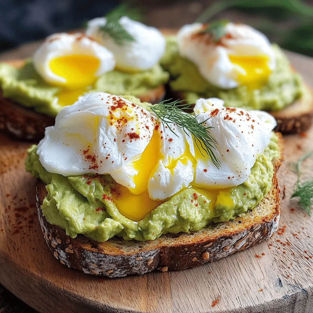- 2 ripe avocados - 4 slices of whole-grain bread - 2 large eggs - 1 tablespoon lemon juice - 1 teaspoon red pepper flakes (optional) - Salt and pepper to taste - Fresh dill or cilantro for garnish - Extra virgin olive oil (for drizzling) Each serving of avocado toast offers about 300 calories. The toast gets energy from whole-grain bread and healthy fats from avocados. One avocado packs around 250 calories, while each egg has about 70 calories. Avocados are rich in vitamins like K, E, and C. They also provide potassium and fiber. Eggs supply high-quality protein and are a good source of B vitamins, like B12 and riboflavin. Avocados are a superfood due to their high nutrient content. They help lower bad cholesterol and support heart health. Their healthy fats keep you feeling full longer. Eggs are a powerhouse of nutrition. They contain essential amino acids that our bodies need. Eating eggs can boost your brain health and help maintain strong muscles. For the full recipe, check out the Avocado Bliss Toast with Poached Egg section. For the best avocado toast, choose whole-grain bread. It adds flavor and nutrients. You can also try sourdough for a tangy taste. To toast your bread, use a toaster or an oven. Aim for a golden-brown color. This makes the bread crispy and perfect for holding toppings. To poach your eggs, fill a medium saucepan with water. Bring it to a gentle simmer. Add a splash of vinegar. This will help the eggs keep their shape. Crack an egg into a small bowl. Gently slide it into the simmering water. Cook for three to four minutes for a soft yolk. If you like firmer eggs, cook them longer. Repeat this step with the second egg. Start by cutting the avocados in half. Remove the pit and scoop the flesh into a bowl. Use a fork to mash the avocado. Add one tablespoon of lemon juice to keep it fresh. You can also mix in one teaspoon of red pepper flakes for some heat. Season with salt and pepper to taste. This simple avocado spread packs a lot of flavor and pairs perfectly with the poached egg. For the full recipe, refer to the earlier section. To master poached eggs, avoid these common mistakes: - Using too much water: A shallow pot works best for poaching. - Not adding vinegar: This helps the egg hold its shape. - Cracking eggs directly into the pot: Use a small bowl first for better control. If you want variety, try these alternative methods: - Microwave: Crack an egg in a bowl, cover with water, and microwave for about one minute. - Silicone molds: Place eggs in molds and simmer in water for easy poaching. Keep your avocados fresh by following these steps: - Store unripe avocados at room temperature: They will ripen faster this way. - Refrigerate ripe avocados: This slows down the ripening process. To prevent browning, use these best practices: - Lemon juice: Coat the avocado surface with lemon juice. - Plastic wrap: Tightly wrap cut avocados to limit air exposure. Serve your avocado toast beautifully with these suggestions: - Use a rustic wooden board: It adds charm to your dish. - Sprinkle red pepper flakes: This adds color and a bit of spice. - Add a lemon slice on the side: It enhances the look and flavor. For garnishing ideas, consider: - Fresh herbs like dill or cilantro: They add brightness. - Drizzle extra virgin olive oil: This gives a nice finish and flavor. By following these tips, you can create an avocado toast that not only tastes great but also looks stunning! If you want to try this dish, refer to the Full Recipe. {{image_2}} You can make your avocado toast unique. Add proteins like smoked salmon or crispy bacon for a hearty twist. These proteins boost flavor and add healthy fats. You can also try toppings like feta cheese or pomegranate seeds. Feta gives a salty kick, while pomegranate seeds add a sweet burst. Experimenting with toppings lets you find your favorite combination. Choosing the right bread can change your toast game. Whole-grain bread is a great choice, but gluten-free options work too. Look for gluten-free bread made from almond or coconut flour. Sourdough is another tasty option. It has a tangy flavor and a chewy texture. Whole-grain bread offers fiber and nutrients, making it a wholesome choice. Spice up your avocado toast with different seasonings. Try adding garlic powder or smoked paprika for extra depth. A sprinkle of red pepper flakes can give it a nice kick too. Fresh herbs like basil or chives can brighten the dish. Mixing in these flavors allows you to create endless variations, keeping breakfast exciting. For the Full Recipe and more ideas, check the earlier sections! Store leftover avocado toast in an airtight container. Keep the bread separate from the avocado. This helps the bread stay crispy. The avocado may brown, but you can still eat it. It will stay fresh for about 1 day in the fridge. If the avocado looks brown, just scrape off the top layer. To reheat the toast, use a toaster or an oven. This keeps the bread crunchy. Avoid microwaving, as it makes the bread soggy. For the eggs, gently warm them in hot water for a minute. This helps maintain their soft texture and flavor. You can prep ingredients ahead of time. Mash the avocado and add lemon juice to prevent browning. Store it in a small container. Toast the bread fresh in the morning. Assemble your toast in just a few minutes. This way, you can enjoy a delicious breakfast on busy mornings. For the full recipe, check out the previous section. To make the perfect poached egg, you need a few key pointers. First, use fresh eggs. Fresh eggs hold their shape better. Second, heat water in a saucepan until it simmers gently. You want small bubbles, not a rolling boil. This helps keep the egg together. Add a splash of vinegar to the water. It helps the egg whites firm up quickly. Crack the egg into a small bowl, then gently slide it into the water. Let it cook for about 3-4 minutes for a soft yolk. If you prefer a firmer yolk, leave it in longer. Use a slotted spoon to lift the egg out. Let it drain on a paper towel before serving. Yes, you can prep avocado toast ahead of time, but with some care. First, toast the bread and let it cool completely. This way, it doesn’t get soggy. You can mash the avocado and mix in lemon juice to keep it fresh longer. Store the avocado in an airtight container. When you’re ready to eat, simply spread the avocado on the toast. Top with your poached egg just before serving to keep it warm and delicious. There are many great toppings for avocado toast. Some popular choices include: - Sliced tomatoes - Crumbled feta cheese - Sprouts or microgreens - Sliced radishes - A drizzle of balsamic glaze For something unique, try: - Smoked salmon - Pickled onions - Pomegranate seeds - A sprinkle of za'atar These toppings add flavor and make your toast look beautiful. Feel free to get creative and mix different flavors! In this article, we explored how to make the perfect avocado toast. We covered the key ingredients, health benefits, and step-by-step instructions. You now have tips for toasting bread, poaching eggs, and preparing a creamy avocado spread. Don’t forget to try different variations with proteins and toppings to customize your dish. Each ingredient brings health benefits, making this meal nourishing and tasty. Enjoy your cooking, and let your creativity shine as you make this popular dish!