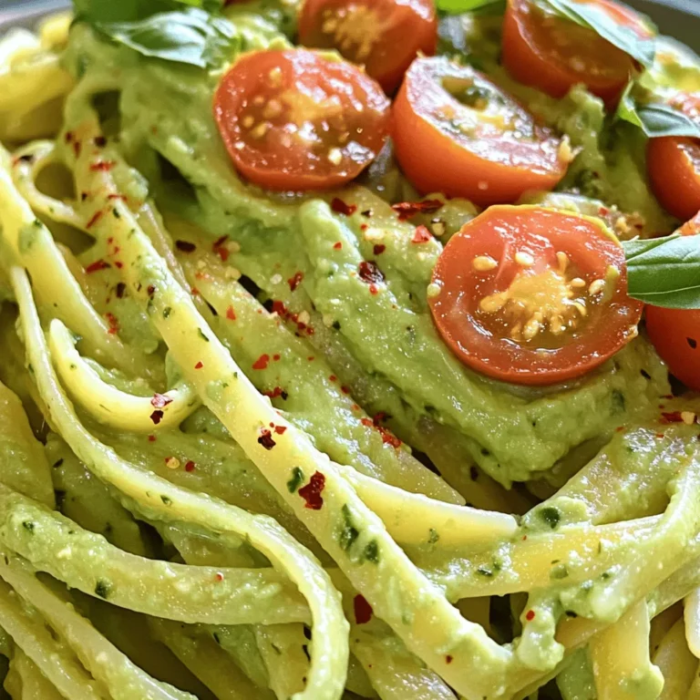 - 12 oz linguine or spaghetti - 2 ripe avocados, peeled and pitted - 2 cloves garlic, minced - 1/4 cup fresh basil leaves, tightly packed To make creamy avocado pasta, you need a few simple ingredients. First, choose your pasta. I like using linguine or spaghetti. Both cook well and hold the sauce nicely. Next, grab two ripe avocados. They should feel soft but not mushy. These will create that creamy texture we love. You also need garlic for flavor. Mince two cloves to add a nice kick to the sauce. Lastly, fresh basil leaves bring a sweet, herbal note that brightens the dish. - 3 tablespoons olive oil - 1/4 cup grated Parmesan cheese - Salt and black pepper to taste - Cherry tomatoes, halved for garnish - Crushed red pepper flakes While the essential ingredients are key, optional ones can enhance your dish. I often add olive oil for extra creaminess. It also helps blend the sauce smoothly. If you enjoy cheese, sprinkle in some grated Parmesan. It adds richness and depth to the flavor. Don’t forget salt and black pepper. Both help balance the taste. Cherry tomatoes look lovely on top and add freshness. Crushed red pepper flakes can give the dish a nice kick if you like spice. For the full recipe, check the details above. 1. Boil Salted Water: Start by filling a large pot with water. Add a generous amount of salt to the water. This will help season the pasta while it cooks. Bring the water to a rolling boil. 2. Time of Cooking for Al Dente: Once the water is boiling, add 12 oz of linguine or spaghetti. Cook according to the package instructions, usually around 8 to 10 minutes. You want the pasta to be al dente, which means it should be firm but not hard when you bite into it. 1. Blending Technique for Creaminess: While the pasta cooks, prepare the sauce. In a blender or food processor, add 2 ripe avocados, 2 minced garlic cloves, 1/4 cup of fresh basil leaves, 2 tablespoons of lemon juice, and 3 tablespoons of olive oil. Blend until everything is smooth and creamy. The key is to make sure there are no lumps. 2. Seasoning the Sauce: After blending, taste the sauce. Add salt and black pepper to your liking. This step is crucial for boosting the flavor of your sauce. 1. Mixing Technique: Once the pasta is cooked, reserve 1 cup of pasta water and drain the rest. In a large mixing bowl, combine the drained pasta with the creamy avocado sauce. Toss gently to coat the pasta evenly with the sauce. 2. Adjusting Consistency with Pasta Water: If the sauce feels too thick, add a little reserved pasta water. Do this gradually until you reach your desired creamy consistency. Mixing well ensures every bite is delicious. Following these steps makes a quick and tasty weeknight meal. You can find the full recipe for more details. - Selecting the right pasta type: Use linguine or spaghetti for this dish. Both types hold the creamy sauce well. They cook evenly and complement the avocado sauce nicely. - Saltiness of the water for flavor: Salt your pasta water well. It should taste like the sea. This step adds flavor to the pasta itself, enhancing the overall dish. - Choosing ripe avocados: Look for avocados that yield slightly to pressure. They should be dark green, smooth, and feel soft but not mushy. This ensures a creamy sauce. - Adding spices or herbs for flavor: Spice up your sauce with crushed red pepper or fresh herbs. A pinch of cumin or a squeeze of lime can add a new twist. - Pairing with proteins: Add grilled chicken, shrimp, or chickpeas for protein. This makes the meal heartier and satisfies your hunger. - Best garnishes for presentation: Garnish with halved cherry tomatoes or fresh basil. A sprinkle of Parmesan cheese or crushed nuts adds texture and flavor. These tips will help you create a delicious, creamy avocado pasta that impresses every time. For the full recipe, refer to the earlier sections. {{image_2}} You can easily change up the recipe. If you want to skip the Parmesan cheese, try nutritional yeast. It gives a cheesy flavor without dairy. You can also use vegan cheese if that suits your taste. For pasta, I love using whole wheat or gluten-free options like chickpea pasta. They add unique flavors and textures. If you need a vegan dish, just leave out the Parmesan cheese. The creamy avocado sauce is rich enough on its own. For gluten-free options, choose gluten-free pasta made from rice or quinoa. Both options work well and keep the dish delicious. Want to add some protein? Grilled chicken or shrimp complements the creamy sauce. Just cook the protein separately and toss it in before serving. If you like it spicy, add crushed red pepper flakes while mixing the sauce. You can also stir in some jalapeños for an extra kick. To keep your creamy avocado pasta fresh, store leftovers in the fridge. Place them in an airtight container. This helps to prevent browning. Use the pasta within two days for best taste. Before sealing, press plastic wrap directly onto the surface of the pasta. This limits air exposure and keeps the vibrant green color. Freezing avocado pasta is tricky due to the avocados. They can change texture once thawed. If you want to freeze it, leave out the avocado sauce. Instead, freeze the cooked pasta. Place it in a freezer bag, and remove as much air as possible. It will last up to three months. When ready to eat, cook fresh avocado sauce and mix it with the thawed pasta. When reheating, avoid the microwave if possible. It can make pasta mushy. Instead, use a skillet on low heat. Add a splash of water or olive oil. Stir gently to warm up. If you find the pasta dry, a bit of reserved pasta water can help. This keeps the dish creamy and delicious. To find the best avocados, look for ones that are slightly soft. Gently press with your fingers. If it gives just a bit, it's ripe. Avoid avocados that feel mushy or have dark spots. These signs mean they may be overripe. Green, firm avocados are not ready yet, but you can ripen them at home. Simply leave them on the counter for a few days. Yes, you can prep some ingredients early. Cook the pasta and store it in the fridge. It stays good for 3-5 days. You can also make the avocado sauce ahead of time. Just add a bit of lemon juice to keep it fresh. Store the sauce in an airtight container. When you're ready to eat, mix it all together. This pasta pairs well with a simple salad. A fresh green salad with lemon vinaigrette works nicely. You can also serve garlic bread or roasted veggies on the side. If you want some protein, grilled chicken or shrimp complements the dish perfectly. For a light touch, add a sprinkle of feta cheese. Yes, creamy avocado pasta is a healthy choice. Avocados are rich in healthy fats. They provide fiber, vitamins, and minerals. Garlic adds flavor and boosts your immune system. Pasta gives you energy from carbs. You can use whole wheat pasta for more fiber. This dish is tasty and nutritious, making it a great meal choice. Creamy avocado pasta is simple and fun to make. You learned about essential ingredients like ripe avocados and fresh basil. I shared tips for cooking pasta and mixing it perfectly with the sauce. You can also try fun variations and storage tips for later. This dish is not just tasty; it’s packed with nutrients too. Enjoy making this delightful meal and let your creativity shine!