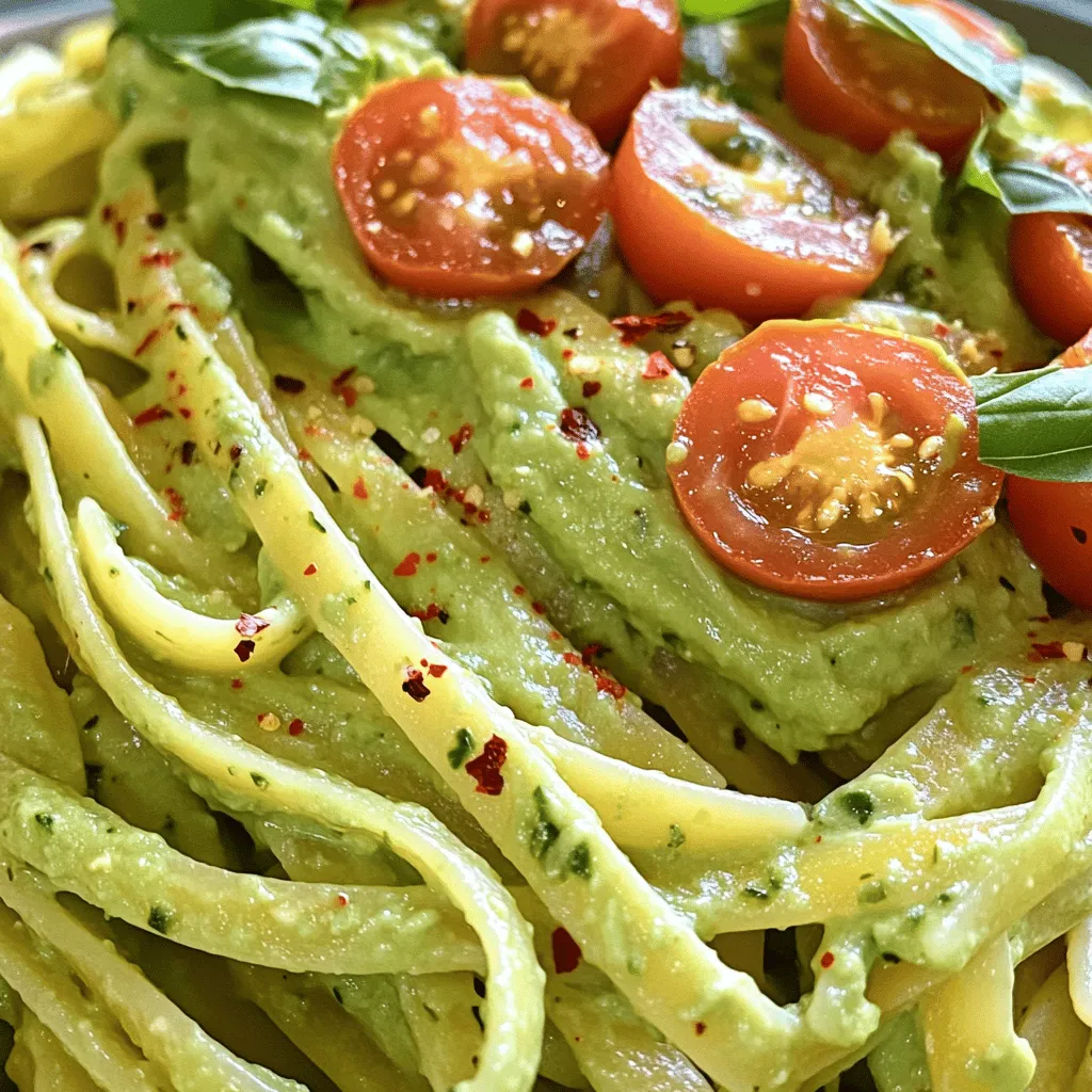 - 12 oz linguine or spaghetti - 2 ripe avocados, peeled and pitted - 2 cloves garlic, minced - 1/4 cup fresh basil leaves, tightly packed To make creamy avocado pasta, you need a few simple ingredients. First, choose your pasta. I like using linguine or spaghetti. Both cook well and hold the sauce nicely. Next, grab two ripe avocados. They should feel soft but not mushy. These will create that creamy texture we love. You also need garlic for flavor. Mince two cloves to add a nice kick to the sauce. Lastly, fresh basil leaves bring a sweet, herbal note that brightens the dish. - 3 tablespoons olive oil - 1/4 cup grated Parmesan cheese - Salt and black pepper to taste - Cherry tomatoes, halved for garnish - Crushed red pepper flakes While the essential ingredients are key, optional ones can enhance your dish. I often add olive oil for extra creaminess. It also helps blend the sauce smoothly. If you enjoy cheese, sprinkle in some grated Parmesan. It adds richness and depth to the flavor. Don’t forget salt and black pepper. Both help balance the taste. Cherry tomatoes look lovely on top and add freshness. Crushed red pepper flakes can give the dish a nice kick if you like spice. For the full recipe, check the details above. 1. Boil Salted Water: Start by filling a large pot with water. Add a generous amount of salt to the water. This will help season the pasta while it cooks. Bring the water to a rolling boil. 2. Time of Cooking for Al Dente: Once the water is boiling, add 12 oz of linguine or spaghetti. Cook according to the package instructions, usually around 8 to 10 minutes. You want the pasta to be al dente, which means it should be firm but not hard when you bite into it. 1. Blending Technique for Creaminess: While the pasta cooks, prepare the sauce. In a blender or food processor, add 2 ripe avocados, 2 minced garlic cloves, 1/4 cup of fresh basil leaves, 2 tablespoons of lemon juice, and 3 tablespoons of olive oil. Blend until everything is smooth and creamy. The key is to make sure there are no lumps. 2. Seasoning the Sauce: After blending, taste the sauce. Add salt and black pepper to your liking. This step is crucial for boosting the flavor of your sauce. 1. Mixing Technique: Once the pasta is cooked, reserve 1 cup of pasta water and drain the rest. In a large mixing bowl, combine the drained pasta with the creamy avocado sauce. Toss gently to coat the pasta evenly with the sauce. 2. Adjusting Consistency with Pasta Water: If the sauce feels too thick, add a little reserved pasta water. Do this gradually until you reach your desired creamy consistency. Mixing well ensures every bite is delicious. Following these steps makes a quick and tasty weeknight meal. You can find the full recipe for more details. - Selecting the right pasta type: Use linguine or spaghetti for this dish. Both types hold the creamy sauce well. They cook evenly and complement the avocado sauce nicely. - Saltiness of the water for flavor: Salt your pasta water well. It should taste like the sea. This step adds flavor to the pasta itself, enhancing the overall dish. - Choosing ripe avocados: Look for avocados that yield slightly to pressure. They should be dark green, smooth, and feel soft but not mushy. This ensures a creamy sauce. - Adding spices or herbs for flavor: Spice up your sauce with crushed red pepper or fresh herbs. A pinch of cumin or a squeeze of lime can add a new twist. - Pairing with proteins: Add grilled chicken, shrimp, or chickpeas for protein. This makes the meal heartier and satisfies your hunger. - Best garnishes for presentation: Garnish with halved cherry tomatoes or fresh basil. A sprinkle of Parmesan cheese or crushed nuts adds texture and flavor. These tips will help you create a delicious, creamy avocado pasta that impresses every time. For the full recipe, refer to the earlier sections. {{image_2}} You can easily change up the recipe. If you want to skip the Parmesan cheese, try nutritional yeast. It gives a cheesy flavor without dairy. You can also use vegan cheese if that suits your taste. For pasta, I love using whole wheat or gluten-free options like chickpea pasta. They add unique flavors and textures. If you need a vegan dish, just leave out the Parmesan cheese. The creamy avocado sauce is rich enough on its own. For gluten-free options, choose gluten-free pasta made from rice or quinoa. Both options work well and keep the dish delicious. Want to add some protein? Grilled chicken or shrimp complements the creamy sauce. Just cook the protein separately and toss it in before serving. If you like it spicy, add crushed red pepper flakes while mixing the sauce. You can also stir in some jalapeños for an extra kick. To keep your creamy avocado pasta fresh, store leftovers in the fridge. Place them in an airtight container. This helps to prevent browning. Use the pasta within two days for best taste. Before sealing, press plastic wrap directly onto the surface of the pasta. This limits air exposure and keeps the vibrant green color. Freezing avocado pasta is tricky due to the avocados. They can change texture once thawed. If you want to freeze it, leave out the avocado sauce. Instead, freeze the cooked pasta. Place it in a freezer bag, and remove as much air as possible. It will last up to three months. When ready to eat, cook fresh avocado sauce and mix it with the thawed pasta. When reheating, avoid the microwave if possible. It can make pasta mushy. Instead, use a skillet on low heat. Add a splash of water or olive oil. Stir gently to warm up. If you find the pasta dry, a bit of reserved pasta water can help. This keeps the dish creamy and delicious. To find the best avocados, look for ones that are slightly soft. Gently press with your fingers. If it gives just a bit, it's ripe. Avoid avocados that feel mushy or have dark spots. These signs mean they may be overripe. Green, firm avocados are not ready yet, but you can ripen them at home. Simply leave them on the counter for a few days. Yes, you can prep some ingredients early. Cook the pasta and store it in the fridge. It stays good for 3-5 days. You can also make the avocado sauce ahead of time. Just add a bit of lemon juice to keep it fresh. Store the sauce in an airtight container. When you're ready to eat, mix it all together. This pasta pairs well with a simple salad. A fresh green salad with lemon vinaigrette works nicely. You can also serve garlic bread or roasted veggies on the side. If you want some protein, grilled chicken or shrimp complements the dish perfectly. For a light touch, add a sprinkle of feta cheese. Yes, creamy avocado pasta is a healthy choice. Avocados are rich in healthy fats. They provide fiber, vitamins, and minerals. Garlic adds flavor and boosts your immune system. Pasta gives you energy from carbs. You can use whole wheat pasta for more fiber. This dish is tasty and nutritious, making it a great meal choice. Creamy avocado pasta is simple and fun to make. You learned about essential ingredients like ripe avocados and fresh basil. I shared tips for cooking pasta and mixing it perfectly with the sauce. You can also try fun variations and storage tips for later. This dish is not just tasty; it’s packed with nutrients too. Enjoy making this delightful meal and let your creativity shine!