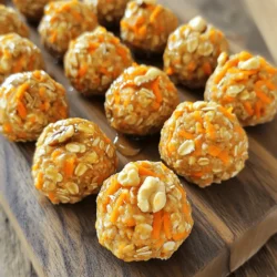 Carrot Cake Energy Bites are simple to make and packed with flavor. Here are the main ingredients you will need: - 1 cup rolled oats - 1 cup shredded carrots (about 2 medium carrots) - 1/2 cup almond butter (or any nut butter of choice) - 1/4 cup honey or maple syrup - 1/2 teaspoon vanilla extract - 1/2 teaspoon ground cinnamon - 1/4 teaspoon nutmeg - 1/4 cup chopped walnuts - 1/4 cup raisins or cranberries - Pinch of salt These ingredients blend well to create a tasty treat. The oats provide a good base, while the carrots lend moisture and sweetness. Almond butter adds richness. Honey or maple syrup offers natural sweetness. The spices bring warmth and depth to the flavor. Walnuts add crunch, and raisins or cranberries give a burst of sweetness. Feel free to adjust the ingredients based on your taste. You can check the Full Recipe for more details on how to combine these ingredients. - Step 1: Combine dry ingredients Start by taking a large mixing bowl. Add 1 cup of rolled oats, 1 cup of shredded carrots, and 1/4 cup of chopped walnuts. Mix these dry ingredients well. This blend creates a great base for the bites. - Step 2: Mix wet ingredients In another bowl, combine 1/2 cup of almond butter, 1/4 cup of honey (or maple syrup), and 1/2 teaspoon of vanilla extract. Add 1/2 teaspoon of ground cinnamon, 1/4 teaspoon of nutmeg, and a pinch of salt. Stir until smooth. This mixture adds moisture and flavor. - Step 3: Combine wet and dry ingredients Pour the wet mixture into the bowl with the dry ingredients. Stir well until everything is combined. If your mixture feels dry, add a bit more almond butter. It should be sticky enough to hold together. - Step 4: Form the bites Now, it's time to roll the mixture. Use your hands to form small balls, about 1 inch in diameter. This step is fun and messy! - Step 5: Refrigerate to set Place your energy bites on a baking sheet lined with parchment paper. Refrigerate them for at least 30 minutes. This helps them firm up. After that, you can store them in an airtight container. Enjoy these tasty snacks throughout the week! For the full recipe, check the ingredients and instructions above. - Adjust sweetness based on your taste. You can add more honey or maple syrup. - Ensure the mixture holds together. If it feels too crumbly, add more nut butter. - Use parchment paper for easy cleanup. This makes removing the bites a breeze. - Not chilling long enough can lead to soft energy bites. Chill for at least 30 minutes. - Using stale or low-quality ingredients affects flavor. Fresh ingredients make a big difference. These tips help you create the best carrot cake energy bites. Enjoy making them! For the full recipe, check it out in the article. {{image_2}} You can easily change the flavor of these bites. Try adding fun ingredients for variety. - Add-ins: Mix in chocolate chips for a sweet touch. You can also add coconut flakes for a tropical vibe. Seeds like chia or flax can boost nutrition. - Spice variations: Want a warm flavor? Toss in some ginger or cardamom. Pumpkin spice adds a festive twist to your bites. You can make these energy bites fit your diet. Here are a couple of easy swaps. - Vegan option: Swap honey for maple syrup. This keeps your bites just as sweet but makes them vegan-friendly. - Nut-free version: If you need a nut-free snack, use sunflower seed butter. It gives a creamy texture without nuts. Feel free to explore these variations to make the bites your own! For the full recipe, check out the previous section. To keep your carrot cake energy bites fresh, store them in the refrigerator. Place the bites in an airtight container. This helps keep them from drying out or absorbing other smells. You can use a glass jar or a plastic container with a tight seal. They will stay good for up to one week in the fridge. If you want to keep these energy bites longer, freezing them is a great option. To freeze, place the energy bites in a single layer on a baking sheet. After they freeze hard, transfer them to a freezer-safe bag or container. Make sure to remove as much air as possible. They can last for about three months in the freezer. When you're ready to enjoy them, simply take the bites out and thaw them in the fridge overnight. You can also leave them at room temperature for about 30 minutes before eating. This way, they stay tasty and soft. Enjoy your healthy snack anytime! How long do carrot cake energy bites last? Carrot cake energy bites last up to one week in the fridge. Store them in an airtight container to keep them fresh. Can I make these energy bites ahead of time? Yes, you can make these energy bites ahead of time. They save well, so feel free to prep them for busy days. What’s the best way to serve energy bites? You can serve energy bites as a snack or a quick breakfast. Enjoy them chilled or at room temperature. Are carrot cake energy bites gluten-free? Yes, these energy bites are gluten-free. Use certified gluten-free oats to ensure no cross-contamination. Can I use quick oats instead of rolled oats? Yes, you can use quick oats. They will give a softer texture, but the taste remains great. What can I substitute for almond butter? You can use peanut butter or sunflower seed butter. Each will add its own flavor while keeping it delicious. For the full recipe, check out the Carrot Cake Energy Bites section! You now have a clear guide to making delicious carrot cake energy bites. The recipe is simple, with easy steps to follow. Remember to adjust sweetness to your taste and avoid common mistakes like using stale ingredients. These bites can fit your needs, whether you want them vegan or nut-free. Store them well, and you can enjoy them longer. I hope you feel inspired to try this tasty treat and make it your own! Enjoy every bite of your healthy snack.