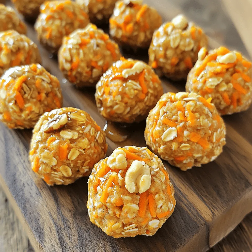 Carrot Cake Energy Bites are simple to make and packed with flavor. Here are the main ingredients you will need: - 1 cup rolled oats - 1 cup shredded carrots (about 2 medium carrots) - 1/2 cup almond butter (or any nut butter of choice) - 1/4 cup honey or maple syrup - 1/2 teaspoon vanilla extract - 1/2 teaspoon ground cinnamon - 1/4 teaspoon nutmeg - 1/4 cup chopped walnuts - 1/4 cup raisins or cranberries - Pinch of salt These ingredients blend well to create a tasty treat. The oats provide a good base, while the carrots lend moisture and sweetness. Almond butter adds richness. Honey or maple syrup offers natural sweetness. The spices bring warmth and depth to the flavor. Walnuts add crunch, and raisins or cranberries give a burst of sweetness. Feel free to adjust the ingredients based on your taste. You can check the Full Recipe for more details on how to combine these ingredients. - Step 1: Combine dry ingredients Start by taking a large mixing bowl. Add 1 cup of rolled oats, 1 cup of shredded carrots, and 1/4 cup of chopped walnuts. Mix these dry ingredients well. This blend creates a great base for the bites. - Step 2: Mix wet ingredients In another bowl, combine 1/2 cup of almond butter, 1/4 cup of honey (or maple syrup), and 1/2 teaspoon of vanilla extract. Add 1/2 teaspoon of ground cinnamon, 1/4 teaspoon of nutmeg, and a pinch of salt. Stir until smooth. This mixture adds moisture and flavor. - Step 3: Combine wet and dry ingredients Pour the wet mixture into the bowl with the dry ingredients. Stir well until everything is combined. If your mixture feels dry, add a bit more almond butter. It should be sticky enough to hold together. - Step 4: Form the bites Now, it's time to roll the mixture. Use your hands to form small balls, about 1 inch in diameter. This step is fun and messy! - Step 5: Refrigerate to set Place your energy bites on a baking sheet lined with parchment paper. Refrigerate them for at least 30 minutes. This helps them firm up. After that, you can store them in an airtight container. Enjoy these tasty snacks throughout the week! For the full recipe, check the ingredients and instructions above. - Adjust sweetness based on your taste. You can add more honey or maple syrup. - Ensure the mixture holds together. If it feels too crumbly, add more nut butter. - Use parchment paper for easy cleanup. This makes removing the bites a breeze. - Not chilling long enough can lead to soft energy bites. Chill for at least 30 minutes. - Using stale or low-quality ingredients affects flavor. Fresh ingredients make a big difference. These tips help you create the best carrot cake energy bites. Enjoy making them! For the full recipe, check it out in the article. {{image_2}} You can easily change the flavor of these bites. Try adding fun ingredients for variety. - Add-ins: Mix in chocolate chips for a sweet touch. You can also add coconut flakes for a tropical vibe. Seeds like chia or flax can boost nutrition. - Spice variations: Want a warm flavor? Toss in some ginger or cardamom. Pumpkin spice adds a festive twist to your bites. You can make these energy bites fit your diet. Here are a couple of easy swaps. - Vegan option: Swap honey for maple syrup. This keeps your bites just as sweet but makes them vegan-friendly. - Nut-free version: If you need a nut-free snack, use sunflower seed butter. It gives a creamy texture without nuts. Feel free to explore these variations to make the bites your own! For the full recipe, check out the previous section. To keep your carrot cake energy bites fresh, store them in the refrigerator. Place the bites in an airtight container. This helps keep them from drying out or absorbing other smells. You can use a glass jar or a plastic container with a tight seal. They will stay good for up to one week in the fridge. If you want to keep these energy bites longer, freezing them is a great option. To freeze, place the energy bites in a single layer on a baking sheet. After they freeze hard, transfer them to a freezer-safe bag or container. Make sure to remove as much air as possible. They can last for about three months in the freezer. When you're ready to enjoy them, simply take the bites out and thaw them in the fridge overnight. You can also leave them at room temperature for about 30 minutes before eating. This way, they stay tasty and soft. Enjoy your healthy snack anytime! How long do carrot cake energy bites last? Carrot cake energy bites last up to one week in the fridge. Store them in an airtight container to keep them fresh. Can I make these energy bites ahead of time? Yes, you can make these energy bites ahead of time. They save well, so feel free to prep them for busy days. What’s the best way to serve energy bites? You can serve energy bites as a snack or a quick breakfast. Enjoy them chilled or at room temperature. Are carrot cake energy bites gluten-free? Yes, these energy bites are gluten-free. Use certified gluten-free oats to ensure no cross-contamination. Can I use quick oats instead of rolled oats? Yes, you can use quick oats. They will give a softer texture, but the taste remains great. What can I substitute for almond butter? You can use peanut butter or sunflower seed butter. Each will add its own flavor while keeping it delicious. For the full recipe, check out the Carrot Cake Energy Bites section! You now have a clear guide to making delicious carrot cake energy bites. The recipe is simple, with easy steps to follow. Remember to adjust sweetness to your taste and avoid common mistakes like using stale ingredients. These bites can fit your needs, whether you want them vegan or nut-free. Store them well, and you can enjoy them longer. I hope you feel inspired to try this tasty treat and make it your own! Enjoy every bite of your healthy snack.