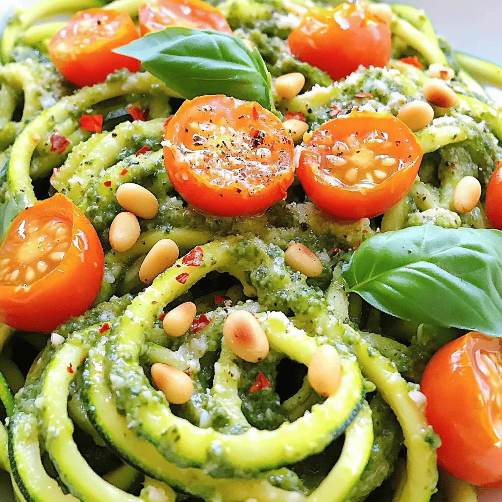 To make Zucchini Noodles with Pesto, you need a few fresh ingredients. Here’s what you’ll need: - 4 medium zucchinis - 1 cup fresh basil leaves - ½ cup pine nuts (toasted) - 1 clove garlic - ½ cup olive oil - ¼ cup grated Parmesan cheese (or nutritional yeast for a vegan option) - Salt and pepper to taste - 1 cup cherry tomatoes, halved - Optional: ½ teaspoon red pepper flakes for heat These ingredients come together to create a dish that is light, fresh, and full of flavor. The zucchini serves as a great alternative to pasta, making it a fun and healthy meal option. The pesto adds a rich taste that perfectly complements the noodles. You can find the full recipe in the section above. Start by making your zucchini noodles. You can use a spiralizer, julienne peeler, or a mandoline. Choose whichever tool you have or prefer. The goal is to create long, noodle-like strands. After you make the noodles, place them in a colander. Sprinkle salt over them and let them sit for about ten minutes. This process helps draw out extra moisture. After ten minutes, rinse off the salt and pat the noodles dry with paper towels. Next, it's time to make the pesto. In a food processor, add fresh basil leaves, toasted pine nuts, and one clove of garlic. Pour in half a cup of olive oil and add grated Parmesan cheese if you want. Blend the mixture until it becomes smooth. If it looks too thick, add more olive oil little by little. You can also season it with salt and pepper to taste. Now, let's cook those zucchini noodles! Rinse them under cold water to remove any salt and dry them well. Heat a large skillet over medium heat. Add a little olive oil and sauté the noodles for about two to three minutes. You want them to be slightly tender but still crisp. Keep an eye on them so they don’t overcook. Once the noodles are cooked, remove the skillet from the heat. Toss the warm noodles with the pesto you made earlier. Add in halved cherry tomatoes for a pop of color and flavor. If you enjoy a little heat, mix in red pepper flakes. Combine everything well so the noodles are coated evenly. Serve the dish warm, and for a nice touch, garnish with extra pine nuts, fresh basil leaves, and a sprinkle of Parmesan cheese. For the full recipe, check the detailed instructions above. Choosing the best basil is key for great pesto. Look for bright green, fresh leaves. Avoid wilted or brown leaves. The aroma should be strong and sweet. This basil will give your pesto a vibrant taste. Toasting pine nuts adds depth to your pesto. Place them in a dry skillet over low heat. Stir often to prevent burning. Toast for about 3-5 minutes until golden. Let them cool before blending. This step makes your pesto richer and more flavorful. To avoid soggy zucchini noodles, start by salting them. After spiralizing, place them in a colander and sprinkle with salt. Let them rest for about 10 minutes. This draws out excess moisture. Rinse the noodles before cooking to remove the salt. For optimal sautéing, use a large skillet over medium heat. Add just a drizzle of olive oil. Sauté the zucchini noodles for only 2-3 minutes. You want them tender yet crisp. Avoid cooking too long, or they will become mushy. Pair zucchini noodles with proteins like grilled chicken or shrimp. They also work well with beans for a plant-based meal. This adds protein and makes the dish more filling. Get creative with garnishing. Add extra pine nuts for crunch and basil leaves for freshness. A sprinkle of Parmesan cheese enhances flavor. For a kick, toss on red pepper flakes. These touch-ups make your dish fun and appealing. {{image_2}} You can switch up your pesto for fun flavors. Try making it with sun-dried tomatoes for a tangy twist. Just blend them in with basil and nuts. Or, you can use arugula instead of basil. It adds a peppery kick. If you're looking for vegan options, skip the cheese. Use nutritional yeast for that savory taste. Blend it with nuts and olive oil for a creamy texture. Want to make your meal heartier? Add proteins! Grilled chicken pairs well with zucchini noodles. Shrimp is another great choice; it cooks quickly and adds a sweet taste. If you prefer plant-based options, try tofu. Just cube it and sauté until golden. You can also include beans or legumes. Chickpeas or lentils add protein and fiber, making your dish even better. You can change your dish with seasonal veggies. In summer, add fresh cherry tomatoes for sweetness. In fall, use roasted squash for a cozy flavor. Different pasta alternatives can also work. Try spiralizing carrots or sweet potatoes for a colorful plate. Each season brings unique tastes, so feel free to explore! For a complete recipe, check out the [Full Recipe]. To keep your zucchini noodles and pesto fresh, store them separately. This way, the noodles won’t get soggy. Place the zucchini noodles in an airtight container. Make sure they are dry to avoid extra moisture. For the pesto, use another container and cover it tightly. This helps keep the flavors strong. Always refrigerate both items. They will last for about three days in the fridge. You can freeze zucchini noodles for later use. Just spiralize them first, then spread them on a baking sheet. Freeze them until solid, then transfer to a freezer bag. This helps keep their shape. For your pesto, pour it into ice cube trays before freezing. Once frozen, pop out the cubes and store them in a bag. This way, you can use just what you need later. When reheating your zucchini noodles, use a skillet over medium heat. This method helps keep them tender. Add a splash of olive oil to keep them moist. Stir gently for about two minutes. Avoid cooking too long, as they may become mushy. For pesto, you can warm it gently in a small pan. This keeps the flavors fresh without overcooking. Enjoy your meal with the full recipe! Zucchini noodles are a great choice for health. They are low in calories and carbs. Each zucchini has many vitamins, like vitamin C and potassium. Here are some key benefits: - Low in calories: Great for weight loss. - High in fiber: Helps with digestion. - Packed with vitamins: Boosts your immune system. Zucchini noodles provide a fresh, light meal. They can replace regular pasta, making your dish healthier. To keep zucchini noodles crisp, follow these tips: - Salt the noodles: After spiralizing, sprinkle with salt. Let them rest for 10 minutes. This draws out moisture. - Rinse and dry: Rinse noodles under cold water and pat them dry. - Quick cooking: Sauté for just 2-3 minutes. Overcooking makes them soggy. These steps help maintain their texture and keep them delicious. Yes, you can use store-bought pesto for convenience. It saves time and effort. However, consider these factors: - Flavor quality: Homemade pesto often tastes fresher and richer. - Ingredients: Check for quality; some brands add fillers. - Personal touch: Store-bought pesto may lack the unique flavors you enjoy. If you're short on time, a store-bought option works well. For a full flavor experience, try my homemade pesto recipe in the [Full Recipe]. This blog post shared a tasty way to enjoy zucchini noodles with fresh pesto. We covered the key ingredients, step-by-step instructions, and some handy tips. You learned how to create pesto and keep your noodles crisp. Variations let you mix in seasonal veggies or proteins. Finally, I shared how to store leftovers effectively. Zucchini noodles offer a healthy meal that’s easy to make. With a little practice, you can impress anyone at your table. Enjoy experimenting with these flavors and techniques!
