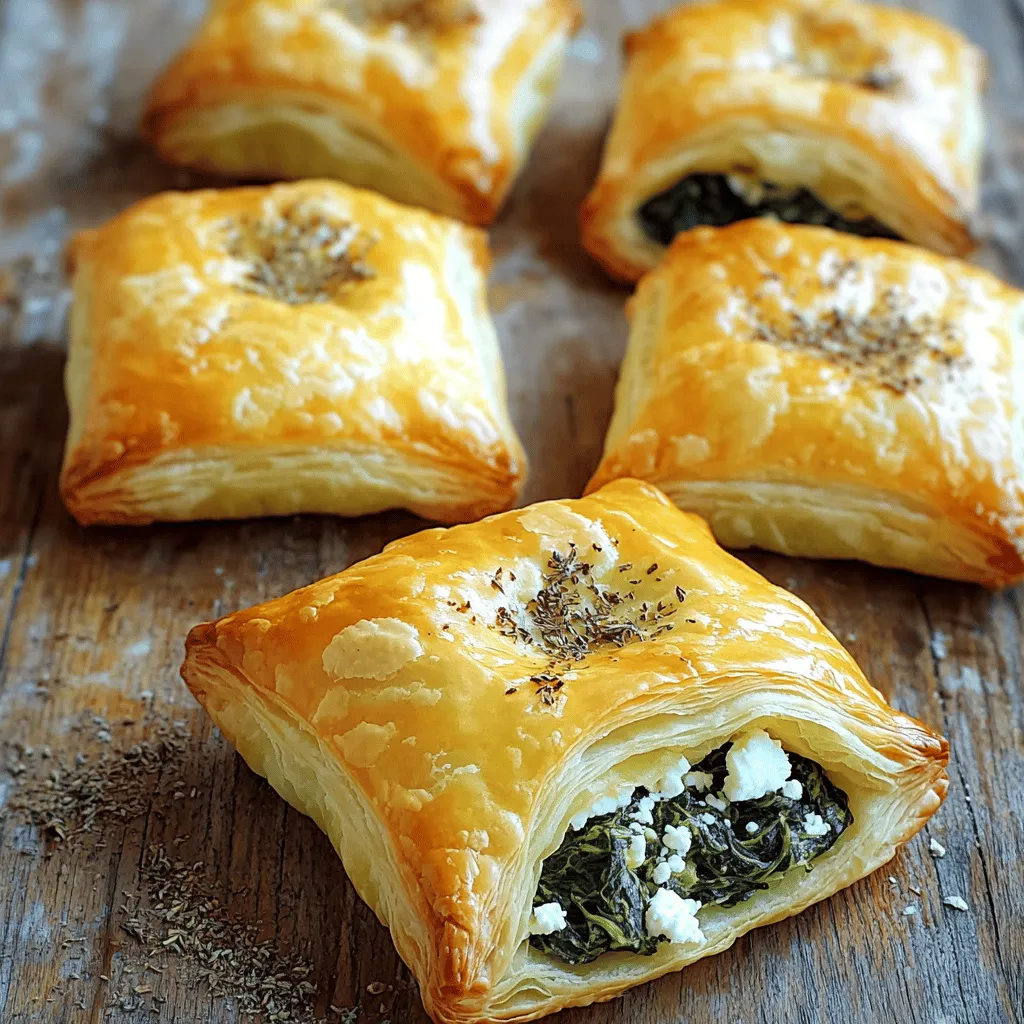 This savory spinach and feta puff pastry is quick to make and delicious. It combines fresh spinach, creamy cheeses, and flaky pastry. You can serve it as a snack or appetizer. The full recipe is easy to follow and perfect for gatherings. Gather these ingredients for the best results: - 1 package of puff pastry sheets (2 sheets, thawed) - 2 cups fresh spinach, chopped - 1 cup feta cheese, crumbled - 1/2 cup ricotta cheese - 1/4 cup grated Parmesan cheese - 1 garlic clove, minced - 1/2 teaspoon dried oregano - 1/4 teaspoon black pepper - 1 egg (for egg wash) - 1 tablespoon olive oil - Salt, to taste These ingredients bring together a blend of flavors, making each bite a delight. To make cooking easy, use these tools: - Baking sheet - Parchment paper - Large skillet - Mixing bowl - Fork - Rolling pin These tools help you prepare the dish smoothly. They make rolling the pastry and mixing the filling a breeze. With the right tools, you can focus on creating a tasty treat! First, gather all your ingredients. You will need: - 1 package of puff pastry sheets (2 sheets, thawed) - 2 cups fresh spinach, chopped - 1 cup feta cheese, crumbled - 1/2 cup ricotta cheese - 1/4 cup grated Parmesan cheese - 1 garlic clove, minced - 1/2 teaspoon dried oregano - 1/4 teaspoon black pepper - 1 egg (for egg wash) - 1 tablespoon olive oil - Salt, to taste Next, preheat your oven to 400°F (200°C). Line a baking sheet with parchment paper to avoid sticking. In a large skillet, heat the olive oil over medium heat. Add the minced garlic and cook for about 30 seconds. It should smell great by now. Add the chopped spinach and cook until it wilts, which takes about 3-5 minutes. Remove the skillet from heat and let it cool slightly. In a mixing bowl, combine the wilted spinach, feta, ricotta, Parmesan, oregano, salt, and black pepper. Mix this well to create your filling. Roll out the puff pastry sheets on a floured surface. Cut each sheet into four equal squares to make it easier to fill. Place a generous spoonful of your spinach and cheese mixture in the center of each pastry square. Fold the pastry into a triangle or rectangle. Press the edges with a fork to seal them tight. In a small bowl, beat the egg. Brush the egg wash over the tops of the pastries. This step gives them a nice golden finish. Place the pastries on your prepared baking sheet and bake for 20-25 minutes. They should look golden brown and puffed when done. After baking, let the pastries cool slightly. This makes them easier to handle. Serve them warm for the best taste. Enjoy your savory spinach and feta puff pastry as a snack or appetizer. For the full recipe, refer to the earlier section. To get a great puff pastry, keep it cold. Heat makes the pastry melt and lose its shape. Thaw the sheets in the fridge, not at room temperature. Roll it out gently on a floured surface. Avoid pressing too hard, as this can flatten the layers. The more layers you keep, the better it puffs. To boost flavor, try adding herbs. Fresh herbs like dill or parsley work well. You can also mix in some lemon zest for a zing. If you love spice, a pinch of red pepper flakes adds warmth. Taste the filling before sealing the pastries. Adjust salt and pepper based on your preference. One common mistake is overfilling the pastries. Too much filling can cause leaks. Make sure to leave space at the edges when placing the filling. Another mistake is skipping the egg wash. This step gives your pastries a beautiful golden color. Finally, don’t skip the cooling time. Let the pastries cool slightly before serving. This helps keep the filling intact and makes them easier to handle. {{image_2}} You can switch up the cheeses in your savory spinach and feta puff pastry. Try using goat cheese for a tangy twist. Cream cheese can also work if you want a creamier filling. You can mix in some shredded mozzarella for extra stretch. If you like a kick, add some crumbled blue cheese. Each of these options brings a unique flavor profile, making your dish exciting. For a vegan version, replace the cheeses with dairy-free alternatives. Use tofu or cashew cream to mimic the creaminess. You can also use chickpea flour to create a cheesy texture. For gluten-free options, choose gluten-free puff pastry. These options allow everyone to enjoy this tasty treat, regardless of dietary needs. Add some seasonal ingredients to brighten up your puff pastry. In spring, toss in fresh herbs like dill or mint. In summer, consider adding diced tomatoes or roasted red peppers. In autumn, sweet potatoes or butternut squash can add a nice touch. Winter might call for some sautéed mushrooms or caramelized onions. These additions can elevate your dish with fresh flavors throughout the year. For the full recipe, check out the details above! After enjoying your savory spinach and feta puff pastries, you might have some left. To keep them fresh, let them cool completely. Place them in an airtight container. If you stack them, add parchment paper between layers to prevent sticking. Store them in the fridge for up to three days. To enjoy your pastries again, reheating is key. For the best results, preheat your oven to 350°F (175°C). Place the pastries on a baking sheet. Heat them for about 10-15 minutes, or until they are warm and crisp. Avoid the microwave, as it can make the pastry soggy. If you want to save some pastries for later, freezing is a great option. First, let them cool fully. Wrap each pastry tightly in plastic wrap. Then, place them in a freezer-safe bag or container. Label it with the date. They can stay in the freezer for up to three months. When ready to eat, thaw them overnight in the fridge before reheating. This way, you can enjoy your savory spinach and feta puff pastries any time! For the full recipe, check out the details above. Yes, you can use frozen spinach. Just make sure to thaw and drain it well. Frozen spinach may release extra water, so you want to squeeze out as much moisture as you can. This keeps the filling from becoming soggy. I prefer fresh spinach, but frozen works in a pinch. To keep puff pastry crispy, follow a few key steps. First, make sure not to overfill the pastry. This helps it puff and brown nicely. Second, use an egg wash on top before baking. It gives a great color and helps seal the edges. Lastly, bake in a hot oven. A temperature of 400°F (200°C) works best for that flaky texture. Savory spinach and feta puff pastry pairs well with many dips and sides. Try serving it with a tangy yogurt sauce or a zesty tzatziki. A simple green salad with lemon vinaigrette also complements the dish nicely. For a heartier option, serve it with roasted vegetables or a warm tomato soup. These will enhance the meal and add freshness. This article covered how to make savory spinach and feta puff pastries. We went over the key ingredients, tools, and step-by-step instructions. You learned how to perfect your pastry and avoid common mistakes. We also explored fun variations, storage tips, and answered common questions. Puff pastries are easy to make and fun to share. Try different flavors to find your favorite. Happy baking!