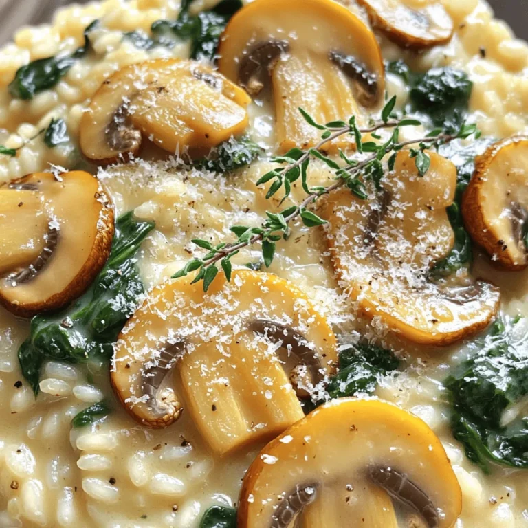 - 1 cup Arborio rice - 4 cups vegetable broth - 8 oz cremini mushrooms, sliced - 1 small onion, finely chopped - 2 cloves garlic, minced - 1 cup fresh spinach, roughly chopped - ½ cup Parmesan cheese, grated - 2 tablespoons olive oil - 2 tablespoons unsalted butter - Salt and pepper to taste For a rich and creamy mushroom risotto, you need the right ingredients. Arborio rice is key. It has a high starch content, which gives risotto its creamy texture. Vegetable broth adds depth and flavor. I love using cremini mushrooms for their earthy taste. They really shine in this dish. Onion and garlic provide a flavorful base. Each adds their own unique aroma. Fresh spinach brings color and nutrients. Parmesan cheese adds a wonderful salty finish to the dish. Olive oil and butter ensure every bite is rich and satisfying. - Fresh thyme leaves - Additional seasonings For a touch of freshness, consider adding thyme leaves as a garnish. They elevate the dish with a hint of herbal flavor. You can also experiment with other seasonings to suit your taste. A dash of red pepper flakes can add some heat if you like it spicy. - Large skillet or wide pan - Saucepan for broth - Ladle for adding broth You will need a large skillet or wide pan for sautéing the vegetables and cooking the rice. A saucepan is essential for keeping the vegetable broth warm. A ladle helps you add broth gradually. This method is crucial for achieving that perfect creamy texture in your risotto. For the Full Recipe, check out the detailed instructions to make this dish effortlessly. To make creamy mushroom risotto, start by heating the vegetable broth. - Pour 4 cups of vegetable broth into a saucepan. - Set the heat to low and warm it gently. - Keeping the broth warm helps the rice cook evenly. Next, cook the mushrooms and onions. - In a large skillet, add 2 tablespoons of olive oil and 1 tablespoon of unsalted butter. - Heat this over medium heat. - Add 1 small chopped onion and sauté until it turns translucent, about 2-3 minutes. - Then, stir in 2 minced garlic cloves and 8 ounces of sliced cremini mushrooms. - Cook these for 5-7 minutes until the mushrooms are soft and golden. Now, it’s time to make the risotto. - Add 1 cup of Arborio rice to the skillet. - Stir the rice to coat it with oil and butter. - Cook for about 2 minutes until the rice is slightly toasted. - Begin adding the warm vegetable broth one ladle at a time. - Stir continuously and let the liquid soak in before adding more. - Repeat this for 18-20 minutes until the rice is creamy and al dente. - Once done, mix in 1 cup of roughly chopped fresh spinach. - Remove the skillet from heat and add the remaining butter and ½ cup of grated Parmesan cheese. - Stir until it’s creamy and well combined. - Season with salt and pepper to taste. You can find the full recipe with all details linked here: [Full Recipe]. To get that creamy texture, stirring is key. As you add broth, keep stirring the rice. This movement helps release the starch from the rice. That starch is what makes the risotto creamy. Pour in the broth slowly, one ladle at a time. Wait until the rice absorbs most of the liquid before adding more. This process takes about 18-20 minutes but is worth the wait. You want your rice to be al dente. This means it should be firm but not hard. To achieve this, taste the rice a few minutes before the cooking time ends. If it feels too soft, stop cooking. If it still feels hard, keep stirring and cooking for a bit longer. Knowing when to stop cooking can make a big difference in your dish. To boost flavor, add herbs and spices like thyme or rosemary. Fresh herbs elevate the dish and add brightness. You can also experiment with different types of cheese. Try adding goat cheese for a tangy twist or a richer cheese like Gruyère. These enhancements make your risotto even more delicious and unique. For the full recipe, check the Creamy Mushroom Risotto section. {{image_2}} You can easily make this dish vegetarian by swapping some veggies. Try using peas or zucchini instead of mushrooms. You can also add extra greens like kale or arugula for more flavor and nutrition. These swaps keep the taste fresh and fun! If you want a vegan version, use non-dairy cheese instead of Parmesan. Nutritional yeast can add a cheesy flavor too. Omit the butter and use olive oil for cooking. This keeps the dish creamy and rich without any dairy. For added protein, consider mixing in chicken or shrimp. These options create a heartier meal. You can also include seasonal vegetables like asparagus or butternut squash. They add color and unique flavors to the risotto. Each variation makes the dish your own! Check out the Full Recipe for more ideas and details. To keep your creamy mushroom risotto fresh, cool it completely before refrigerating. This helps prevent bacteria growth. Store it in an airtight container. This keeps moisture in and odors out. When reheating risotto, the best method is to use the stove. Place it in a pan over low heat. Add a splash of vegetable broth or water. This helps restore creaminess. Stir often until heated through. You can freeze cooked risotto for later use. Place it in an airtight container or freezer bag. Make sure to remove as much air as possible. To thaw, leave it in the fridge overnight. Reheat it on the stove with a bit of broth. This keeps it creamy and tasty. The best rice for risotto is Arborio rice. It has a high starch content, which gives risotto its creamy texture. Other rice types, like jasmine or basmati, do not work well. They lack the starch needed for a rich, smooth dish. Arborio rice absorbs flavors while cooking, enhancing the dish. For a unique twist, you can try Carnaroli or Vialone Nano, which are also great options. Yes, you can make risotto ahead of time. Prepare it up to the point before adding cheese and butter. Let it cool completely, then store it in an airtight container. When you're ready to serve, reheat it slowly. Add a splash of broth to regain creaminess. Stir well to combine everything. You can also freeze risotto for longer storage. Just remember to thaw it in the fridge overnight before reheating. You know risotto is done when the rice is creamy and al dente. The grains should be cooked through but still have a slight bite. Taste a spoonful to check the texture. If it feels too firm, add more broth and cook a bit longer. The dish should not be dry; it should have a nice, luscious consistency. This is the sign of perfect risotto texture. In this blog post, we covered how to make a delicious risotto. We discussed essential ingredients like Arborio rice, vegetables, and cheese. You learned the steps for cooking, tips for achieving creaminess, and variations to suit your taste. Storing and reheating risotto is easy when you follow our guidance. Remember, risotto is versatile. You can change it up as you like. Enjoy your cooking adventure, and don’t hesitate to try new flavors!
