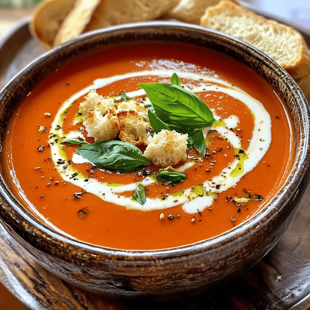 To make a rich and tasty creamy tomato basil soup, you need these key items: - 1 tablespoon olive oil - 1 medium onion, diced - 2 garlic cloves, minced - 1 can (28 oz) crushed tomatoes - 2 cups vegetable broth - 1 cup heavy cream - 1 tablespoon sugar - Salt and pepper to taste - 1/4 cup fresh basil leaves, chopped - 1 teaspoon dried oregano - Croutons and fresh basil leaves for garnish These main ingredients create a base full of flavor. The crushed tomatoes bring a bright taste. The heavy cream adds a smooth texture. Fresh basil gives it a nice, herbal kick. You can add a few optional ingredients to enhance your soup: - 1 teaspoon red pepper flakes for heat - 1 tablespoon balsamic vinegar for depth - A pinch of smoked paprika for a smoky twist These extras can make your soup unique. Adding red pepper flakes can make it spicy. Balsamic vinegar can add a sweet and tangy note. If you have allergies, you can easily swap some ingredients: - Use coconut milk instead of heavy cream for dairy-free options. - Replace vegetable broth with chicken broth if needed. - Use a sugar substitute for those watching their sugar intake. These substitutions help keep the essence of the soup. They also ensure everyone can enjoy this dish without worry. For the full recipe, check the detailed instructions above. To make creamy tomato basil soup, start with a large pot. Heat 1 tablespoon of olive oil over medium heat. Add 1 medium onion, diced. Sauté until the onion is soft, about 5-7 minutes. Next, add 2 minced garlic cloves. Cook for 1-2 minutes until you smell the garlic. Now, pour in 1 can of crushed tomatoes and 2 cups of vegetable broth. Stir the mix well and bring it to a simmer. Add 1 tablespoon of sugar, salt, and pepper to taste. Toss in 1/4 cup of fresh basil leaves and 1 teaspoon of dried oregano. Stir again. Let this simmer for about 25 minutes. This time lets the flavors mix nicely. After simmering, take the pot off the heat. Use an immersion blender to puree the soup until it is smooth. If you like it chunky, blend it less. Once it's blended, put the pot back on low heat. Stir in 1 cup of heavy cream and warm it through, but don’t let it boil. Taste it and adjust the seasoning with more salt and pepper if needed. Now your soup is ready to serve. To get the best flavor in your creamy tomato basil soup, here are some tips: - Use ripe, good-quality tomatoes for better taste. - Fresh basil makes a big difference. Always use it if possible. - Use low-sodium vegetable broth. This helps you control the salt. - Simmer longer if you have time. It deepens the flavor. These tips can help elevate your soup to the next level. Blending gives your tomato basil soup a smooth and creamy texture. Here are some techniques: - For a super smooth soup, use an immersion blender. It’s easy and quick. - If you prefer some chunks, use a regular blender. Blend it less. - Always blend in batches if using a regular blender. This keeps it safe and easier to handle. Using these techniques, you can achieve the perfect creamy texture for your soup. For the complete recipe, check out the Full Recipe section. To make your creamy tomato basil soup shine, I have some tips. First, use fresh basil for the best flavor. Dried basil can work, but fresh gives a vibrant taste. Next, add a splash of balsamic vinegar. This adds a nice depth to the soup. If you want a smoky flavor, try adding a bit of smoked paprika. Just a pinch will do wonders. Finally, blend the soup until it’s super smooth. This gives it a nice, creamy texture. Many people make a few simple mistakes when cooking soup. One common error is not sautéing the onion long enough. Sauté until it’s soft and sweet. This step builds a strong flavor base. Another mistake is not tasting as you cook. Always taste and adjust the seasoning. Also, don’t skip the sugar. It balances the acidity of the tomatoes. Lastly, avoid boiling the soup after adding cream. This can cause it to curdle, and nobody wants that! Serving your soup well makes it even more enjoyable. Use deep bowls for a cozy look. Drizzle with a bit of cream on top for flair. Sprinkle chopped basil for a pop of color. Add croutons for a fun crunch. You can even add a side of crusty bread for a complete meal. This not only looks great but tastes even better! For more details, check out the Full Recipe! {{image_2}} You can easily make a vegan version of this soup. Instead of heavy cream, use coconut cream or cashew cream. Both give a rich texture without dairy. You can also swap the vegetable broth for homemade broth for a fresh taste. This keeps the soup light but still creamy. Want to boost the nutrition? Add cooked lentils or chickpeas. They add protein and fiber. You can also mix in some spinach or kale for added vitamins. These greens will cook down and blend well. They won’t change the taste much but will add color and health benefits. This soup is great for any time. For a cozy night, serve it with crusty bread. If you host a gathering, offer it in small cups as an appetizer. Dress it up with a drizzle of olive oil and fresh basil for a special touch. For lunch, pair it with a simple salad for balance. This soup fits any meal! Check the Full Recipe for more ideas. After making your creamy tomato basil soup, let it cool to room temperature. Then, pour it into an airtight container. This keeps the soup fresh. Store it in the fridge for up to three days. If you want it to last longer, freezing is a great option. To freeze your soup, use a freezer-safe container. Make sure to leave some space at the top. The soup expands when it freezes. Label the container with the date. You can freeze it for up to three months. When you're ready to enjoy it, just thaw it in the fridge overnight. When reheating, pour the soup into a pot. Heat it on medium-low. Stir it often to prevent it from sticking. If the soup is too thick, add a splash of vegetable broth. This keeps the soup creamy and delicious. Always taste it before serving. Adjust the seasonings if needed. For the best experience, serve it warm with fresh basil and croutons. This makes it feel like a cozy meal every time! Check out the Full Recipe for more tips. Yes, you can make creamy tomato basil soup ahead of time. Just cook the soup as directed and let it cool. Store it in an airtight container in the fridge. It will stay fresh for about three days. When you’re ready to serve, reheat the soup on the stove. Stir in the cream at the end to keep it smooth. Creamy tomato basil soup pairs well with many sides. Here are some great options: - Grilled cheese sandwiches - Crusty bread or baguette - A fresh salad with vinaigrette - Garlic bread for a tasty crunch These sides enhance the soup's rich flavors. They also make your meal more filling. To add some spice to your creamy tomato basil soup, try these tips: - Add a pinch of red pepper flakes while cooking. - Mix in chopped jalapeños for heat. - Use spicy sausage or chorizo for a meaty kick. Adjust the spice levels to fit your taste. Start small and increase it as needed. You can always add more, but it’s hard to take spice away! Check out the Full Recipe for more guidance. Creamy tomato basil soup is easy and fun to make. We covered key ingredients and tasty add-ins to boost flavor. I shared tips to blend for that perfect creamy texture. Don't forget about the variations and how to store leftovers. This soup is great for any occasion. Enjoy trying different spins on the recipe! You'll love how it warms you up and brings joy to your table.