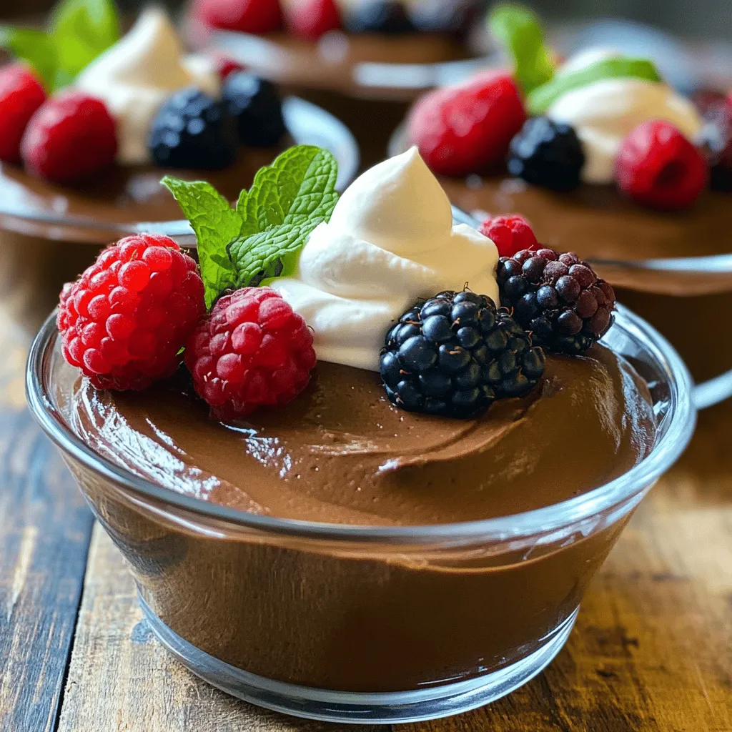 To make this rich and creamy mousse, gather these key ingredients: - 2 ripe avocados - 1/2 cup unsweetened cocoa powder - 1/4 cup maple syrup (or to taste) - 1/4 cup almond milk (or any dairy-free milk) - 1 teaspoon vanilla extract - A pinch of sea salt These ingredients blend together to create a smooth and tasty dessert. The ripe avocados add creaminess and healthy fats, while the cocoa powder gives it a rich chocolate flavor. You can use different sweeteners based on your taste. Here are some options: - Agave syrup - Honey (if not strictly vegan) - Coconut sugar If you want to change things up, try these alternative ingredients: - Use coconut milk for a richer taste. - Add a tablespoon of nut butter for extra flavor. Feel free to experiment with these options to find your perfect balance. Avocados are not just for guacamole. They provide many benefits in desserts: - Healthy Fats: They contain good fats that help you feel full. - Nutrients: Avocados are rich in vitamins and minerals. - Creamy Texture: They create a smooth and rich mousse without dairy. Using avocados makes your dessert both tasty and healthy. You get to enjoy a treat that satisfies your sweet tooth while nourishing your body. To start, choose two ripe avocados. They should feel soft but not mushy. Cut each avocado in half and remove the pit carefully. Use a spoon to scoop the green flesh into your blender or food processor. This step is crucial, as ripe avocados give the mousse its rich texture. Next, add all your other ingredients to the blender. Pour in 1/2 cup of unsweetened cocoa powder for that deep chocolate flavor. Then, add 1/4 cup of maple syrup for sweetness. You can adjust this later if you want more sweetness. Pour in 1/4 cup of almond milk to help everything blend smoothly. Don't forget to add 1 teaspoon of vanilla extract and a pinch of sea salt. These flavors enhance the taste. Now, it’s time to blend! Start blending on high speed until the mixture is silky smooth. If you notice chunks, stop the blender and scrape down the sides. Blend again until you achieve a creamy texture. Taste the mousse. If it's not sweet enough, add more maple syrup and blend once more. Once it’s perfect, spoon it into serving dishes. Cover and chill in the fridge for at least 1 hour. This waiting time lets the flavors come together beautifully. Enjoy your Dairy-Free Chocolate Avocado Mousse! For the complete recipe, refer to the Full Recipe section. To make the smoothest mousse, start with ripe avocados. Soft, ripe avocados blend easily and give a creamy texture. Cut them in half, remove the pit, and scoop out the flesh. Use a high-speed blender or food processor for the best results. Blend until it is silky and smooth. If the mousse feels thick, add a splash more almond milk. This helps reach your desired creaminess without losing flavor. After making your mousse, chill it for at least one hour. This time lets the flavors blend and the mousse set. Store leftovers in an airtight container in the fridge. It stays fresh for up to three days. Serve in clear glass bowls. This shows off the rich, dark color. You can also add a dollop of coconut whipped cream on top for extra creaminess. Garnishes can make your mousse even more appealing. Fresh berries like strawberries, raspberries, or blueberries add color and flavor. Mint leaves offer a refreshing touch. You can also sprinkle some cocoa nibs or finely chopped nuts for texture. Pair your mousse with a cup of herbal tea or a glass of almond milk. This makes for a delightful dessert experience. For the full recipe, check out the Dairy-Free Chocolate Avocado Mousse recipe. {{image_2}} You can elevate your dairy-free chocolate avocado mousse with fun flavors. Try adding a few extras to create new tastes. Here are some ideas: - Peanut butter: Blend in 2 tablespoons for a nutty twist. - Coconut: Use coconut milk instead of almond milk for a tropical vibe. - Mint: Add a few drops of peppermint extract for a refreshing taste. - Espresso: Mix in 1 tablespoon of instant coffee for a mocha flavor. Experimenting with these additions lets you make the mousse your own. Each flavor brings a unique touch to the rich, creamy base. This mousse is already gluten-free, making it a great choice for many diets. If you need nut-free options, choose alternatives like oat milk or coconut milk instead of almond milk. These options still provide creaminess without nuts. Also, if you want to avoid cocoa powder, use carob powder. It has a mild sweetness and works well in desserts. You can still enjoy a tasty mousse without the worry of gluten or nuts. This recipe is naturally vegan! It uses avocados and plant-based milk, so you can enjoy it without dairy. If you want to enhance the flavor, consider these tips: - Use agave syrup instead of maple syrup for a lighter taste. - Blend in tofu for added creaminess and protein. Just make sure it's silken tofu. - Try a splash of coconut cream for richness and a hint of coconut flavor. You can create a delightful vegan dessert that everyone will love. This mousse proves you can enjoy rich flavors without dairy. For the complete recipe, check out the Full Recipe section. To keep your mousse fresh, store it in an airtight container. This prevents it from absorbing other smells in the fridge. Place a piece of plastic wrap directly on the mousse's surface. This helps avoid browning from air exposure. Always chill the mousse within two hours after making it. This keeps it safe and tasty. You can freeze the mousse if you have leftovers. Use a freezer-safe container and leave some space at the top. The mousse may expand when frozen. It’s best to eat it within two months for the best taste and texture. When ready to eat, thaw it in the fridge overnight. Stir it well before serving. The mousse can last for about three days in the fridge. After that, it might lose its creaminess. Always check for any off smell or changes in texture before eating. Keeping track of dates is key to enjoying your dessert at its best. For the full recipe, check out the earlier section. Yes, you can make this mousse a day in advance. It tastes even better after sitting in the fridge. Just prepare it, cover it well, and chill. This allows the flavors to blend. When you are ready to serve, give it a quick stir. If you want to try something different, you can use agave syrup or honey. Both will add sweetness. You can also use dates blended into a paste as a natural sweetener. Adjust the amount to your taste. Remember, the goal is to achieve a nice balance of sweet and rich flavors. Yes, you can! If you don’t have a blender, you can use a fork or potato masher. Start by mashing the avocados until smooth. Then mix in the cocoa powder, sweetener, and milk. It might take a bit more time, but it will still taste great. Just ensure there are no lumps left in the mix. For more details, you can refer to the Full Recipe. This blog post covered how to make a creamy, dairy-free chocolate avocado mousse. We looked at key ingredients and benefits while including sweeteners and alternatives. I shared step-by-step instructions to achieve the perfect blend. You learned tips for the creamiest mousse and creative serving ideas. We explored fun variations and helpful storage practices. In closing, this dessert offers a tasty and healthy treat. Enjoy making it your own!