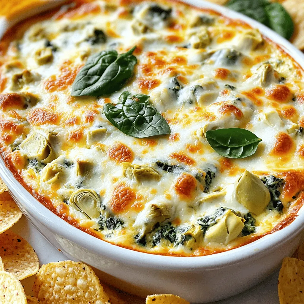 To make a tasty spinach artichoke dip, you need the following items: - 1 cup fresh spinach, chopped - 1 cup canned artichoke hearts, drained and chopped - 1 cup cream cheese, softened - 1/2 cup Greek yogurt - 1/2 cup shredded mozzarella cheese - 1/2 cup grated Parmesan cheese - 2 cloves garlic, minced - 1 teaspoon lemon juice - Salt and pepper to taste These ingredients blend well to create a creamy and rich dip. You can add a few extras to make your dip unique. Here are some fun options: - Crushed red pepper flakes for heat - Chopped green onions for a fresh taste - Extra cheese for a cheesier texture - Fresh herbs like parsley or basil for flavor Feel free to mix and match these ingredients according to your taste. If you have dietary needs, don't worry! Here are some substitutions: - Use low-fat cream cheese to cut calories. - Swap Greek yogurt for sour cream if desired. - Try nutritional yeast instead of cheese for a vegan option. - Use fresh artichokes if you prefer them over canned. These swaps help you enjoy this dip while meeting your needs. For the full recipe, refer to the main section. To start, gather your ingredients. You will need: - 1 cup fresh spinach, chopped - 1 cup canned artichoke hearts, drained and chopped - 1 cup cream cheese, softened - 1/2 cup Greek yogurt - 1/2 cup shredded mozzarella cheese - 1/2 cup grated Parmesan cheese - 2 cloves garlic, minced - 1 teaspoon lemon juice - Salt and pepper to taste - Optional: crushed red pepper flakes for spice First, preheat your oven to 350°F (175°C). This helps the dip bake evenly. Next, in a mixing bowl, blend the softened cream cheese and Greek yogurt together. Stir until the mixture is smooth and creamy. Now, add in the chopped spinach, artichoke hearts, minced garlic, mozzarella cheese, and Parmesan cheese. Mix well so all the flavors come together. Then, add the lemon juice and season with salt and pepper. If you like some heat, toss in crushed red pepper flakes. Once everything is combined, transfer the mixture into a baking dish. Use a spatula to smooth the top evenly. Place the baking dish in your preheated oven. Bake for 25 to 30 minutes. You’ll know it’s ready when the dip is hot, bubbly, and the top is slightly golden. This gives it a nice texture and flavor. To get the best texture, make sure your cream cheese is very soft before mixing. This helps avoid lumps. Stir the ingredients thoroughly to ensure even cooking. If you want it creamier, add more Greek yogurt. For a golden top, broil for a minute at the end, but watch closely to avoid burning. This step gives your dip a lovely color and crispy finish. You can easily prepare this dip in advance. Mix all the ingredients as directed. Then, place the dip in a baking dish and cover it. Store it in the fridge for up to 24 hours. When ready, bake it straight from the fridge. Just add a few extra minutes to the cooking time. This makes it perfect for parties or gatherings. I love serving this dip warm. It pairs nicely with tortilla chips or pita bread. Fresh veggie sticks like carrots and celery also work well. For a fun twist, try serving it with crispy nachos or toasted baguette slices. You can even use it as a spread on sandwiches! To boost the flavor, add spices and herbs. A pinch of crushed red pepper flakes adds a nice kick. You can also mix in fresh herbs like basil or parsley. For a zesty touch, consider a squeeze of lemon juice. This adds brightness and freshness to every bite. {{image_2}} You can change the cheese in your Spinach Artichoke Dip to suit your taste. Cream cheese gives it a smooth base, but you can try other cheeses too. For a sharp flavor, use cheddar or gouda. If you want a creamier dip, add ricotta. Mixing different cheeses adds depth and richness to the dip. If you want to make your dip more filling, try adding protein. Cooked chicken or shrimp can give your dip a great boost. Shred cooked chicken and mix it right in. For shrimp, chop it into small pieces before adding. This adds a tasty twist and makes it a heartier snack. You can make a lighter version of this dip without losing flavor. Use low-fat cream cheese and yogurt to cut calories. Swap out the mozzarella for a reduced-fat option. You can also add more veggies like bell peppers or zucchini. These changes keep the dip tasty but lower in fat and calories. For more ideas, check out the Full Recipe for easy swaps and tips. To keep your spinach artichoke dip fresh, store it in an airtight container. Let it cool down to room temperature before sealing. This step helps prevent moisture buildup. Place the container in the fridge. It will stay tasty for about three days. If you want to keep it longer, consider freezing it. Just make sure to use a freezer-safe container. When you're ready to enjoy your leftovers, take the dip out of the fridge. Put it in an oven-safe dish and cover it with foil. Preheat your oven to 350°F (175°C). Heat the dip for about 20 minutes, or until it is hot and bubbly. You can also reheat it in the microwave. Heat in short bursts, stirring in between to avoid hot spots. Homemade spinach artichoke dip lasts up to three days in the fridge. If you freeze it, it can be good for about two months. After that, the quality may drop. Always check for any signs of spoilage before eating. If it smells off or changes color, it’s best to toss it. Enjoy your creamy spinach artichoke delight fresh and safe! Yes, you can make this dip ahead of time. Just prepare it as the recipe shows. Once you mix all the ingredients, cover the dish with plastic wrap. You can store it in the fridge for up to two days. When you are ready to bake it, remove the wrap and pop it in the oven. This makes it easy for parties or family dinners. Spinach artichoke dip is great with many tasty sides. I love serving it with: - Tortilla chips - Pita bread - Fresh vegetable sticks (like carrots or celery) - Crackers - Toasted baguette slices These options add a nice crunch and complement the creamy dip well. You can also get creative and serve it with some sliced apples for a sweet twist. You can freeze the dip, but the texture may change when you thaw it. To freeze, prepare the dip as per the Full Recipe. After mixing, place it in a freezer-safe container. Make sure to cover it tightly. You can freeze it for up to three months. When you want to use it, let it thaw in the fridge overnight. Then, bake it as usual until hot and bubbly. Easy spinach artichoke dip is simple to make and customize. You learned the key ingredients needed to create this tasty dish, plus options to suit your taste. The step-by-step guide helped you through preparation, baking, and achieving the right texture. I shared tips for serving and storing leftovers, ensuring you can enjoy this dip again. Remember, you can modify flavors and even add proteins for more variety. Whether you're making it for a party or a night in, this dip is always a hit. At the end of the day, have fun and enjoy your creation!