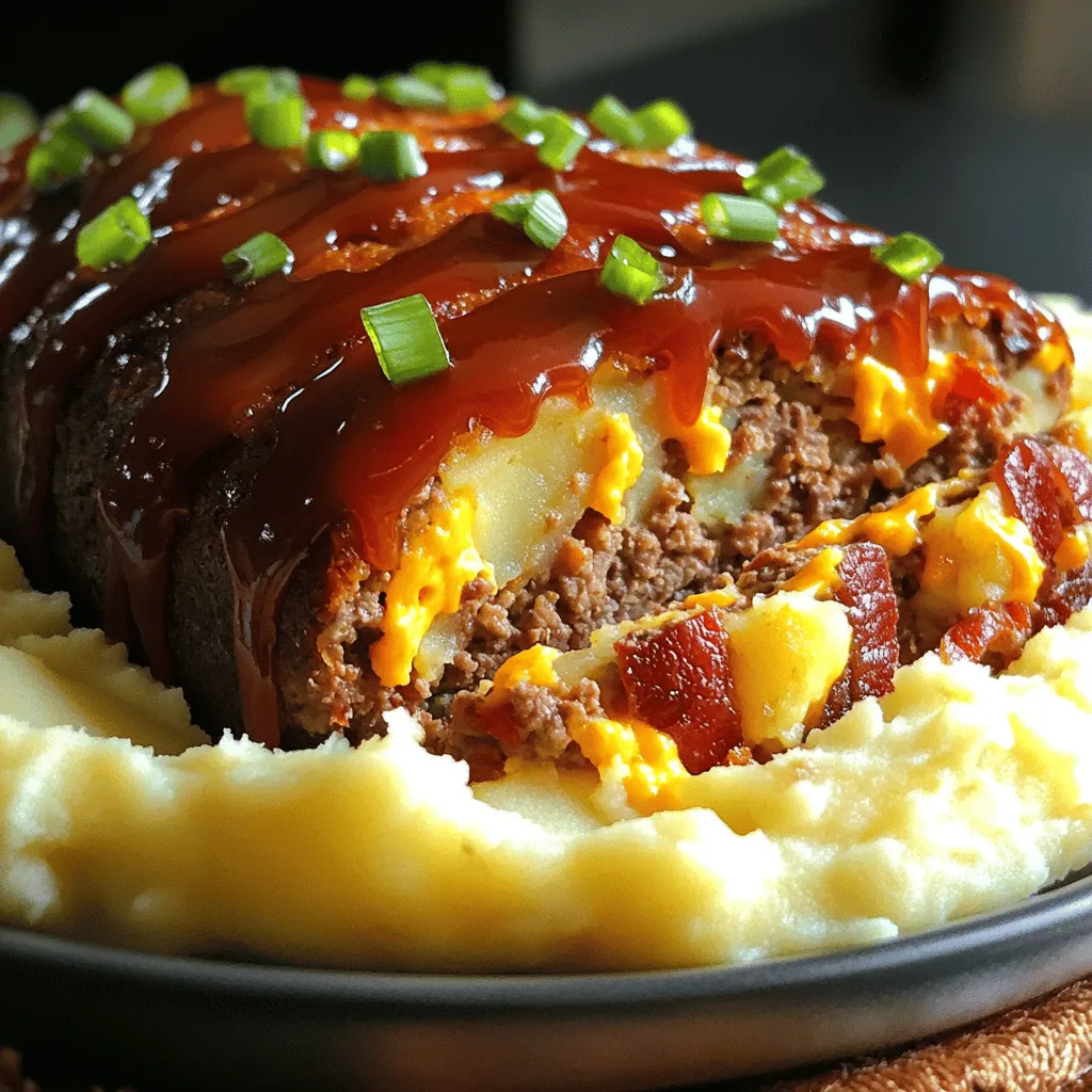 Loaded Potato Meatloaf combines savory meat with creamy potatoes. This dish is hearty and filling. Each bite bursts with flavor and comfort. You can make this dish easily with just a few ingredients. It’s perfect for family dinners or a cozy night at home. Here’s what you need for this tasty recipe: - 1 lb ground beef - 1 cup mashed potatoes (prepared) - 1/2 cup shredded cheddar cheese - 1/2 cup cooked bacon, crumbled (optional) - 1/4 cup finely chopped green onions - 1/4 cup milk - 1 egg - 1 tablespoon Worcestershire sauce - 1 teaspoon garlic powder - 1 teaspoon onion powder - 1/2 teaspoon salt - 1/2 teaspoon black pepper - 1/2 cup ketchup (for glaze) If you want to change up the recipe, here are some ideas: - Ground Beef: Use ground turkey or chicken for a lighter option. - Mashed Potatoes: Try using sweet potatoes for a different taste. - Cheese: Swap cheddar for mozzarella or pepper jack for a kick. - Bacon: Leave it out for a vegetarian option or use turkey bacon. - Green Onions: Chives or finely diced shallots work well too. - Milk: Almond milk or oat milk can replace regular milk. These swaps keep the dish delicious while fitting your taste or diet. Enjoy making your Loaded Potato Meatloaf! For the complete recipe, check out the Full Recipe section. First, preheat your oven to 350°F (175°C). This step is key. It helps cook the meatloaf evenly. Next, gather all your ingredients. You will need ground beef, mashed potatoes, cheddar cheese, and more. Having everything ready makes cooking smooth and fun. In a large bowl, add the ground beef. Then, mix in the mashed potatoes, shredded cheese, and crumbled bacon if you like. Add the chopped green onions, milk, and egg next. Don't forget the Worcestershire sauce, garlic powder, onion powder, salt, and pepper. Stir until just combined. Be careful not to overmix. This keeps your meatloaf tender and juicy. Now it’s time to shape your mixture. Transfer it to a loaf pan. Form it into a loaf shape. This helps it cook evenly. Spread ketchup over the top for a sweet glaze. Place the pan in your preheated oven. Bake for about 50-60 minutes. Check that the internal temperature reaches 160°F (70°C). Once it’s done, take it out and let it rest for 10 minutes. This makes slicing easier and keeps the juices inside. Enjoy your Loaded Potato Meatloaf! For detailed steps, see the Full Recipe. To keep your loaded potato meatloaf tender, do not overmix the meat. Mix just until combined. Overmixing can make the texture tough. Use fresh ingredients for the best flavor. I find that adding mashed potatoes helps keep it moist. If you want extra softness, add a bit more milk. This small change can make a big difference. The glaze is the star of this dish. Use ketchup for a sweet finish, but you can mix flavors. Try adding a splash of barbecue sauce for a smoky twist. Spread the glaze evenly over the top. This helps create a nice crust as it bakes. Brush on more glaze halfway through cooking for extra flavor. Presentation matters! Serve the meatloaf on a bed of creamy mashed potatoes. Drizzle with extra ketchup or barbecue sauce for added flavor. Garnish with chopped green onions for a fresh look. A side of steamed broccoli or a crisp salad pairs nicely. You can even serve it with crusty bread to soak up the juices. For the full recipe, check out the Loaded Potato Meatloaf section. Enjoy your cooking journey! {{image_2}} You can make your loaded potato meatloaf even better by adding different cheeses. Try swapping cheddar for mozzarella for a gooey texture. You can also mix in some pepper jack for a spicy kick. Cream cheese adds a rich, creamy element that melts beautifully. Each cheese brings a unique flavor and texture, making your meatloaf special. If you want a meat-free version, you can use lentils or black beans. Mash them up to replace the ground beef. Use the same amount of mashed potatoes as in the original recipe. Add in some chopped vegetables like bell peppers or mushrooms for extra flavor. This way, you keep the heartiness while making it vegetarian-friendly. Spices can transform your loaded potato meatloaf into a flavor bomb. Try adding a teaspoon of smoked paprika for a deep, smoky taste. A pinch of cumin gives a warm, earthy flavor. If you love heat, crushed red pepper flakes work well. Experiment with your favorite spices to create a meatloaf that suits your taste. For more details, refer to the Full Recipe. Once your loaded potato meatloaf cools, wrap it well in plastic wrap. This keeps it fresh. You can also put it in an airtight container. Store it in the fridge for up to four days. If you want to keep it longer, consider freezing it. To freeze loaded potato meatloaf, let it cool completely. Wrap it tightly in plastic wrap, then in aluminum foil. This helps prevent freezer burn. You can also use freezer bags. Write the date on the bag. It will stay good for about three months. When you're ready to eat it, thaw it in the fridge overnight. To reheat, preheat your oven to 350°F (175°C). Place the meatloaf in an oven-safe dish. Cover it with foil to keep it moist. Heat for about 20-25 minutes or until it's warm all the way through. You can also microwave slices for 1-2 minutes, but the oven makes it taste better. Enjoy your loaded potato meatloaf again! Don't forget to check the [Full Recipe] for more details. Yes, you can use turkey in place of beef. Turkey makes the meatloaf lighter. Choose ground turkey for the best results. The flavor will change a bit but will still be tasty. You may want to add extra seasoning to enhance the taste. Just keep an eye on the cooking time as turkey can cook faster. The best way to check if the meatloaf is done is to use a meat thermometer. Insert it into the center of the meatloaf. The internal temperature should reach 160°F (70°C). If you don't have a thermometer, you can cut into the meatloaf. The juices should run clear, and the center should not be pink. Loaded Potato Meatloaf goes well with many sides. Here are some great options: - Steamed broccoli - Mixed salad - Garlic bread - Mashed potatoes - Roasted vegetables These sides balance the hearty meatloaf and add color to your plate. For a special touch, drizzle extra ketchup or barbecue sauce over the meatloaf before serving. You can find the Full Recipe easily for more details. This post covered tasty and easy steps to make Loaded Potato Meatloaf. We discussed ingredients, tips for tender meatloaf, and fun variations. Keeping your meatloaf moist and flavorful is key. Don’t be afraid to experiment with different cheeses or spices. Proper storage can help you enjoy leftovers too. By following these steps, you can make a dish everyone will love. Get cooking, and enjoy every bite!