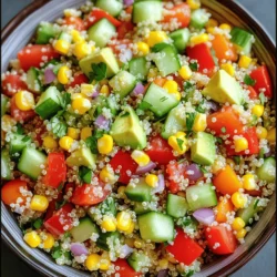 To make a tasty vegetable quinoa salad, gather these main ingredients: - 1 cup quinoa, rinsed - 2 cups vegetable broth or water - 1 red bell pepper, diced - 1 cucumber, diced - 1 cup cherry tomatoes, halved - 1 cup corn kernels (fresh or frozen) - 1 avocado, diced - ½ cup red onion, finely chopped - ½ cup fresh parsley, chopped These ingredients create a colorful mix. The quinoa adds protein, while the veggies bring crunch and flavor. For the dressing, you will need: - ¼ cup olive oil - 3 tablespoons lemon juice - 1 teaspoon garlic powder - Salt and pepper to taste This dressing ties the salad together. The lemon juice adds brightness, while garlic powder gives depth. You can customize your salad with these add-ins: - Feta cheese - Black beans - Chopped nuts (like almonds or walnuts) - Fresh herbs (like basil or cilantro) These add-ins can enhance taste and texture. Don't be afraid to mix and match based on your taste. For the full recipe, check out the Vibrant Rainbow Vegetable Quinoa Salad. First, rinse the quinoa. This step removes the bitter coating called saponin. Next, in a medium saucepan, bring two cups of vegetable broth or water to a boil. Once boiling, add the rinsed quinoa, reduce the heat to low, and cover it. Let it simmer for about 15 minutes. You want the quinoa fluffy and all the liquid absorbed. After cooking, remove it from heat and fluff with a fork. Allow the quinoa to cool to room temperature. Now, chop your vegetables. Dice one red bell pepper and one cucumber. Halve one cup of cherry tomatoes. If using fresh corn, cut kernels from the cob. If using frozen corn, just measure out one cup. Dice one avocado and finely chop half a cup of red onion. Lastly, chop half a cup of fresh parsley. This colorful mix adds flavor and crunch to your salad. In a large mixing bowl, combine all the chopped vegetables. Then, in a small bowl, whisk together olive oil, lemon juice, garlic powder, salt, and pepper. Pour this dressing over your vegetable mix. Add the cooled quinoa to the bowl. Toss everything gently until well mixed. Taste your salad and adjust the seasoning if needed. For the best flavor, refrigerate the salad for at least 30 minutes. Serve it in a large bowl or on a platter. You can garnish with extra parsley or lemon wedges for a pop of color. For a fun twist, layer it in mason jars for easy serving. Enjoy your vibrant rainbow vegetable quinoa salad! This full recipe can guide you through making this fresh and flavorful delight. To cook quinoa just right, start by rinsing it well. This removes any bitter taste. Use a ratio of 1 cup quinoa to 2 cups liquid. You can use water or vegetable broth for extra flavor. Bring the liquid to a boil. Once boiling, add the rinsed quinoa. Lower the heat, cover, and simmer for about 15 minutes. The quinoa is done when it is fluffy and has absorbed all the liquid. Use a fork to fluff it up and let it cool before mixing it with vegetables. To boost the taste, add herbs and spices. Fresh herbs like parsley or cilantro work well. Garlic powder adds a nice kick. You can also mix in lemon juice for brightness. If you like heat, a pinch of red pepper flakes gives a fun twist. Always taste your salad before serving. Adjust the seasoning to your liking with salt and pepper. A drizzle of olive oil adds richness and helps the flavors blend. Meal prepping makes life easier. First, cook a large batch of quinoa. Store it in an airtight container in the fridge. You can prepare the vegetables ahead of time, too. Cut them and keep them in separate containers. This keeps them fresh and crisp. When you are ready to eat, mix the quinoa and veggies. Pour on the dressing and enjoy! This salad stays fresh in the fridge for about 3 days. It makes a great lunch or side dish. For a quick grab-and-go option, layer the salad in mason jars. Just shake and eat! Feel free to check the Full Recipe for more details! {{image_2}} You can change the vegetables in this salad to fit your taste. Try adding spinach for a green boost. Broccoli and zucchini also work well. For a little heat, add some diced jalapeños. You can use any mix of veggies you have on hand. This keeps the salad fresh and exciting. Adding protein can make your salad even heartier. Beans are a great choice. Black beans, chickpeas, or kidney beans add fiber and taste. If you want meat, grilled chicken is a good option. Cooked shrimp or tofu are great for a twist. These protein additions help make this salad a complete meal. Make seasonal salads by using fresh ingredients from the market. In the summer, add fresh basil and peaches. In fall, try roasted butternut squash with cranberries. For holiday gatherings, mix in festive colors like red and green peppers. These themed salads can match any occasion or season. To store leftover salad, place it in a container. Make sure it is airtight. This keeps it fresh and prevents spills. You can enjoy it cold or at room temperature. If you need to, add more dressing before serving. You can freeze quinoa and vegetables for later use. First, let them cool completely. Then, place them in freezer bags. Remove as much air as you can before sealing. This helps stop freezer burn. Use them within three months for best taste. For storage, glass containers work well. They keep food fresh and are easy to clean. You can also use BPA-free plastic containers. Choose ones that are airtight. This keeps moisture out and flavors in. Yes, you can make Vegetable Quinoa Salad ahead of time. This salad tastes even better after sitting for a while. The flavors mix well when it rests. I often prepare it a day before. Just keep it in the fridge and cover it tightly. If you want a substitute for quinoa, try using brown rice or farro. Both options have a nice texture. They also add fiber and nutrients. You can use other grains like bulgur or barley too. Just adjust the cooking time based on the grain you choose. Yes, Vegetable Quinoa Salad is gluten-free. Quinoa itself is a gluten-free grain. This makes it safe for people with gluten allergies. Just be sure to check any added ingredients, like broth or dressings, for gluten. Vegetable Quinoa Salad lasts about 3 to 5 days in the fridge. Keep it in an airtight container for best results. If the salad starts to look or smell off, it's best to throw it away. Always trust your senses! Quinoa packs many health benefits. It is a complete protein, meaning it has all nine essential amino acids. This makes it great for vegans and vegetarians. Quinoa is also high in fiber, which helps digestion. It has vitamins and minerals like magnesium and B vitamins. Eating quinoa can support heart health and keep you full longer. This blog post covered the key aspects of Vegetable Quinoa Salad. We explored the main ingredients, dressings, and optional add-ins to boost flavor. You learned how to cook quinoa and prepare vegetables step-by-step. Helpful tips showed you how to enhance flavors and store leftovers. Variations let you mix it up, adding proteins or seasonal veggies. Remember, making this salad can be quick and easy. Enjoy creating your own delicious versions!