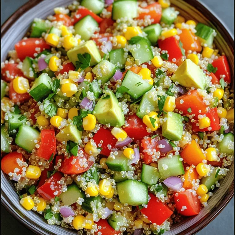 To make a tasty vegetable quinoa salad, gather these main ingredients: - 1 cup quinoa, rinsed - 2 cups vegetable broth or water - 1 red bell pepper, diced - 1 cucumber, diced - 1 cup cherry tomatoes, halved - 1 cup corn kernels (fresh or frozen) - 1 avocado, diced - ½ cup red onion, finely chopped - ½ cup fresh parsley, chopped These ingredients create a colorful mix. The quinoa adds protein, while the veggies bring crunch and flavor. For the dressing, you will need: - ¼ cup olive oil - 3 tablespoons lemon juice - 1 teaspoon garlic powder - Salt and pepper to taste This dressing ties the salad together. The lemon juice adds brightness, while garlic powder gives depth. You can customize your salad with these add-ins: - Feta cheese - Black beans - Chopped nuts (like almonds or walnuts) - Fresh herbs (like basil or cilantro) These add-ins can enhance taste and texture. Don't be afraid to mix and match based on your taste. For the full recipe, check out the Vibrant Rainbow Vegetable Quinoa Salad. First, rinse the quinoa. This step removes the bitter coating called saponin. Next, in a medium saucepan, bring two cups of vegetable broth or water to a boil. Once boiling, add the rinsed quinoa, reduce the heat to low, and cover it. Let it simmer for about 15 minutes. You want the quinoa fluffy and all the liquid absorbed. After cooking, remove it from heat and fluff with a fork. Allow the quinoa to cool to room temperature. Now, chop your vegetables. Dice one red bell pepper and one cucumber. Halve one cup of cherry tomatoes. If using fresh corn, cut kernels from the cob. If using frozen corn, just measure out one cup. Dice one avocado and finely chop half a cup of red onion. Lastly, chop half a cup of fresh parsley. This colorful mix adds flavor and crunch to your salad. In a large mixing bowl, combine all the chopped vegetables. Then, in a small bowl, whisk together olive oil, lemon juice, garlic powder, salt, and pepper. Pour this dressing over your vegetable mix. Add the cooled quinoa to the bowl. Toss everything gently until well mixed. Taste your salad and adjust the seasoning if needed. For the best flavor, refrigerate the salad for at least 30 minutes. Serve it in a large bowl or on a platter. You can garnish with extra parsley or lemon wedges for a pop of color. For a fun twist, layer it in mason jars for easy serving. Enjoy your vibrant rainbow vegetable quinoa salad! This full recipe can guide you through making this fresh and flavorful delight. To cook quinoa just right, start by rinsing it well. This removes any bitter taste. Use a ratio of 1 cup quinoa to 2 cups liquid. You can use water or vegetable broth for extra flavor. Bring the liquid to a boil. Once boiling, add the rinsed quinoa. Lower the heat, cover, and simmer for about 15 minutes. The quinoa is done when it is fluffy and has absorbed all the liquid. Use a fork to fluff it up and let it cool before mixing it with vegetables. To boost the taste, add herbs and spices. Fresh herbs like parsley or cilantro work well. Garlic powder adds a nice kick. You can also mix in lemon juice for brightness. If you like heat, a pinch of red pepper flakes gives a fun twist. Always taste your salad before serving. Adjust the seasoning to your liking with salt and pepper. A drizzle of olive oil adds richness and helps the flavors blend. Meal prepping makes life easier. First, cook a large batch of quinoa. Store it in an airtight container in the fridge. You can prepare the vegetables ahead of time, too. Cut them and keep them in separate containers. This keeps them fresh and crisp. When you are ready to eat, mix the quinoa and veggies. Pour on the dressing and enjoy! This salad stays fresh in the fridge for about 3 days. It makes a great lunch or side dish. For a quick grab-and-go option, layer the salad in mason jars. Just shake and eat! Feel free to check the Full Recipe for more details! {{image_2}} You can change the vegetables in this salad to fit your taste. Try adding spinach for a green boost. Broccoli and zucchini also work well. For a little heat, add some diced jalapeños. You can use any mix of veggies you have on hand. This keeps the salad fresh and exciting. Adding protein can make your salad even heartier. Beans are a great choice. Black beans, chickpeas, or kidney beans add fiber and taste. If you want meat, grilled chicken is a good option. Cooked shrimp or tofu are great for a twist. These protein additions help make this salad a complete meal. Make seasonal salads by using fresh ingredients from the market. In the summer, add fresh basil and peaches. In fall, try roasted butternut squash with cranberries. For holiday gatherings, mix in festive colors like red and green peppers. These themed salads can match any occasion or season. To store leftover salad, place it in a container. Make sure it is airtight. This keeps it fresh and prevents spills. You can enjoy it cold or at room temperature. If you need to, add more dressing before serving. You can freeze quinoa and vegetables for later use. First, let them cool completely. Then, place them in freezer bags. Remove as much air as you can before sealing. This helps stop freezer burn. Use them within three months for best taste. For storage, glass containers work well. They keep food fresh and are easy to clean. You can also use BPA-free plastic containers. Choose ones that are airtight. This keeps moisture out and flavors in. Yes, you can make Vegetable Quinoa Salad ahead of time. This salad tastes even better after sitting for a while. The flavors mix well when it rests. I often prepare it a day before. Just keep it in the fridge and cover it tightly. If you want a substitute for quinoa, try using brown rice or farro. Both options have a nice texture. They also add fiber and nutrients. You can use other grains like bulgur or barley too. Just adjust the cooking time based on the grain you choose. Yes, Vegetable Quinoa Salad is gluten-free. Quinoa itself is a gluten-free grain. This makes it safe for people with gluten allergies. Just be sure to check any added ingredients, like broth or dressings, for gluten. Vegetable Quinoa Salad lasts about 3 to 5 days in the fridge. Keep it in an airtight container for best results. If the salad starts to look or smell off, it's best to throw it away. Always trust your senses! Quinoa packs many health benefits. It is a complete protein, meaning it has all nine essential amino acids. This makes it great for vegans and vegetarians. Quinoa is also high in fiber, which helps digestion. It has vitamins and minerals like magnesium and B vitamins. Eating quinoa can support heart health and keep you full longer. This blog post covered the key aspects of Vegetable Quinoa Salad. We explored the main ingredients, dressings, and optional add-ins to boost flavor. You learned how to cook quinoa and prepare vegetables step-by-step. Helpful tips showed you how to enhance flavors and store leftovers. Variations let you mix it up, adding proteins or seasonal veggies. Remember, making this salad can be quick and easy. Enjoy creating your own delicious versions!