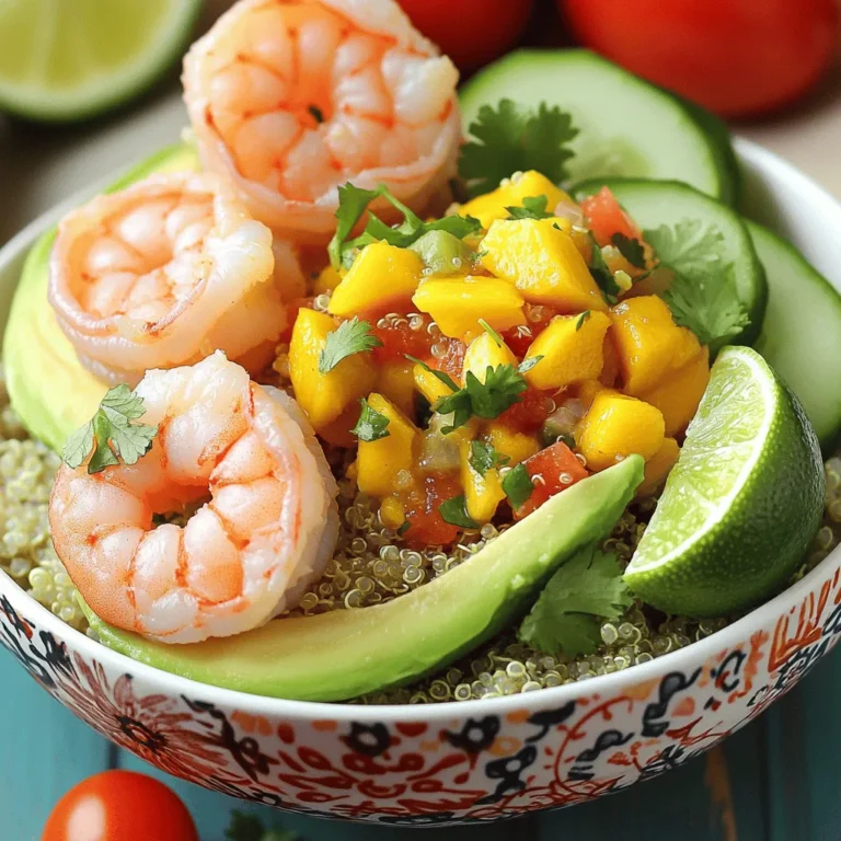 - 1 lb shrimp, peeled and deveined - 2 ripe avocados, halved and pitted - 1 cup cooked quinoa - 1 cup cherry tomatoes, halved - 1 medium cucumber, diced - 1 small red onion, finely chopped - 2 tablespoons olive oil - 1 tablespoon lime juice - Salt and pepper to taste - 1 ripe mango, diced - 1 jalapeño, minced (optional for spice) - 1/4 cup red onion, diced - 1/4 cup fresh cilantro, chopped - 1 tablespoon lime juice - Salt to taste To create mouthwatering shrimp avocado bowls, you need fresh, high-quality ingredients. The shrimp forms the heart of the dish. Look for shrimp that is fresh, firm, and has a light ocean scent. The avocados should be ripe and creamy, adding richness to the bowls. Quinoa serves as a healthy base, while cherry tomatoes and cucumber add bright flavors and crunch. For the mango salsa, choose a ripe mango. It should feel slightly soft to the touch. The salsa brightens the dish with sweetness and a hint of spice from the jalapeño. Fresh cilantro adds an herbal note that ties everything together. Using these ingredients ensures a vibrant and tasty meal. You can find the full recipe [here](#). Enjoy crafting these bowls with ease and confidence! - In a medium bowl, combine diced mango, minced jalapeño, red onion, and cilantro. - Drizzle the mixture with lime juice and season with salt to taste. - Stir gently to combine and set aside to let the flavors meld. - Heat olive oil in a large skillet over medium-high heat. - Season the shrimp with salt and pepper while the oil heats. - Cook the shrimp for about 2-3 minutes on each side until they turn pink and opaque. - Start by placing a generous scoop of cooked quinoa at the bottom of each serving bowl. - Add halved avocados to each bowl, spooning out and slicing the flesh if you like. - Top the quinoa and avocado with the cooked shrimp, halved cherry tomatoes, and diced cucumber. - Finally, spoon a generous amount of mango salsa over the shrimp and veggies. - Sprinkle fresh cilantro on top for garnish. For the full recipe, check out the earlier section! - Ensure shrimp are cooked just until pink for tenderness. - Use fresh ingredients for the best flavor. Cooking shrimp can be tricky. You want them tender, not rubbery. When they turn pink, they are ready. Cook them for only 2-3 minutes on each side. If you overcook, they will be tough. Fresh ingredients make a big difference in taste. Use ripe avocados and juicy tomatoes. They will elevate your dish. - Serve with lime wedges on the side. - Consider colorful bowls for a visually appealing presentation. Adding lime wedges gives a zesty kick. The bright green avocado and the colorful mango salsa look great in a vibrant bowl. This makes your meal more fun! Use different colored bowls to impress your guests. They will love the look as much as the taste. {{image_2}} You can switch up the shrimp in this dish. Grilled chicken works great and adds a nice texture. If you prefer a plant-based option, try tofu. It absorbs flavors well and is very filling. For a fun twist, add crispy bacon or smoked salmon. Both will give your bowl a unique and savory kick. The mango salsa is fresh and bright, but feel free to experiment. Pineapple or peach salsa adds a fruity twist that can surprise your taste buds! You can also mix in black beans or corn. These add texture and a burst of flavor to every bite. You’ll have endless options to keep your meals exciting. For the full recipe, check out the complete instructions and details. Store your assembled bowls in an airtight container for up to 1 day. This keeps the flavors fresh. Remember to keep the mango salsa separate. This helps to maintain its bright taste and texture. You can freeze shrimp, but it is not a great idea for avocados and salsa. These ingredients do not freeze well and may lose their taste. If you freeze shrimp, thaw it before reheating. This ensures you enjoy tasty and safe shrimp every time you serve your bowl. Yes, you can prepare the mango salsa and cook the shrimp ahead. Just assemble the bowls right before you serve. To stop avocados from browning, squeeze lime juice over them. The acid in the juice slows down the process. These bowls go well with a light salad. They also work as a standalone meal, so you can enjoy them alone. If you want milder salsa, just leave out the jalapeño. For more heat, add extra jalapeño to taste. The shrimp avocado bowls offer a fresh and colorful meal, easy to prepare. We explored key ingredients like shrimp, avocados, and quinoa, along with the zesty mango salsa. Cooking tips helped ensure tender shrimp, while variations opened the door to creative options. Remember, fresh ingredients make all the difference. Store leftovers properly to enjoy the tasty flavors longer. Dive in and enjoy your healthy, vibrant bowls today!