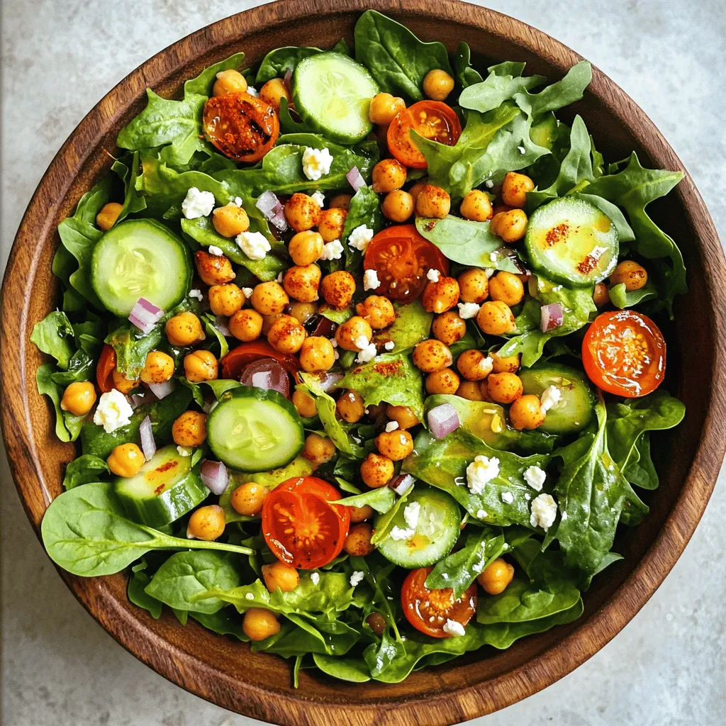 To make a tasty crispy chickpea salad, you need a few key ingredients: - 1 can (15 ounces) chickpeas, drained and rinsed - 2 tablespoons olive oil - 1 teaspoon smoked paprika - 1 teaspoon garlic powder - Salt and pepper to taste - 4 cups mixed greens (spinach, arugula, and romaine) - 1 cup cherry tomatoes, halved - 1 cucumber, diced - 1/4 red onion, thinly sliced - 1/4 cup feta cheese, crumbled (optional) - 2 tablespoons balsamic vinegar - 1 tablespoon lemon juice These ingredients create a balanced and vibrant dish. The chickpeas add protein and fiber. The greens are fresh and crisp. Cherry tomatoes and cucumbers bring a juicy crunch. You can add more ingredients to boost the flavor: - Avocado slices for creaminess - Olives for a salty kick - Fresh herbs like parsley or basil for freshness - Nuts or seeds for a crunchy texture These optional ingredients let you customize your salad to fit your taste. They also add more nutrition and variety. Each main ingredient has its own benefits: - Chickpeas: High in protein and fiber. They help you feel full longer. - Olive oil: Contains healthy fats that support heart health. - Mixed greens: Packed with vitamins A, C, and K. They are low in calories. - Cherry tomatoes: Rich in antioxidants like lycopene. They can help fight disease. - Cucumber: Hydrating and low in calories. Great for skin health. - Feta cheese: Adds calcium and flavor, but use it sparingly for fewer calories. These ingredients not only taste great but also support your health. For the full recipe, check out the detailed instructions to create this delicious salad. To make crispy chickpeas, start by preheating your oven to 400°F (200°C). Next, take a can of chickpeas, drain, and rinse it well. This step removes extra salt and liquid. In a mixing bowl, combine the chickpeas with two tablespoons of olive oil, one teaspoon of smoked paprika, one teaspoon of garlic powder, and salt and pepper to taste. Toss everything together until the chickpeas are coated evenly. Spread the chickpeas on a baking sheet lined with parchment paper. Roast them in the oven for 20-25 minutes. Shake the pan halfway through cooking. This helps them crisp up nicely. While the chickpeas roast, prepare the salad. In a large bowl, mix four cups of mixed greens, one cup of halved cherry tomatoes, one diced cucumber, and one thinly sliced red onion. Once the chickpeas are golden and crispy, let them cool for a bit. Add the chickpeas to your salad mix. This adds a great crunch and protein boost. For the dressing, whisk together two tablespoons of balsamic vinegar and one tablespoon of lemon juice in a small bowl. Drizzle this mixture over your salad. Toss gently to coat the ingredients. If you like, sprinkle crumbled feta cheese on top before serving. This gives the salad an extra layer of flavor. Enjoy this fresh and flavorful meal with the full recipe for more details! To make crispy chickpeas, start with dry ones. Drain and rinse them well. Pat them dry using a clean kitchen towel. This step is key to removing extra moisture. Toss them with olive oil, smoked paprika, garlic powder, salt, and pepper. Spread them out on a baking sheet. Bake at 400°F (200°C) for 20-25 minutes. Shake the pan halfway to ensure even cooking. Once golden brown, let them cool for a few minutes before adding to your salad. Serve your crispy chickpea salad in a large wooden bowl. This adds a rustic touch. You can layer the salad for a beautiful presentation. Start with mixed greens, then add diced cucumber and halved cherry tomatoes. Top with crispy chickpeas for crunch. Finish with crumbled feta cheese, if you like. A lemon wedge on the side brightens the dish and looks inviting. For more flavor, consider using cumin or chili powder. They add a nice kick. You can also try fresh herbs like parsley or cilantro. Adding sliced avocado boosts creaminess and nutrition. If you want more texture, toss in some nuts or seeds. For a tangy twist, drizzle a bit of tahini on top. All these options enhance the taste and make the salad exciting. For the full recipe, check out the earlier section. {{image_2}} You can easily make this salad vegetarian or vegan. For a vegetarian twist, add cheese like feta or goat cheese. If you want it vegan, skip the cheese or use a plant-based option. Nutritional yeast is a tasty choice for a cheesy flavor without dairy. You can also add avocado for creaminess. This makes the salad richer and more filling. Adding grains boosts the salad's heartiness. Try quinoa, farro, or brown rice for extra texture. If you want more protein, include cooked lentils or black beans. These ingredients make the salad a well-rounded meal. You can also toss in some nuts or seeds for crunch. Sunflower seeds or sliced almonds work well. Seasonal ingredients can enhance freshness. In spring, add asparagus or snap peas for a nice crunch. In summer, toss in bell peppers or corn for sweetness. In fall, roasted butternut squash adds warmth. Winter calls for hearty greens like kale or roasted root veggies. Always choose what’s in season for the best flavor and nutrition. For the full recipe, check out the detailed instructions above. To store leftover crispy chickpea salad, place it in an airtight container. Keep it in the fridge. The mixed greens may wilt, so store the chickpeas separately if you can. This helps maintain the crunch. Use the salad within two days for the best taste and texture. Reheating crispy chickpeas is easy. Spread them on a baking sheet. Heat them in a preheated oven at 400°F (200°C) for about 5-10 minutes. This helps them regain their crunch. Avoid using a microwave, as it makes them soft and chewy. - Chickpeas: Canned chickpeas last for years if unopened. Once opened, store them in the fridge for up to 3 days. - Mixed greens: They stay fresh for about 3-5 days in the fridge. - Cherry tomatoes and cucumber: These last about 5-7 days when stored properly. - Feta cheese: If unopened, it can last a few months. Once opened, use it within 5-7 days. - Balsamic vinegar and lemon juice: These last for months in a cool, dark place. Enjoy your crispy chickpea salad with fresh ingredients for the best flavor! For the full recipe, check out the original instructions. To make chickpeas crispy, start by draining and rinsing them. Pat them dry with a kitchen towel. Remove as much moisture as possible. This helps the chickpeas get crispy in the oven. Toss them in olive oil, smoked paprika, garlic powder, salt, and pepper. Spread them on a baking sheet in a single layer. Bake at 400°F for 20-25 minutes. Shake the pan halfway to ensure even cooking. This method gives you the perfect crunch. Yes, you can use canned chickpeas. They are convenient and save time. Just make sure to drain and rinse them well. This removes excess sodium and improves the flavor. Canned chickpeas are already cooked, so they are ready to use. They will still get crispy when roasted. This makes them an ideal choice for your crispy chickpea salad recipe. You can switch up the dressing for your salad. Try tahini dressing for a creamy twist. A simple lemon vinaigrette works well too. Just mix lemon juice, olive oil, and a pinch of salt. You could also use yogurt-based dressing for a creamy option. Consider adding herbs like dill or parsley for extra flavor. Each dressing brings a unique taste to the salad. This salad is naturally gluten-free. All the ingredients are safe for a gluten-free diet. Just ensure the dressing you use is gluten-free as well. Some store-bought dressings may contain gluten. You can make your own dressing to be sure. Use lemon juice, olive oil, and spices to create a tasty blend. This way, you can enjoy your crispy chickpea salad without worry. In this post, we covered how to make a crispy chickpea salad. You learned about the key ingredients, their benefits, and how to prepare them. I shared tips for perfect chickpeas and ways to customize your salad. Remember to store leftovers properly to maintain crispiness. Try different flavors and grains to keep it exciting. This salad is not just tasty; it's also healthy. Enjoy making this dish your own and share it with others!