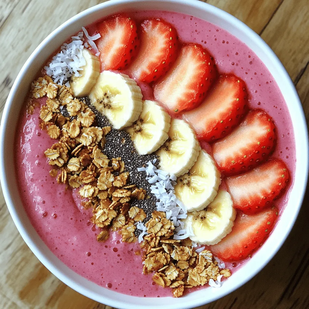 - 1 cup fresh strawberries, hulled and halved - 1 ripe banana, sliced - 1/2 cup Greek yogurt (plain or vanilla) - 1/2 cup almond milk (or any milk of choice) - 1 tablespoon honey or maple syrup - 1/4 teaspoon vanilla extract - Sliced banana - Additional strawberries - Granola - Chia seeds - Shredded coconut The Strawberry Banana Smoothie Bowl is easy to make. You need just a few fresh ingredients. Main Ingredients: First, gather the main ingredients. Fresh strawberries give a sweet burst. Bananas add creaminess and natural sugar. Greek yogurt makes the bowl rich and smooth. Almond milk keeps it light and runny. Optional Additions: You can add honey or maple syrup if you like it sweeter. Vanilla extract adds a nice flavor too. Topping Suggestions: Toppings make your bowl look great! Sliced bananas and extra strawberries add color. Granola gives a nice crunch. Chia seeds offer health benefits. Shredded coconut adds a sweet touch. For the full recipe, you can check out Strawberry Banana Bliss Smoothie Bowl . This recipe will help you create a delicious, energizing meal. - First, gather your fresh strawberries, banana, Greek yogurt, almond milk, honey, and vanilla extract. - Combine all these ingredients in your blender. - Blend on high speed until the mix is smooth and creamy. - If needed, stop to scrape down the sides of the blender to mix well. - Taste your smoothie once it’s blended. - If you want it sweeter, add more honey or maple syrup. - Blend briefly to mix in any added sweetness. - Pour the smoothie into a bowl. Use a spatula to scoop all the goodness out. - Now, it’s time to make it pretty! Arrange your toppings on the smoothie base. - Add sliced bananas, halved strawberries, a sprinkle of granola, chia seeds, and shredded coconut. - Serve right away, and enjoy every delicious spoonful! When making your smoothie bowl, start with fresh strawberries. Fresh strawberries taste sweet and juicy. They also bring bright color. Frozen strawberries work too. They help make your smoothie cold and thick. Just remember to let them thaw a bit before blending. Greek yogurt is a star in this recipe. It adds creaminess and protein. This makes your smoothie bowl filling. You can use plain or vanilla yogurt. Both choices work well and taste great. For a creamy texture, blend your ingredients well. Start on low speed, then crank it up. Stop to scrape down the sides. This helps mix everything. If you see chunks, blend more. You want a smooth and velvety mix. Make your smoothie bowl a feast for the eyes. Arrange your toppings neatly. Use sliced bananas and strawberries for color. A sprinkle of granola adds crunch, while chia seeds boost health. Shredded coconut brings sweetness. Play with colors and textures to make it pop. Everyone loves a beautiful bowl! For the full recipe, check out the Strawberry Banana Bliss Smoothie Bowl! {{image_2}} You can switch up the fruits in your smoothie bowl. Try using blueberries, raspberries, or blackberries. Each fruit brings its own taste and health benefits. You may also use peaches, mangoes, or even spinach for a green twist. Mixing berries can give your bowl a fun color and flavor. If you want a dairy-free option, use coconut yogurt instead of Greek yogurt. You can also swap almond milk for oat milk, soy milk, or coconut milk. These choices keep your smoothie creamy without dairy. They also add unique flavors to your bowl. To make your smoothie more filling, add a scoop of protein powder. Plant-based protein is a great choice for a healthy boost. You can also stir in nut butter like almond or peanut butter. This adds creaminess and a rich taste. Both options help you stay energized longer. To keep your strawberry banana smoothie bowl fresh, store any leftovers in an airtight container. This helps prevent oxidation and keeps it tasting great. You can keep it in the fridge for up to 24 hours. For toppings, store them separately in small containers. This way, they stay crisp and fresh. If you have leftover smoothie, you can re-blend it. Pour the smoothie into the blender and blend on high for a few seconds. You may need to add a splash of almond milk to help it blend smoothly again. This makes it creamy and delicious, just like when you first made it. Strawberries are best used within three days of purchase. They can lose their flavor and texture if kept too long. For bananas, they stay fresh for about five to seven days. If you see brown spots, they are still good for smoothies. Just blend them up! To make this smoothie bowl vegan, swap the Greek yogurt for a plant-based yogurt. Use almond, coconut, or soy yogurt for a creamy texture. Instead of honey, you can add maple syrup or agave nectar for sweetness. These changes keep the flavor rich and delicious while making it suitable for a vegan diet. Yes, you can prep this smoothie bowl ahead of time. Make the smoothie base and store it in an airtight container. When you're ready to eat, just pour it into a bowl and add your toppings. You can also prepare toppings in advance. Cut fruits and store them in the fridge. This way, you save time and enjoy a quick, healthy meal. Strawberries and bananas are both full of nutrients. Strawberries are low in calories and high in vitamin C and fiber. They help with heart health and digestion. Bananas are rich in potassium and vitamin B6. They give you energy and help with muscle function. Together, they make a great snack or meal. For complete instructions, check out the Full Recipe. This blog post shared a simple, tasty smoothie bowl recipe. You learned about the main ingredients, optional additions, and toppings. I gave step-by-step instructions to help make blending easy. You also found tips on choosing fresh ingredients and how to present your bowl nicely. Finally, we covered storage tips and answered common questions. Enjoy your smoothie bowl creations! Use this guide to explore new flavors and healthy options. You’re now ready for tasty, healthy meals any time.