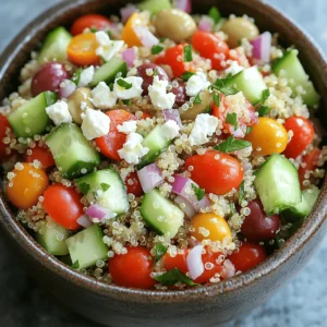 - 1 cup quinoa, rinsed - 2 cups vegetable broth - 1 cup cherry tomatoes, halved - 1 cucumber, diced - 1 bell pepper (red or yellow), diced - 1/2 red onion, finely chopped - 1/2 cup kalamata olives, pitted and sliced - 1 cup crumbled feta cheese - 1/4 cup fresh parsley, chopped Quinoa is the star of this dish. It is light, fluffy, and full of protein. Cooking it in vegetable broth adds rich flavor. Fresh vegetables like cherry tomatoes and cucumbers give crunch and color. The bell pepper adds sweetness while the red onion gives a bit of bite. Kalamata olives add a briny touch that brings it all together. Finally, feta cheese gives a creamy texture and tangy flavor. - 3 tablespoons olive oil - 2 tablespoons lemon juice - Salt and pepper to taste Using olive oil and lemon juice creates a simple and bright dressing. Salt and pepper help to enhance all the flavors. These staples are key to making the salad taste fresh and vibrant. - Alternative cheese options: goat cheese or mozzarella - Extra vegetables: zucchini, spinach, or carrots - Nuts and seeds: almonds, sunflower seeds, or pumpkin seeds Feel free to get creative! If you want a different cheese, try goat cheese or mozzarella. You can add more veggies for extra crunch. Nuts and seeds add healthy fats and a nice crunch. Mixing in your favorite ingredients makes this salad unique to you. For the full recipe, check [Full Recipe]. - Rinsing and Boiling First, rinse 1 cup of quinoa under cold water. This step removes any bitterness. Next, in a medium saucepan, mix the rinsed quinoa with 2 cups of vegetable broth. Bring this mixture to a boil over medium heat. - Cooking Time and Fluffing Once it boils, reduce the heat to low. Cover the pot and let it cook for about 15 minutes. You’ll know it’s done when the liquid is absorbed. Remove it from heat and let it sit for 5 minutes. Then, fluff the quinoa gently with a fork. - Chopping Techniques While the quinoa cooks, grab your knife and cutting board. Dice 1 cucumber and chop 1/2 red onion finely. Halve 1 cup of cherry tomatoes and dice 1 bell pepper. You can use red or yellow. These fresh veggies add color and crunch. - Mixing Options Place all the chopped veggies into a large mixing bowl. You can also add 1/2 cup of kalamata olives that are pitted and sliced. Toss them gently to mix the flavors. - Dressing the Salad When the quinoa cools slightly, add it to the bowl with the vegetables. Drizzle 3 tablespoons of olive oil and 2 tablespoons of lemon juice over the mix. Toss gently to coat everything evenly. - Incorporating Feta Cheese Now, it’s time for the creamy feta. Add 1 cup of crumbled feta cheese and 1/4 cup of chopped parsley to the bowl. Carefully fold the mixture, trying not to break the feta too much. Follow the Full Recipe for complete details on this vibrant dish. Cooking Tips To make the best quinoa, rinse it first. Rinsing removes the bitter coating called saponin. Use a medium saucepan for cooking. Combine 1 cup of rinsed quinoa with 2 cups of vegetable broth. Bring it to a boil, then lower the heat. Cover it and let it simmer for about 15 minutes. Once done, let it sit for 5 minutes before fluffing with a fork. This step makes the quinoa light and fluffy. Flavor Enhancements For extra flavor, try using broth instead of water. You can also add spices like garlic powder or cumin while cooking. If you want a hint of zest, add a little lemon zest to the cooking broth. This small change can elevate your quinoa's taste. Presentation Ideas When serving your salad, use a large, shallow bowl. This allows the colors to shine. Arrange the quinoa on a bed of fresh greens for a pop of color. Sprinkle extra feta and parsley on top for a beautiful finish. You can also add some sliced olives or cherry tomatoes on the side to make it look even more inviting. Accompaniments This salad pairs well with grilled chicken or fish. For a full meal, serve it alongside roasted vegetables. You can also enjoy it with warm pita bread or a side of hummus. These options will give you a well-rounded meal. Meal Prep Tips This salad is perfect for meal prep. You can make it a day in advance. Just store it in an airtight container in the fridge. The flavors will meld together beautifully overnight. Flavor Development Chilling the salad enhances its taste. As it sits, the quinoa absorbs more flavors from the veggies and dressing. You can also add a splash of lemon juice right before serving to refresh the taste. This way, you always have a burst of flavor with each bite. For the full recipe, check out the recipe section. {{image_2}} You can add protein to your salad for extra flavor and nutrition. - Grilled Chicken: Grilled chicken breast adds a savory touch. Simply slice it thin and mix it in. This makes the salad heartier. - Chickpeas: For a plant-based option, add chickpeas. They bring creaminess and a nutty taste. One cup of canned chickpeas works well. Drain and rinse them before adding to the salad. Changing up the dressings or spices can create new tastes. - Different Dressings: You can try balsamic vinaigrette or a tahini dressing. Each dressing gives a unique twist to the dish. Just pour it over and mix well. - Spice Mixes: Add spices like cumin or smoked paprika for warmth. A pinch or two can really elevate the flavor. Experiment to find your favorite mix. Using seasonal ingredients makes your salad fresh and vibrant. - Summer Variations: In summer, add zucchini or corn. Grilled zucchini brings a nice smoky flavor. Sweet corn adds a juicy crunch. - Winter Additions: In winter, try roasted root vegetables. Carrots and sweet potatoes work great. They add sweetness and warmth to the salad. Feel free to explore these variations to make the Savory Quinoa Salad with Feta your own. For the full recipe, check out the instructions above! For best storage, place your Savory Quinoa Salad with Feta in an airtight container. This keeps it fresh and tasty. Make sure it cools to room temperature before sealing it. In the fridge, it stays good for about 3 to 5 days. Check for any off smells or changes in color before eating. You can freeze this salad, but it may change texture. To freeze, portion the salad into freezer-safe bags. Squeeze out air before sealing. It can last for up to 2 months in the freezer. When you want to eat it, move it to the fridge overnight to thaw. You can also leave it at room temperature for a few hours. Leftover salad can be a great base for new meals. Add grilled chicken or chickpeas for extra protein. You can also mix it into wraps or pita pockets. Another idea is to serve it on a bed of greens for a fresh twist. Get creative with leftovers and enjoy different flavors! Yes, you can prepare this salad a day in advance. It gets better as it sits. Just keep it in the fridge. This allows the flavors to mix well. You can use goat cheese for a similar taste. If you're dairy-free, try tofu or nutritional yeast. They add a nice flavor and texture to the salad. The salad stays fresh for about three days in the fridge. Make sure to store it in an airtight container. This keeps it crisp and tasty. Yes, this recipe is gluten-free. Quinoa is a great choice for gluten-free diets. Enjoy this salad without any worries! For the full recipe, check out the section earlier in the article. To wrap up, we explored making a tasty Savory Quinoa Salad with Feta. You learned about key ingredients like quinoa, fresh vegetables, and feta cheese. We covered cooking tips and how to combine everything for the best flavor. You can customize your salad with protein and seasonal ingredients as well. Remember to store leftovers properly to keep them fresh. With these tips, you can easily create and enjoy this healthy dish! Try it out and impress yourself with your cooking skills.
