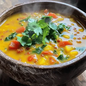 - 1 cup red lentils, rinsed - 1 can (13.5 oz) coconut milk - 4 cups vegetable broth - 1 medium onion, diced - 3 cloves garlic, minced - 1 tablespoon ginger, grated - 2 tablespoons curry powder - 1 tablespoon turmeric - 1 teaspoon cumin - Salt and pepper to taste Gathering the right ingredients is key to making this soup shine. The lentils form the soup's base. They cook up soft and soak up all the flavors. Coconut milk adds creaminess and a touch of sweetness. It balances the spices perfectly. Vegetable broth brings depth to the dish. The diced onion, minced garlic, and grated ginger are essential. They create a fragrant mix when sautéed. This step builds the soup's flavor profile. Now, let's talk spices. Curry powder gives warmth, while turmeric adds color and health. Cumin brings a nutty touch. Finish with salt and pepper to make every bite pop. For the full recipe, check the link for all the steps and tips! - Preparing the Ingredients Start by rinsing 1 cup of red lentils. This helps remove any dirt and dust. Dice 1 medium onion. Mince 3 cloves of garlic and grate 1 tablespoon of ginger. Measure out your spices: 2 tablespoons of curry powder, 1 tablespoon of turmeric, and 1 teaspoon of cumin. - Heating the Olive Oil and Sautéing the Onion In a large pot, heat 2 tablespoons of olive oil over medium heat. When the oil is warm, add the diced onion. Sauté it for about 5 minutes until it turns translucent. This step builds the base flavor for your soup. - Adding Garlic, Ginger, and Spices Once the onion is ready, add the minced garlic and grated ginger. Cook these for about 1 minute. You want the garlic to be fragrant. Then, stir in the curry powder, turmeric, and cumin. Let the spices cook for 1 minute to release their flavors. - Incorporating Lentils, Tomatoes, and Broth Now, add your rinsed lentils, 1 can of diced tomatoes (with juice), and 4 cups of vegetable broth. Stir everything well to mix. This will create a thick, hearty base for the soup. - Simmering the Soup Bring the mixture to a boil. Once it boils, reduce the heat and let it simmer for about 20 minutes. Check the lentils; they should be tender when done. - Stirring in Coconut Milk and Spinach After the lentils are cooked, stir in 1 can of coconut milk and 2 cups of spinach. Allow the soup to simmer for another 5 minutes. This step adds creaminess and a vibrant color. - Seasoning to Taste Finally, season the soup with salt, pepper, and the juice of 1 lime. Taste it to see if it needs more seasoning. Now your Coconut Curry Lentil Soup is ready to serve! Enjoy it hot, garnished with fresh cilantro on top. For the complete instructions, check the Full Recipe. Choosing the Right Lentils I prefer red lentils for this soup. They cook quickly and break down well. They give the soup a nice, creamy texture. If you use green or brown lentils, they hold their shape better. This can change the soup's feel and look. How to Avoid Overcooking Keep an eye on your lentils. They only need about 20 minutes of simmering. If you cook them too long, they may turn mushy. Check for tenderness after 15 minutes. This way, you can stop cooking right on time. Adding Additional Spices Feel free to get creative with your spices! You can add a pinch of cinnamon for warmth. A splash of soy sauce can also give it extra depth. Taste as you go, and adjust to your liking. Using Fresh vs. Frozen Spinach I like using fresh spinach for its bright flavor. If you have frozen spinach, it works great too. Just make sure to thaw and drain it before adding. Both options will add nutrients and color to your soup. Garnishing Options For a lovely touch, sprinkle fresh cilantro on top. You can also add a slice of lime for a pop of color. A drizzle of coconut cream can make it more appealing too. Serving Suggestions Serve the soup in big bowls. Pair it with crusty bread or rice for a full meal. This soup is not just tasty; it looks good too! Try this Full Recipe for all the details. {{image_2}} You can easily change some ingredients. If you want a dairy-free soup, use coconut milk instead of cream. This creamy texture comes from the coconut milk, making it rich and smooth. You can also add protein to your soup. Try chicken for more flavor or tofu for a veggie option. Both choices work well with the spices. To change the taste, consider different spice profiles. For a Thai twist, use lemongrass and lime leaves. This gives your soup a fresh and zesty flavor. For an Indian-style soup, add garam masala and coriander. This variation adds warmth and depth to the dish. Seasonal vegetables can enhance your soup. In summer, add zucchini and bell peppers for a light touch. In winter, carrots and sweet potatoes add heartiness. These changes make your soup fresh and fun all year round. You can use the [Full Recipe] as a base and mix in seasonal favorites. To keep your Coconut Curry Lentil Soup fresh, store it in airtight containers. This method prevents moisture loss and keeps flavors intact. Let the soup cool down before sealing. Avoid putting hot soup directly into the fridge. How long does it last in the fridge? The soup stays good for about 4 to 5 days. Always check for signs of spoilage, like off smells or changes in color. Freezing is a great way to extend the life of this soup. First, let the soup cool completely. Then, pour it into freezer-safe bags or containers. Make sure to leave some space for expansion. To reheat safely, thaw the soup overnight in the fridge. Then, heat it on the stove over medium heat. Stir often and add a splash of water if it seems too thick. Making this soup ahead of time is easy and smart. You can prepare a big batch and store it for quick meals. Portion the soup into single servings. This makes it easy to grab when you're busy. You can also mix in different veggies or proteins. This way, you can switch things up and enjoy varied flavors throughout the week. Check out the Full Recipe for more details. Yes, you can! Making Coconut Curry Lentil Soup ahead of time is a great idea. It tastes even better the next day. Best practices for meal prep: - Store the soup in an airtight container. - Let it cool before sealing. - Keep it in the fridge for up to five days. - Reheat it on the stove or in the microwave. This soup is hearty and filling, but a few sides can make it even better. Sides that complement the soup: - Warm naan bread for dipping. - A fresh salad with a light dressing. - Steamed jasmine rice for a great texture contrast. - Crispy papadum for added crunch. Yes! Coconut Curry Lentil Soup is perfect for vegans. It has no animal products and is full of plant-based goodness. Overview of dietary considerations: - The main ingredients are lentils, coconut milk, and veggies. - It provides protein and healthy fats. - A great choice for plant-based eaters. The spice level can vary based on your taste. The recipe includes curry powder, which adds warmth. Adjusting spice levels to taste: - For mild soup, use less curry powder. - Add a pinch of cayenne pepper for extra heat. - You can also mix in a dollop of yogurt to cool it down. Try the full recipe to make this delightful dish! Coconut curry lentil soup is tasty and easy to make. It uses red lentils, coconut milk, and vegetable broth, plus garlic, ginger, and spices. You can adjust flavors and even try variations. Store leftovers properly for later enjoyment. This dish fits many diets and can be made in advance. Dive into your cooking adventure! Enjoy the warmth and flavor of this soup while impressing your friends and family. Cooking should be fun and satisfying, so make it your own!