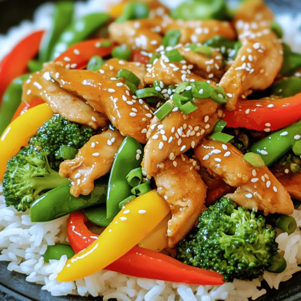 - Chicken breast and Vegetables - 1 lb chicken breast, thinly sliced - 1 bell pepper (red or yellow), sliced - 1 cup broccoli florets - 1 cup snap peas - 2 green onions, chopped - Sauce ingredients: Honey, Garlic, Soy Sauce - 2 tablespoons honey - 3 cloves garlic, minced - 1 tablespoon fresh ginger, grated - 2 tablespoons soy sauce - Additional items: Cornstarch, Oil, Seasonings - 1 tablespoon cornstarch - 2 tablespoons vegetable oil - Salt and pepper to taste - Sesame seeds for garnish These ingredients make the honey garlic chicken stir-fry easy and full of flavor. The chicken breast offers lean protein, while the vegetables add color and crunch. The honey and soy sauce blend sweet and savory tastes, creating a delightful sauce. Cornstarch helps the chicken get crispy, which gives the dish a great texture. For the best results, use fresh ingredients. Fresh vegetables maintain their crunch, and fresh garlic gives a strong flavor. I love using bell peppers because they add sweetness and color. When you gather these items, you prepare for a quick and tasty meal. You can find the full recipe in the following sections. To start, slice the chicken breast into thin pieces. This helps it cook quickly and evenly. Aim for strips about 1/4 inch thick. Next, slice your bell pepper into thin strips. For the broccoli, cut it into small florets. The snap peas can be left whole. Now, let’s mix the sauce. In a medium bowl, combine 2 tablespoons of honey, 3 minced garlic cloves, and 1 tablespoon of grated ginger. Add 2 tablespoons of soy sauce and a pinch of salt and pepper. Stir well to mix all the flavors together. Set this aside for later. Heat 1 tablespoon of vegetable oil in a large skillet over medium-high heat. Once hot, add the chicken pieces in a single layer. Cook them for about 5-7 minutes. Stir occasionally until they turn golden brown and are cooked through. When done, remove the chicken from the skillet and set it aside. In the same skillet, add another tablespoon of vegetable oil. Now, toss in the sliced bell pepper, broccoli florets, and snap peas. Stir-fry these for 3-4 minutes until they are tender but still crisp. This keeps the vegetables fresh and colorful. Return the cooked chicken to the skillet with the vegetables. Pour the honey-garlic sauce over everything. Stir gently to coat all pieces with the sauce. Cook for an additional 2-3 minutes. This allows the sauce to thicken and cling to the chicken and veggies, enhancing the flavor. Now, you are ready to serve your delicious honey garlic chicken stir-fry! - Marinate the chicken for at least 30 minutes. This helps the flavors soak in. - Cook the chicken on medium-high heat. This gives it a nice, crispy texture. - Avoid overcooking the vegetables. They should be tender but still crisp. - Use cornstarch properly. Coat the chicken evenly to get that perfect crunch. - Serve the stir-fry over jasmine rice or quinoa. This adds a nice touch and balances flavors. - Garnish with chopped green onions and sesame seeds. It makes the dish look vibrant and inviting. For the full recipe, follow the steps to create this tasty meal! {{image_2}} You can switch the chicken for tofu or shrimp. Tofu is great for a vegetarian option. Choose firm tofu for the best texture. Just press and cube it before cooking. Shrimp cooks fast and adds a nice flavor. For a vegetarian twist, use mushrooms or tempeh. These add a savory depth. Season them well with soy sauce and garlic to enhance the taste. You can add spices or herbs for more flavor. Ginger adds warmth, while chili flakes give a kick. Fresh basil or cilantro can brighten the dish. Consider using different sauces too. Hoisin sauce offers a sweet twist, while oyster sauce adds umami. Mixing in some sesame oil can give a nutty note to your stir-fry. Choose seasonal veggies for fresh taste and color. In spring, use asparagus and snap peas. Summer brings zucchini and bell peppers. Fall is great for squash and carrots. Winter can feature hearty greens like kale. Adjust cooking times based on the vegetables. Quick-cooking veggies need less time. For tougher ones, start cooking them first. This ensures everything finishes at the same time. To keep your honey garlic chicken stir-fry fresh, follow these tips: - Refrigerate: Store leftovers in an airtight container. This keeps moisture in and prevents odors from other foods. - Freeze: If you want to save some for later, freeze it in a freezer-safe bag or container. Remove as much air as possible to avoid freezer burn. To enjoy your stir-fry again, reheat it carefully: - Microwave: Place your leftovers in a microwave-safe dish. Heat in short bursts of 30 seconds, stirring in between. This helps keep the chicken and veggies from getting tough. - Stovetop: Heat a small amount of oil in a skillet over medium heat. Add the stir-fry and cook, stirring often. This method helps maintain the dish's texture. To enhance the flavor of your leftovers, consider adding a splash of soy sauce or a drizzle of honey while reheating. This will bring back that tasty sauce flavor! You can add heat by using fresh peppers or hot sauce. Slice fresh jalapeños or crushed red pepper into the dish. You can also mix in a dash of Sriracha for extra kick. Adjust the amount to suit your taste. Yes, you can prep the chicken and vegetables ahead. Slice the chicken and veggies and store them in the fridge. Keep the sauce in a separate container. This helps keep everything fresh until you are ready to cook. This dish pairs well with various sides. Serve it over jasmine rice or quinoa. You can also add a simple salad or some steamed dumplings for a complete meal. Absolutely! Portion the stir-fry into meal prep containers. It stores well in the fridge for up to four days. Just reheat in the microwave when you are ready to eat. To make honey garlic chicken stir-fry, gather these ingredients: - 1 lb chicken breast, thinly sliced - 2 tablespoons honey - 3 cloves garlic, minced - 1 tablespoon fresh ginger, grated - 2 tablespoons soy sauce - 1 tablespoon cornstarch - 2 tablespoons vegetable oil - 1 bell pepper (red or yellow), sliced - 1 cup broccoli florets - 1 cup snap peas - 2 green onions, chopped - Sesame seeds for garnish - Salt and pepper to taste Follow the step-by-step directions for a delicious meal. Enjoy! In this blog post, we explored how to prepare a delicious honey garlic chicken stir-fry. We discussed the key ingredients, step-by-step instructions, and tips for the best results. Cooking this dish can be easy yet rewarding. Remember to try different proteins, seasonings, or vegetables to create your perfect stir-fry. With practice, you will impress anyone who shares your meal. Enjoy your cooking journey!