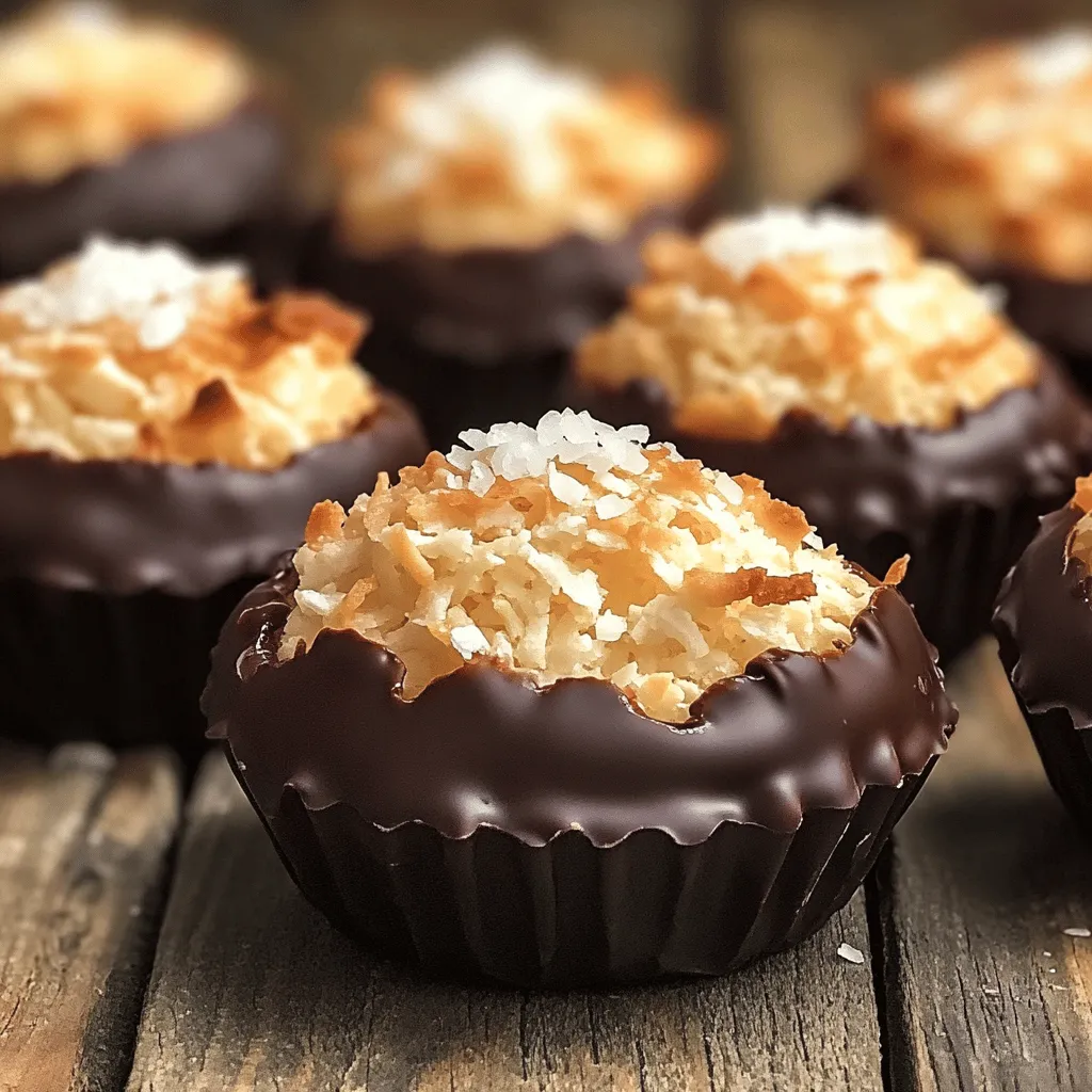 - 2 ½ cups unsweetened shredded coconut - 2/3 cup sweetened condensed milk - 1 teaspoon vanilla extract - ½ teaspoon almond extract - ½ teaspoon sea salt - 2 large egg whites - 1/4 cup granulated sugar - 4 ounces dark chocolate (70% cocoa or higher) - Sea salt flakes (for topping, optional) When I make coconut macaroons with dark chocolate, I focus on quality ingredients. The unsweetened shredded coconut gives a great texture and flavor. Sweetened condensed milk adds just the right amount of sweetness and moisture. The vanilla and almond extracts bring depth to the taste. A pinch of sea salt balances the sweetness. You need two large egg whites to create a light, airy texture. Granulated sugar helps stabilize the whipped egg whites. For the chocolate, I like to use dark chocolate with at least 70% cocoa. It pairs perfectly with the sweetness of the macaroons. Finally, adding sea salt flakes on top is optional, but I find it makes the treat even better. If you want to dive deeper into the baking process, don’t forget to check the Full Recipe for step-by-step guidance! 1. Preheating the Oven and Preparing the Baking Sheet Start by preheating your oven to 325°F (160°C). Line a baking sheet with parchment paper. This step helps prevent sticking. 2. Mixing the Coconut Mixture In a large bowl, combine 2 ½ cups of unsweetened shredded coconut, 2/3 cup of sweetened condensed milk, 1 teaspoon of vanilla extract, ½ teaspoon of almond extract, and ½ teaspoon of sea salt. Mix until everything is well blended. The mixture should hold together when pressed. 3. Whipping the Egg Whites In a separate bowl, beat 2 large egg whites with a handheld mixer. Whip until soft peaks form, which takes about 2 minutes. Gradually add 1/4 cup of granulated sugar. Continue beating until stiff peaks form, which should take 2-3 more minutes. 1. Folding the Egg Whites into the Coconut Mixture Gently fold the whipped egg whites into the coconut mixture. Be careful not to deflate the egg whites. Mix until just combined for the best texture. 2. Molding and Placing on Baking Sheet Use a tablespoon or cookie scoop to drop mounds of the mixture onto the prepared baking sheet. Space them about 2 inches apart to allow for spreading. 1. Baking Process and Timing Bake the macaroons in your preheated oven for 20-25 minutes. They should be golden brown on top when done. 2. Cooling the Macaroons Once baked, remove the baking sheet from the oven. Let the macaroons cool completely on the sheet. This helps them firm up. 1. Melting the Dark Chocolate In a microwave-safe bowl, melt 4 ounces of dark chocolate, which should be 70% cocoa or higher. Heat in 30-second intervals, stirring until smooth. 2. Dipping the Macaroons in Chocolate After the macaroons have cooled, dip the bottoms into the melted chocolate. Let the excess chocolate drip off before placing them back on the parchment paper. You can find the Full Recipe for more details on making these delicious treats. Enjoy your time in the kitchen! Importance of Egg White Whipping Whipping egg whites is key to a light and airy texture in your macaroons. Start with clean, dry bowls to ensure the egg whites whip well. Use a handheld mixer on medium speed. Beat until soft peaks form, which takes about two minutes. Then, add granulated sugar slowly. Keep mixing until you see stiff peaks, which takes another two to three minutes. This step is crucial, as stiff peaks help the macaroons hold their shape while baking. Mixing Techniques to Avoid Deflation Be gentle when folding the whipped egg whites into the coconut mixture. Use a spatula and fold in a circular motion. This keeps the air from escaping. Mix just until combined; over-mixing can lead to flat macaroons. The final mixture should look thick and slightly shiny, ready for mounding on your baking sheet. Using Different Extracts You can customize the flavor of your macaroons. While vanilla and almond extracts work well, try other options too. Coconut extract adds more coconut flavor and makes each bite richer. A hint of rum extract can provide a tropical twist. Experimenting with extracts can transform your macaroons into something special. Adding Toppings or Additional Flavors Toppings can elevate your macaroons. Try sprinkling sea salt flakes on top of the chocolate for a sweet-salty combo. You can also add crushed nuts or colorful sprinkles for a fun look. For added texture, mix in chocolate chips or dried fruits to the coconut mixture before baking. These small changes can give you a unique treat every time. For the complete recipe, check out the Full Recipe. {{image_2}} Coconut macaroons are a great base. You can change them up in fun ways! - Coconut Macaroons with White Chocolate: Swap dark chocolate for white chocolate. The sweet, creamy flavor pairs well with coconut. Just melt the white chocolate and dip the cooled macaroons like before. - Chocolate-Covered Macaroons with Different Fillings: Get creative! Try adding fillings like peanut butter or fruit jams inside the macaroon. After baking, dip them in chocolate for a tasty twist. You can easily modify the recipe for different diets. - Vegan Coconut Macaroons Option: To make vegan macaroons, replace the egg whites with aquafaba. This is the liquid from canned chickpeas. Whip it just like egg whites until it forms stiff peaks. Use maple syrup instead of sweetened condensed milk for sweetness. - Gluten-Free Ingredients: Good news! This recipe is naturally gluten-free. Just check the labels on your ingredients to be sure. Your macaroons will still taste great! You can enjoy these variations and dietary options to make coconut macaroons that fit your taste and needs. For the complete recipe, refer to the Full Recipe section. To keep your coconut macaroons fresh, store them in an airtight container. This will prevent them from drying out. Place a piece of parchment paper between layers to avoid sticking. You can keep them at room temperature for up to three days. If you want to store them longer, freezing works great. Wrap each macaroon in plastic wrap. Then, put them in a freezer-safe bag. They can stay frozen for up to three months. When ready to enjoy, just thaw them in the fridge overnight. In the refrigerator, your macaroons can last about a week. Keep them in an airtight container for best results. You’ll know they have spoiled if they smell off or show signs of mold. If they feel hard or dry, it's time to toss them. Enjoy them fresh for the best taste! How do you make coconut macaroons from scratch? To make coconut macaroons, mix unsweetened coconut with sweetened condensed milk, vanilla, almond extract, and sea salt. Then whip egg whites with sugar until stiff peaks form. Fold the egg whites into the coconut mix, scoop onto a baking sheet, and bake until golden. Can I use sweetened coconut instead of unsweetened? Yes, you can use sweetened coconut. It will make your macaroons sweeter. Just note that you may want to reduce the sweetened condensed milk to balance the sweetness. How can I prevent my macaroons from collapsing? To prevent collapsing, ensure your egg whites reach stiff peaks. Fold gently, and do not overmix. Also, space the macaroons well on the baking sheet to allow them to rise. What type of dark chocolate is best for melting? Use dark chocolate with 70% cocoa or higher. This kind melts smoothly and gives a rich flavor. Chopping the chocolate helps it melt evenly. Can I make these macaroons ahead of time? Yes, you can make macaroons ahead. Store them in an airtight container for up to a week. You can also freeze them, but dip them in chocolate just before serving for the best taste. For more details, you can check the Full Recipe. This blog post covered how to make delicious coconut macaroons. We discussed the key ingredients, preparation steps, and baking tips. You learned how to enhance flavors and explore variations. The storage section showed you how to keep your treats fresh. Making coconut macaroons is fun and simple. You can experiment with flavors or dietary needs. Enjoy every bite of your sweet creations!