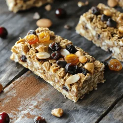 To make tasty homemade granola bars, gather these simple ingredients: - 2 cups rolled oats - 1 cup mixed nuts (almonds, walnuts, cashews) chopped - 1/2 cup honey or maple syrup - 1/2 cup nut butter (almond or peanut butter) - 1/2 cup dried fruits (raisins, cranberries, apricots) - 1/4 cup dark chocolate chips (optional) - 1 teaspoon vanilla extract - 1/2 teaspoon salt - 1/2 teaspoon cinnamon These ingredients work together to create a chewy and crunchy treat. The oats give a hearty base, while the nuts add healthy fats and protein. Dried fruits add natural sweetness, and chocolate chips bring in a fun twist. For making these bars, you will need a few handy tools: - Mixing bowls - Baking dish (8x8 inches) - Parchment paper - Spatula - Saucepan Having these tools ready makes the process smooth. The mixing bowls help combine the dry and wet ingredients. The baking dish holds everything as it bakes. Parchment paper helps with clean-up and easy removal of the bars. If you follow this list, you'll be set to create your own delicious granola bars! For the full recipe, check the detailed instructions ahead. 1. Preheat your oven to 350°F (175°C). 2. Line an 8x8-inch baking dish with parchment paper. Leave some paper hanging over the sides. This helps you lift the bars out later. 3. In a large mixing bowl, add the rolled oats, chopped nuts, salt, and cinnamon. Stir them well to mix. 1. In a small saucepan, combine honey and nut butter over low heat. 2. Stir until the mixture is smooth and well blended. 3. Remove the pan from heat and add the vanilla extract. Stir it in. 1. Pour the warm honey-nut butter mixture over the dry ingredients. Mix until everything is well coated. 2. If you are using dried fruits or dark chocolate chips, fold them in now. Make sure they are evenly mixed. 3. Transfer the mixture into the prepared baking dish. Spread it evenly and press down firmly with a spatula. 4. Bake in the oven for 20 to 25 minutes. Look for golden brown edges. 5. Once baked, let it cool completely in the dish. Use the parchment overhang to lift it out. 6. Cut into bars or squares. Store them in an airtight container at room temperature for up to a week. Enjoy your crunchy nutty granola bars! For more details, check the Full Recipe. To get the right crunch in your granola bars, you must adjust the baking time. Bake for about 20-25 minutes. Look for a golden brown color on the edges. If you want more crunch, leave them in a bit longer. Just watch closely! Packing the mixture tightly is key for density. After mixing all your ingredients, use a spatula to press it down firmly in the baking dish. This helps the bars hold together better once they cool. You can easily boost the flavor of your bars. Adding spices like nutmeg or chia seeds gives a nice twist. Just a pinch of nutmeg can make a big difference. Chia seeds add a nutty taste and some crunch. Using flavored nut butters also adds variety. Try almond butter with a hint of cinnamon or chocolate nut butter for something special. These small changes create unique and tasty bars. If you have dietary preferences, don’t worry! You can make simple substitutions. Use agave syrup instead of honey for a vegan option. Swap nuts for seeds if you have nut allergies. Keep track of calorie counts and serving sizes. Each bar has about 150 calories. You can adjust the size if you need smaller or larger portions. This helps you manage your snacks better while enjoying delicious treats. {{image_2}} You can mix different flavors to make granola bars fun. I love chocolate chip and peanut butter. The chocolate adds sweetness, while the peanut butter gives a nice, creamy texture. You can also try tropical fruit and coconut. This combo brings a burst of sunshine to your snack. Dried pineapple and coconut flakes pair well for a refreshing taste. If you follow a gluten-free diet, you can use gluten-free oats. They taste just as good! For vegan options, swap honey for maple syrup. You can also use almond butter instead of regular nut butter. These changes keep the bars tasty and healthy for everyone. Change your granola bars with the seasons. In fall, add pumpkin spice for warmth. It gives a cozy flavor that warms you up. In summer, use fresh berries like strawberries or blueberries. They add natural sweetness and color to your bars. It's a fun way to enjoy seasonal fruits! To keep your homemade granola bars fresh, use airtight containers. This helps them stay crisp and tasty. You can store them at room temperature for up to a week. If you prefer, put them in the fridge. This can help them last longer, but they may lose some crunch. Homemade granola bars can last about one week at room temperature. If refrigerated, they can last up to two weeks. Look for signs of spoilage. If they smell off or feel very hard, it’s best to throw them out. Freezing granola bars is easy and smart. First, wrap each bar in plastic wrap. Then, place them in a freezer bag or airtight container. This way, they can stay fresh for up to three months. When you want to eat one, thaw it in the fridge overnight. For the best taste, let it sit at room temperature for a bit before enjoying. For the full recipe, check out the Crunchy Nutty Granola Bars section. To make homemade granola bars, start by gathering your ingredients. You will need rolled oats, mixed nuts, honey, nut butter, dried fruits, and a few extras like chocolate chips. Here are the key steps: 1. Preheat your oven to 350°F (175°C) and line an 8x8-inch baking dish with parchment paper. 2. In a bowl, mix the oats, chopped nuts, salt, and cinnamon. 3. In a saucepan, melt the honey and nut butter together over low heat. Stir until smooth, then add vanilla. 4. Pour this mixture into the dry ingredients and stir well. 5. Add in dried fruits and chocolate chips, mixing until evenly coated. 6. Spread the mixture in the baking dish and press it down firmly. 7. Bake for 20-25 minutes until golden brown. 8. Once cool, lift it out and cut into bars. Common mistakes to avoid include not pressing the mixture firmly enough and overbaking, which makes them hard. Yes, you can customize the ingredients in your granola bars. Here are some great substitutions: - Nut butter: If you have nut allergies, try sunflower seed butter or tahini. - Sweetener: You can replace honey with agave syrup or brown rice syrup. - Dried fruits: Use any dried fruit you like, such as figs, dates, or apples. - Nuts: If you dislike nuts, try seeds or skip them altogether. These adjustments allow you to tailor the bars to fit your tastes and dietary needs. To cut granola bars cleanly, follow these techniques: - Use a sharp knife and cut while the bars are still in the pan. - Score the bars lightly with a knife before cutting all the way through. - For neat edges, spray the knife with a little cooking oil to prevent sticking. This method ensures you get perfect, even bars every time. Making homemade granola bars is easy and fun. We covered the main ingredients, tools, and step-by-step instructions. You can customize flavors and textures to fit your taste. Storage tips help keep them fresh longer. Whether you like chocolate or fruit, there’s a combination for everyone. Remember, these bars are great for snacks or breakfast. Trying new variations can keep things exciting. Enjoy making your own delicious, healthy snacks at home!